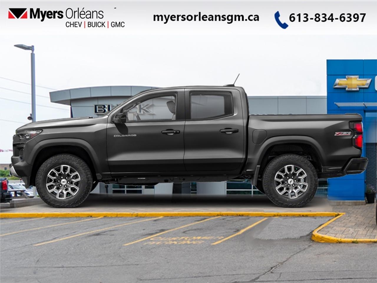 <b>LED Lights, Off-Road Suspension, Aluminum Wheels, Apple CarPlay, Android Auto, Proximity Key, Lane Keep Assist, Lane Departure Warning, Front Pedestrian Braking</b><br> <br> This all-new 2023 Colorado isnt just for people who want to do more  its for those who dare to be more. This 2023 Chevrolet Colorado is fresh on our lot in Orleans.<br> <br>Redesigned for 2023 with updated powertrain options and a vastly improved interior, this Chevrolet Colorado is simply unstoppable. Boasting a raft of features for supreme off-roading prowess, this truck will take you over all terrain and back, without breaking a sweat. This 2023 Colorado is a great embodiment of versatility, capability and great value.<br> <br>This Crew Cab 4X4 pickup has 100,614 km. Its Black in colour and is completely accident free based on the <a href=https://vhr.carfax.ca/?id=Mg9fML04svuU8bGD8y4bptWi9MzYIwpC target=_blank>CARFAX Report</a>. It has an Automatic transmission and is powered by a 310HP 2.7L 4 Cylinder Engine. <br> <br> Our Colorados trim level is Z71. This Z71 doubles down on the Colorados off-roading chops, with even more power output, upgraded all-terrain aluminum wheels, front recovery hooks, LED headlights and fog lamps, hill descent control, a locking rear differential and off-roading suspension with switchable drive modes, along with push button start and daytime running lights, along with great standard features such as a vivid 11.3-inch diagonal infotainment screen with Apple CarPlay and Android Auto, remote keyless entry, air conditioning, and a 6-speaker audio system. Safety features include automatic emergency braking, front pedestrian braking, lane keeping assist with lane departure warning, Teen Driver, and forward collision alert with IntelliBeam high beam assist.<br> <br>To apply right now for financing use this link: <a href=https://www.myersorleansgm.ca/FinancePreQualForm target=_blank>https://www.myersorleansgm.ca/FinancePreQualForm</a><br> <br/>Buy this vehicle now for the lowest bi-weekly payment of <b>$380.58</b> with $0 down for 96 months @ 7.99% APR O.A.C. ( Plus applicable taxes - Plus applicable fees ). See dealer for details. <br><br>*MYERS LIFETIME ENGINE AND TRANSMISSION COVERAGE CERTIFICATE NOT AVAILABLE ON VEHICLES WITH KMS EXCEEDING 140,000KM, VEHICLES 8 YEARS & OLDER, OR HIGHLINE BRAND VEHICLE(eg. BMW, INFINITI. CADILLAC, LEXUS...)<br> Come by and check out our fleet of 40+ used cars and trucks and 200+ new cars and trucks for sale in Orleans.  o~o