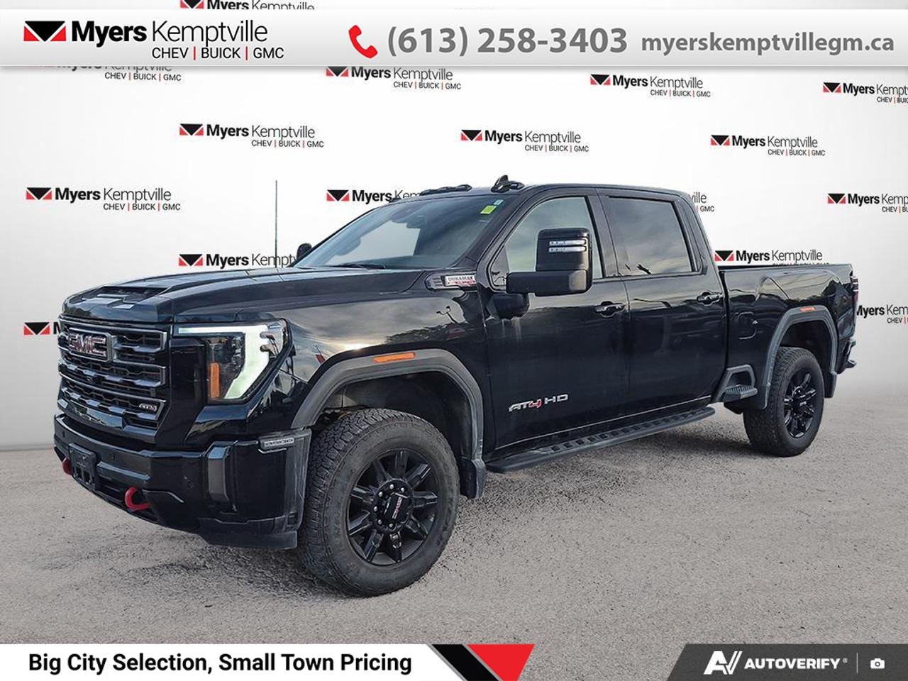 <b>Low Mileage, Leather Seats,  Cooled Seats,  Off-Road Suspension,  Power Pedals,  Apple CarPlay!</b><br> <br> This 2024 GMC Sierra 2500HD is for sale today.<br> <br>This 2024 GMC 2500HD is highly configurable work truck that can haul a colossal amount of weight thanks to its potent drivetrain. This truck also offers amazing interior features that nestle occupants in comfort and luxury, with a great selection of tech features. For heavy-duty activities and even long-haul trips, the 2500HD is all the truck youll ever need.<br> <br>This low mileage sought after diesel Crew Cab 4X4 pickup has just 20,168 km. Its nice in colour. It has an Automatic transmission and is powered by a 470HP 6.6L 8 Cylinder Engine. <br> <br> Our Sierra 2500HDs trim level is AT4. Get ready to shred with this Sierra HD AT4, complete with an off-road suspension package, skid plates, hill descent control, red recovery hooks, a spray on bedliner and a blacked-out front grille. This sweet truck also comes with leather cooled seats, power adjustable pedals with memory settings, a heavy-duty locking rear differential, signature LED lighting, a larger 8 inch touchscreen premium infotainment system with wireless Apple CarPlay, Android Auto and 4G LTE capability, stylish aluminum wheels, remote keyless entry and a remote engine start, a CornerStep rear bumper and cargo tie downs hooks with LED box lighting. Additionally, this truck also comes with a useful rear vision camera with hitch guidance, a leather wrapped steering wheel with audio controls, and a ProGrade trailering system with an integrated brake controller. This vehicle has been upgraded with the following features: Leather Seats, Cooled Seats, Off-Road Suspension, Power Pedals, Apple CarPlay, Android Auto, LED Lights.<br> <br>To apply right now for financing use this link: <a href=https://www.myerskemptvillegm.ca/finance/ target=_blank>https://www.myerskemptvillegm.ca/finance/</a><br> <br/><br>Myers deals with almost every major lender and can offer the most competitive financing options available. All of our premium used vehicles are fully detailed, subjected to a minimum 150 point inspection and are fully backed by the dealership and General Motors. <br><br>For more details on our Myers Exclusive Engine Transmission for life coverage, follow this link: <a href=https://www.myerskanatagm.ca/myers-engine-transmission-for-life/>Life Time Coverage</a>*LIFETIME ENGINE TRANSMISSION WARRANTY NOT AVAILABLE ON VEHICLES WITH KMS EXCEEDING 140,000KM, VEHICLES 8 YEARS & OLDER, OR HIGHLINE BRAND VEHICLE(eg. BMW, INFINITI. CADILLAC, LEXUS...) o~o