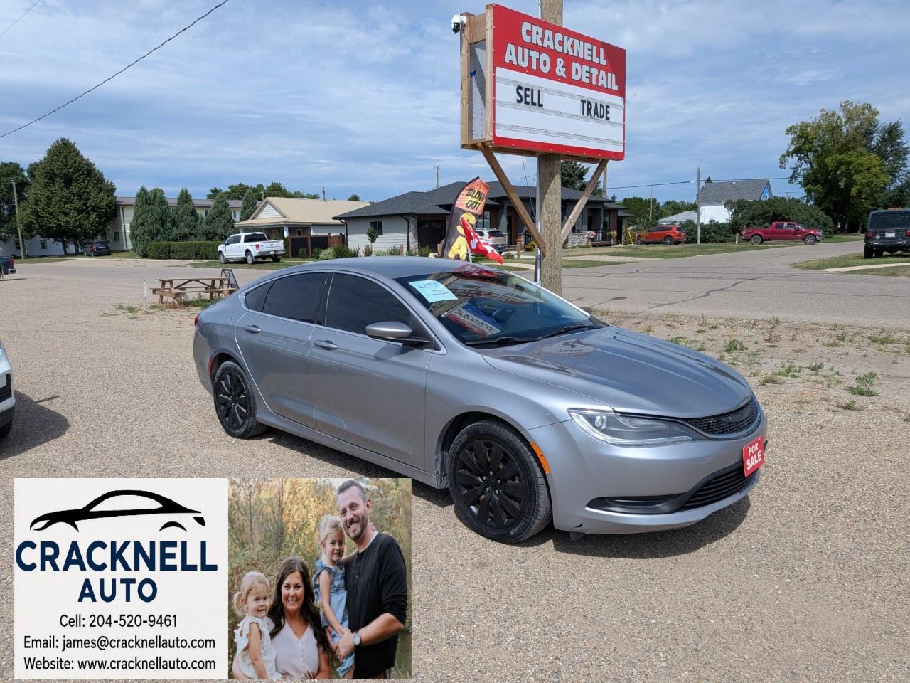 <p>2015 Chrysler 200 LX  Clean Title / Safetied</p><p>Comfortable, stylish, and fuel-efficient, this 2015 Chrysler 200 LX is a practical sedan for commuting, highway driving, or everyday use. It offers a smooth ride, a spacious interior, and plenty of convenient features.</p><p>Located at Cracknell Auto in Carberry, Manitoba. Carfax available.</p><ul><li><p>Clean title</p></li><li><p>Manitoba safety included</p></li><li><p>No extra dealership fees</p></li><li><p>Fuel-efficient 2.4L 4-cylinder engine</p></li><li><p>Automatic transmission</p></li><li><p>Front-wheel drive</p></li><li><p>Air conditioning</p></li><li><p>Cruise control</p></li><li><p>Power windows, locks, and mirrors</p></li><li><p>Keyless entry</p></li><li><p>Push-button start</p></li><li><p>Steering-wheel-mounted controls</p></li><li><p>AM/FM audio system</p></li><li><p>USB and auxiliary inputs</p></li><li><p>Spacious seating for five</p></li><li><p>Large trunk</p></li><li><p>Split-folding rear seats</p></li></ul><p>Financing Available / Trades Welcome / Delivery Available.</p><p>Call/Text <strong><u>204-520-9461</u></strong></p><p>Dealer #5905</p><p>Treaty cards accepted  7-day insurance available, meaning you can drive home the same day even if MPI is closed (good for weekends and after hours).</p><p></p>