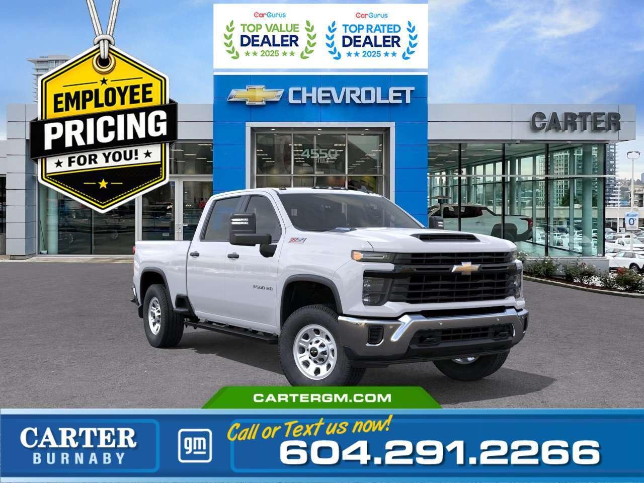 <b>GREAT NEWS! THE EMPLOYEE PRICING EVENT IS BACK!</b> Take advantage of exclusive Employee Pricing on eligible new vehicles and enjoy exceptional value for a limited time. This is your opportunity to save on the vehicle youve been waiting for while inventory lasts. Contact us today to confirm your eligibility and discover the available offers on your preferred model. Built for serious capability, the 2026 Chevrolet Silverado 3500HD Work Truck 4WD delivers with a powerful Duramax 6.6L Turbo-Diesel V8 and its Z71 Off-Road Package. Stay confident on the job with StabiliTrak, trailer sway control, Lane Departure Warning, and Following Distance Indicator. Trailering is effortless with Hitch Guidance and heated, power-adjustable trailering mirrors. Inside, a power driver seat adds comfort to every drive. Come take it for a test drive today and experience all this stylish vehicle has to offer! <b>WHY CARTER GM BURNABY?</b> - An unrivalled vehicle purchasing experience! - Exceeding our loyal customers expectations since 1963 - 4.5 Google star rating with 2,300+ customer reviews) - CarGurus Top-Rated Dealer 2025 Award - CarGurus Top Value Dealer 2025 Award - Vehicle trades welcome! Best price guaranteed! - We provide upfront pricing, zero hidden fees, and 100% transparency - Fast approvals and 99% acceptance rates (no matter your current credit status!) - Multilingual staff (many languages spoken) - Comfortable non-pressured environment with in-store television, WIFI and a childrens play area! - In-store restaurant: fresh daily menu <p><img src=https://gmtadvantage-com.cdn-convertus.com/uploads/sites/16/2025/09/Carter-GM-Burnaby-Car-Gurus-Awards-2025.png alt="" width="300" height="77" /></p> Were here to help you drive the vehicle you want, the vehicle you deserve! <b>QUESTIONS? GREAT! WEVE GOT ANSWERS!</b> To speak with a friendly vehicle specialist - <b>CALL NOW!</b> <small>The advertised price includes all standard dealer fees and any applicable manufacturer or dealer incentives. It does not include applicable taxes, licensing, insurance, or optional products or services. Dealer fees will be clearly broken out and itemized on the bill of sale, maximum total of fees $699.00. Prices are shown in Canadian dollars. While we make every effort to ensure accuracy, vehicle details, pricing, options, and availability are subject to change without notice. Please confirm all information with dealership sales management before purchase. Dealer Code: 81129</small>