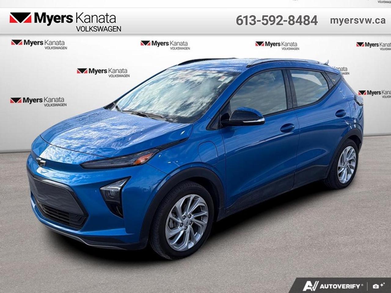 <b>Electric Vehicle,  Fast Charging,  Apple CarPlay,  Android Auto,  Wireless Charging!</b><br> <br>  Compare at $27390 - Our Price is just $26592! <br> <br>With convenient and easy charging options, energy-optimizing tech and a plethora of EV perks, this 2023 Chevy Bolt EUV proves the future is electric. This 2023 Chevrolet Bolt EUV is fresh on our lot in Kanata.<br> <br>This 2023 Chevrolet Bolt EUV brings fun and excitement to the electric SUV segment. Bold colors, a striking shape with expertly sculpted lines, easy to read displays and more cargo room make this a must-have compact SUV for the modern age. Freedom from gas stations is the cherry on top, with impressive range, fast charging times, and all the driver information you need to make driving this 2023 Chevy Bolt EUV a breeze.<br> <br>This SUV has 74,122 km. Its Bright Blue Metallic in colour and is completely accident free based on the <a href=https://vhr.carfax.ca/?id=e+ETOMmtTyMeEpXM+877wC7nUCq3qstn target=_blank>CARFAX Report</a>. It has an Automatic transmission and is powered by a smooth engine. <br> <br> Our Bolt EUVs trim level is LT. This Chevy Bolt LT is more than an eco-friendly budget beast that offers fast charging, on demand regenerative braking, and aluminum wheels. It also comes with all the modern technology you expect from an EV, like the Chevy Infotainment System with Wi-Fi, Android Auto, Apple CarPlay, and Bluetooth connectivity all controlled via the large touchscreen. If you need more reasons to love it, it also has a configurable driver information centre with selectable themes, programmable charging, remote keyless entry, ambient LED lighting, and Teen Driver technology. This vehicle has been upgraded with the following features: Electric Vehicle, Fast Charging, Apple CarPlay, Android Auto, Wireless Charging, Heated Steering Wheel, Blind Spot Detection.<br> <br>To apply right now for financing use this link: <a href=https://www.myersvw.ca/financing-request/ target=_blank>https://www.myersvw.ca/financing-request/</a><br> <br/><br>Backed by Myers Exclusive NO Charge Engine/Transmission for life program lends itself for your peace of mind and you can buy with confidence. Call one of our experienced Sales Representatives today and book your very own test drive! Why buy from us? Move with the Myers Automotive Group since 1942! We take all trade-ins - Appraisers on site - Full safety inspection including e-testing and professional detailing prior delivery! <br><br>*LIFETIME ENGINE TRANSMISSION WARRANTY NOT AVAILABLE ON VEHICLES MARKED AS-IS, VEHICLES WITH KMS EXCEEDING 140,000KM, VEHICLES 8 YEARS & OLDER, OR HIGHLINE BRAND VEHICLES (eg.BMW, INFINITI, CADILLAC, LEXUS...). FINANCING OPTIONS NOT AVAILABLE ON VEHICLES MARKED AS-IS OR AS-TRADED.<br> Come by and check out our fleet of 30+ used cars and trucks and 100+ new cars and trucks for sale in Kanata.  o~o