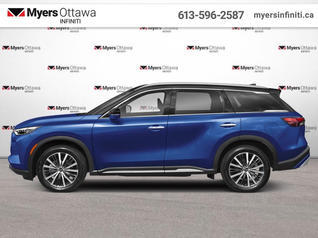 <b>One Owner, Local, Low Mileage, Air, Tilt, Cruise, Power Locks!</b><br> <br>  Compare at $49229 - Our Price is just $47795! <br> <br>This Infiniti QX60 has a rich look and excellent interior space. This 2023 INFINITI QX60 is fresh on our lot in Ottawa.<br> <br>This Infiniti QX60 is transforming the seven-passenger crossover segment with a harmonious connection between expressive design, attention to detail, and intuitive technology. Dont let its beauty fool you though. This QX60 can handle the toughest roads.  Experience luxury made sensory and desire with unprecedented potential.<br> <br>This low mileage SUV has just 23,500 km. Its Moonbow Blue in colour and is completely accident free based on the <a href=https://vhr.carfax.ca/?id=YatMMm3hiMJM+ek+xYsVfqe1c7WWspIk target=_blank>CARFAX Report</a>. It has an Automatic transmission and is powered by a 295HP 3.5L V6 Cylinder Engine. <br> <br> Our QX60s trim level is Autograph. A gorgeous sunroof, heads up display, wood trim, cozy heated and cooled leather seats with contrast stitching and piping, massage and memory settings, and a comforting heated steering wheel set the vibe in this luxurious QX60. INFINITI InTouch with navigation, Bose premium audio, Android Auto, Wireless Apple CarPlay, hands free phone and audio streaming, hands free texting, wi-fi, and even more connectivity features make every drive a confident easy experience. Proximity keys, remote start, a proximity power liftgate, and rain sensing wipers offer top shelf convenience while distance pacing cruise with stop and go, parking sensors, lane keep assist, blind spot intervention, collision warning, lane departure warning, collision mitigation, emergency braking, driver alert, and an aerial view camera help you stay safe. This vehicle has been upgraded with the following features: Air, Tilt, Cruise, Power Locks, Power Mirrors, Power Windows, Back Up Camera.<br> <br>To apply right now for financing use this link: <a href=https://www.myersinfiniti.ca/finance/ target=_blank>https://www.myersinfiniti.ca/finance/</a><br> <br/>Buy this vehicle now for the lowest bi-weekly payment of <b>$400.34</b> with $0 down for 84 months @ 8.99% APR O.A.C. ( taxes included, and licensing fees ). See dealer for details. <br><br>*LIFETIME ENGINE TRANSMISSION WARRANTY NOT AVAILABLE ON VEHICLES WITH KMS EXCEEDING 140,000KM, VEHICLES 8 YEARS & OLDER, OR HIGHLINE BRAND VEHICLE(eg. BMW, INFINITI. CADILLAC, LEXUS...)<br> Come by and check out our fleet of 50+ used cars and trucks and 60+ new cars and trucks for sale in Ottawa.  o~o