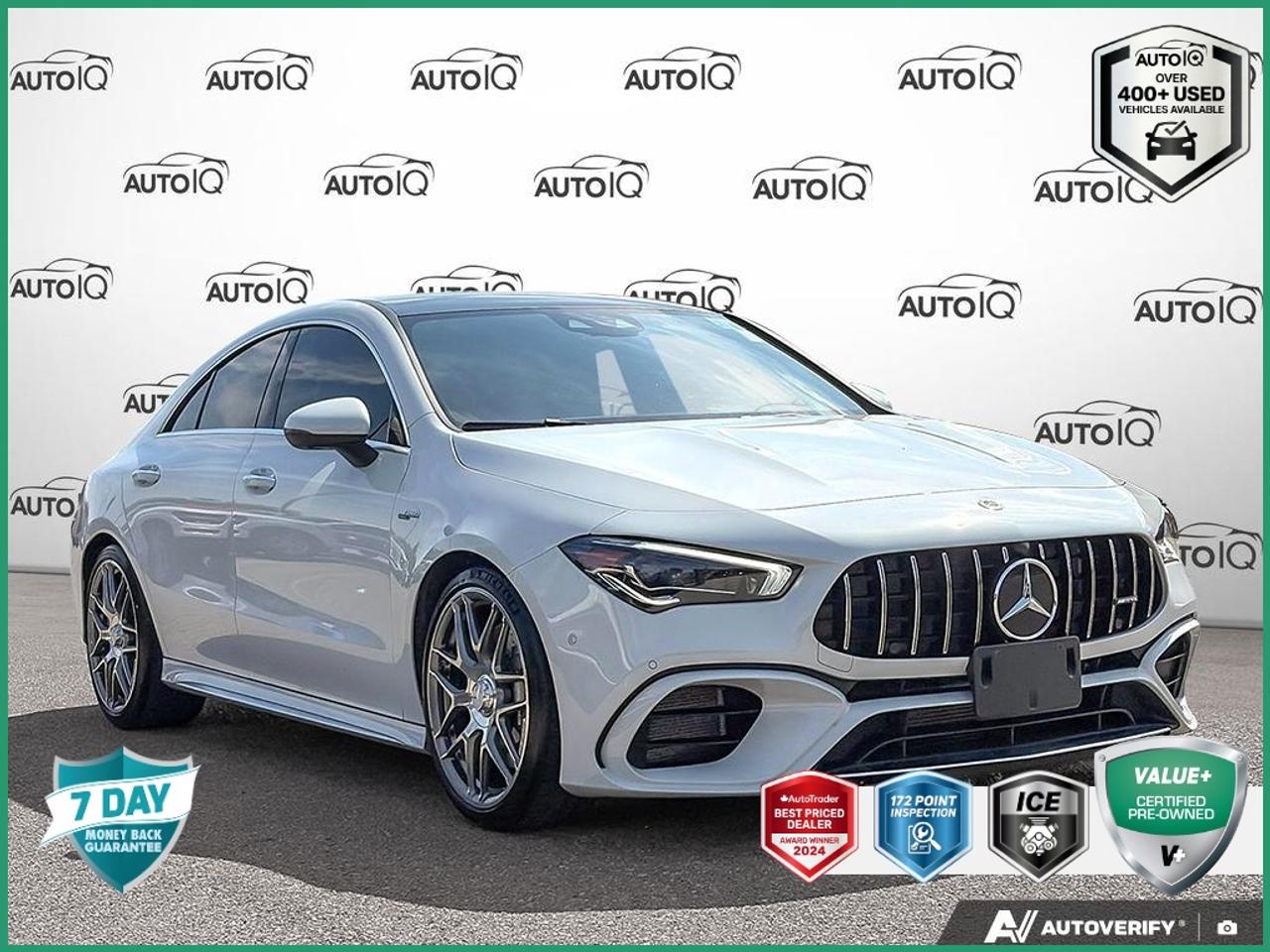 ACCIDENT FREE, NEW BRAKES, NEW TIRES, 172-POINT INSPECTION, CERTIFIED, NAV, ADAPTIVE CRUISE, 360 CAM, CARPLAY/ANDROID AUTO, HEATED SEATS, HEATED STEERING, 10.25 Central Media Display! <b>OEM OPTIONS: </b>360 CAMERA ,  AMG DRIVERS PK ,  AMG NIGHT PK ,  AMG TRACK PK ,  BLK LEATHER UPHOLSTERY ,  BRUSHED ALUMINUM TRIM ,  DESIGNO RED SEATBELTS ,  FRONT SPORT SEATS ,  NAVIGATION PK ,  POLAR WHITE ,  PREM PK ,  TECH PK ,  TIRES 19 ,  WHLS 19 AMG CROSS-SPOKE FORGED<br><br><b>MARKET VALUE PRICED:</b> Safety Inspected & Ready.<br>- SWEET SPOT: Perfect balance.<br>- Qualifies for Prime Rates.<br><br><b>PERFORMANCE & CAPABILITY: </b>Check out this well-maintained <b>2021 Mercedes-Benz AMG CLA 45</b> finished in Polar White with a Black, Leather Upholstery interior, creating a sharp, classic, and high-contrast appeal. The classic Sedan body style provides a comfortable ride, good fuel efficiency, and a sleek profile suitable for daily driving. Powered by a responsive <b>2.0L 4cyl</b> engine paired with a smooth <b>8 Speed Automatic with Auto-shift</b> and a confident <b>AWD</b> system.<br><br><b>MARKET VALUE: </b><br> - <b>Top Market Value:</b> Ranked #1 for overall value (features vs. price) in the market.<br><br><b>VEHICLE HISTORY: </b><br> - <b>CARFAX Verified:</b> No Accidents Reported.<br><br><b>PROFILE & PEDIGREE: </b><br> - <b>Service History:</b> Ask our team to review available service records with you.<br> - <b>Critically Acclaimed Model:</b> Often highlighted in reviews for its safety and performance.<br><br><b>APPRAISAL INSIGHTS: </b> - Recent Service: Appraisal notes indicate new tires may have been installed. The <b>All-Wheel Drive</b> system provides enhanced traction and stability, offering confident handling in all weather conditions.<br>Powered by a versatile <b>2.0L 4cyl</b>, offering a great balance of performance and fuel efficiency. The <b>8-Speed Automatic</b> transmission with <b>Auto-shift</b> gives you the best of both worlds: effortless automatic driving and the option for manual control for a sportier feel.<br><br><b>EQUIPMENT: </b><br><b>Safety & Driver Assistance:</b> PANIC ALARM, TRACTION CONTROL, ABS BRAKES, BRAKE ASSIST, CHILDSEAT SENSING AIRBAG, DUAL FRONT IMPACT AIRBAGS<br><b>Comfort & Convenience:</b> POWER PASSENGER SEAT, ILLUMINATED ENTRY, PASSENGER VANITY MIRROR, REMOTE KEYLESS ENTRY, OVERHEAD CONSOLE, POWER WINDOWS<br><b>Technology & Entertainment:</b> TRIP COMPUTER, RADIO DATA SYSTEM, TACHOMETER, OUTSIDE TEMPERATURE DISPLAY, NAVIGATION SYSTEM, NAVIGATION PACKAGE<br><b>Performance & Capability:</b> FOUR WHEEL INDEPENDENT SUSPENSION, FRONT ANTI-ROLL BAR, REAR ANTI-ROLL BAR, SPEED-SENSING STEERING<br><b>Exterior & Styling:</b> ALLOY WHEELS, SPOILER, REAR FOG LIGHTS, DELAY-OFF HEADLIGHTS, FULLY AUTOMATIC HEADLIGHTS, PERIMETER/APPROACH LIGHTS<br><br>Your next adventure starts here. Come test drive this capable <b>Mercedes-Benz AMG CLA 45</b>.<br><br>Awards:<br>  * JD Power Automotive Performance, Execution and Layout (APEAL) Study<br><br><p> </p>

<h4>VALUE+ CERTIFIED PRE-OWNED VEHICLE</h4>

<p>
- 36-point Provincial Safety Inspection<br>
- 172-point inspection combined mechanical, aesthetic, functional inspection including a vehicle report card<br>
- Warranty: 30 Days or 1500 KMS on mechanical safety-related items and extended plans are available<br>
- Complimentary CARFAX Vehicle History Report<br>
- 2X Provincial safety standard for tire tread depth<br>
- 2X Provincial safety standard for brake pad thickness<br>
- 7 Day Money Back Guarantee*<br>
- Market Value Report provided<br>
- Complimentary 3 months SIRIUS XM satellite radio subscription on equipped vehicles<br>
- Complimentary wash and vacuum<br>
- Vehicle scanned for open recall notifications from manufacturer
</p>

<p>SPECIAL NOTE: This vehicle is reserved for AutoIQs retail customers only. Please, No dealer calls. Errors & omissions excepted.</p>

<p>*As-traded, specialty or high-performance vehicles are excluded from the 7-Day Money Back Guarantee Program (including, but not limited to Ford Shelby, Ford mustang GT, Ford Raptor, Chevrolet Corvette, Camaro 2SS, Camaro ZL1, V-Series Cadillac, Dodge/Jeep SRT, Hyundai N Line, all electric models)</p>