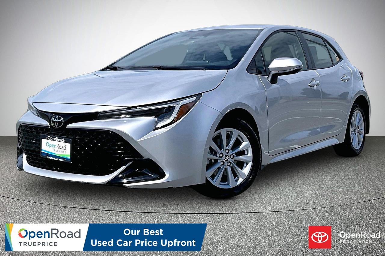 The 2023 Toyota Corolla Hatchback SE Plus combines sporty performance, practicality, and modern technology. It features a responsive 2.0L four-cylinder engine producing 169 horsepower, paired with a smooth Direct Shift-CVT and front-wheel drive. The SE Plus includes 16-inch alloy wheels, heated front seats, a leather-wrapped steering wheel, leather-wrapped shift knob, and paddle shifters. Inside, an 8-inch Toyota Multimedia touchscreen provides wireless Apple CarPlay and Android Auto connectivity. Toyota Safety Sense 3.0 adds advanced safety features including adaptive cruise control, lane tracing assist, pre-collision detection, road sign assist, and automatic high beams. Blind Spot Monitoring with Rear Cross Traffic Alert provides additional confidence.  Have confidence with your OpenRoad purchase! Every OpenRoad Certified Pre-Owned vehicle comes fully reconditioned and complete with a comprehensive 153 point mechanical inspection, a CarFax history & lien report, a 3-Day Money Back Guarantee, a 30-Day/2,000 kms Exchange Policy, a 90-Day/5,000 kms Powertrain Warranty, guaranteed clear title, and membership to our exclusive Club OpenRoad! As a proud member of the OpenRoad Auto Group, a trusted name since 2000 serving the Lower mainland (including White Rock, Surrey, Langley, Maple Ridge, Delta, Richmond, Mission and beyond) with outstanding Toyota vehicles, Toyota parts, and Toyota service since 1966! OpenRoad Toyota Peace Arch is a &ldquo;True Price&rdquo; dealer, meaning no inflated prices, and no need for back and forth haggling! We use up to the minute technology offering LIVE MARKET VALUE PRICING to ensure you are receiving the most competitive price possible on all of our Pre-Owned vehicles!  All advertised vehicle prices do not include our $699 documentation fee.