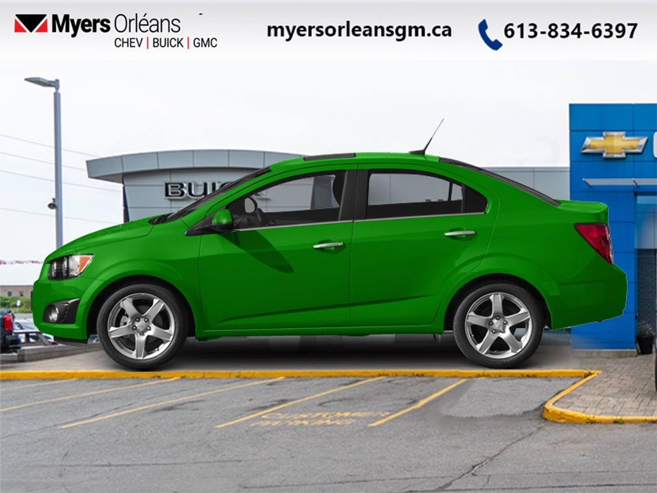 <b>Low Mileage!</b><br> <br> Chevrolets astounding Sonic offers practicality, efficiency, and agility in a compact package. This 2015 Chevrolet Sonic is fresh on our lot in Orleans.<br> <br>The 2015 Chevrolet Sonic is the perfect compact car for those who want great fuel efficiency, but also want a fun and sporty ride. The Chevy Sonic has a bold exterior design and offers a long list of standard features typically reserved for more expensive vehicles. With its agile handling and great outward visibility, the Chevrolet Sonic is right at home in any city centre across North America.<br> <br>This sedan has 85,200 km. Its Green in colour and is completely accident free based on the <a href=https://vhr.carfax.ca/?id=oUL6SFOGWfcJun7vwBhImc+cGkcZknvc target=_blank>CARFAX Report</a>. It has an Automatic transmission and is powered by a 138HP 1.8L 4 Cylinder Engine. It may have some remaining factory warranty, please check with dealer for details.<br> <br>To apply right now for financing use this link: <a href=https://www.myersorleansgm.ca/FinancePreQualForm target=_blank>https://www.myersorleansgm.ca/FinancePreQualForm</a><br> <br/><br>*MYERS LIFETIME ENGINE AND TRANSMISSION COVERAGE CERTIFICATE NOT AVAILABLE ON VEHICLES WITH KMS EXCEEDING 140,000KM, VEHICLES 8 YEARS & OLDER, OR HIGHLINE BRAND VEHICLE(eg. BMW, INFINITI. CADILLAC, LEXUS...)<br> Come by and check out our fleet of 50+ used cars and trucks and 190+ new cars and trucks for sale in Orleans.  o~o