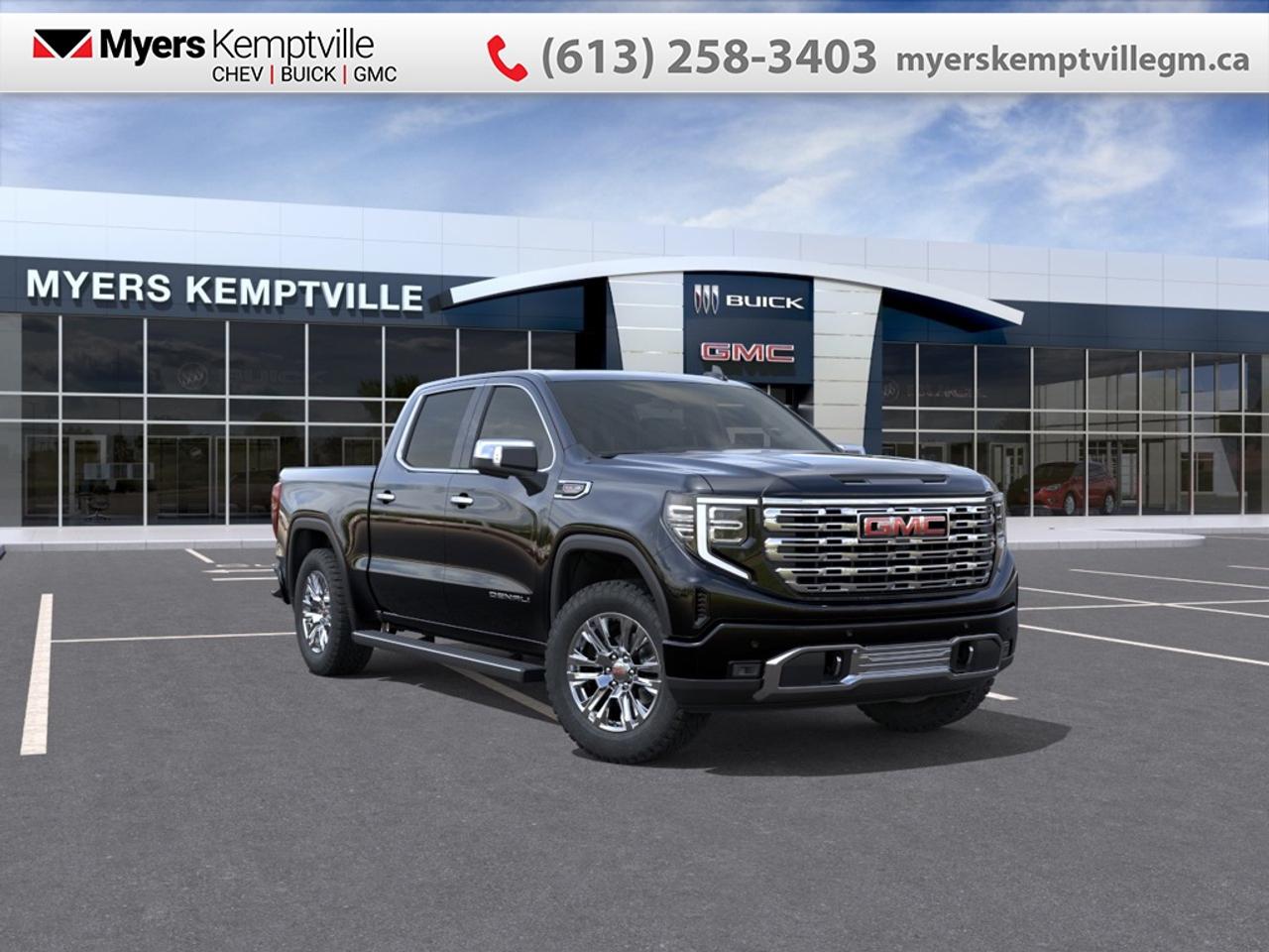 <b>Leather Seats, Sunroof, Denali Preferred Equipment Group, Power Running Boards, Spray-On Bedliner!</b><br> <br> At Myers, we believe in giving our customers the power of choice. When you choose to shop with a Myers Auto Group dealership, you dont just have access to one inventory, youve got the purchasing power of an entire auto group behind you!<br> <br>With a bold profile and distinctive stance, this 2026 Sierra turns heads and makes a statement on the jobsite, out in town or wherever life leads you.<br> <br>This 2026 GMC Sierra 1500 stands out in the midsize pickup truck segment, with bold proportions that create a commanding stance on and off road. Next level comfort and technology is paired with its outstanding performance and capability. Inside, the Sierra 1500 supports you through rough terrain with expertly designed seats and robust suspension. This amazing 2026 Sierra 1500 is ready for whatever.<br> <br>This Onyx Black crew cab 4X4 pickup has an Automatic transmission and is powered by a 420HP 6.2L 8 Cylinder Engine. <br> <br> Our Sierra 1500s trim level is Denali. This trim blends premium craftsmanship with cutting-edge technology and everyday capability. A 13.4 GMC Premium Infotainment System with Google built-in, wireless Apple CarPlay and Android Auto, Bose 7-speaker audio, and a 12.3 reconfigurable digital display keep the cabin highly connected, while heated and ventilated leather front seats, heated rear outboard seats, dual-zone climate control, and wireless charging enhance comfort on every drive. GMC Pro Safety with Enhanced Automatic Emergency Braking, HD Surround Vision, Lane Keep Assist, Trailer Side Blind Zone Alert, and Hitch Guidance delivers confidence, while the MultiPro Tailgate, integrated trailer brake controller, and spray-on bedliner ensure practical utility. This vehicle has been upgraded with the following features: Leather Seats, Sunroof, Denali Preferred Equipment Group, Power Running Boards, Spray-On Bedliner, Technology Package.<br><br> <br>To apply right now for financing use this link: <a href=https://www.myerskemptvillegm.ca/finance/ target=_blank>https://www.myerskemptvillegm.ca/finance/</a><br> <br/>Total rebate of $5500 is reflected in the price. <br> Buy this vehicle now for the lowest bi-weekly payment of <b>$748.45</b> with $0 down for 84 months @ 9.99% APR O.A.C. ( Plus applicable taxes - **Rebates may not be applicable on all purchase types [cash, lease, or finance]. Eligibility and conditions may vary. Please see dealer for full details and confirmation of eligibility. ). Incentives expire 2026-08-31. See dealer for details. <br><br>Your journey to better driving experiences begins in our inventory, where youll find a stunning selection of brand-new Chevrolet, Buick, and GMC models. If youre looking to get additional luxuries at a wallet-friendly price, dont just pick pre-owned -- choose from our selection of over 300 Myers Approved used vehicles! Our incredible sales team will match you with the car, truck, or SUV thats got everything youre looking for, and much more. o~o