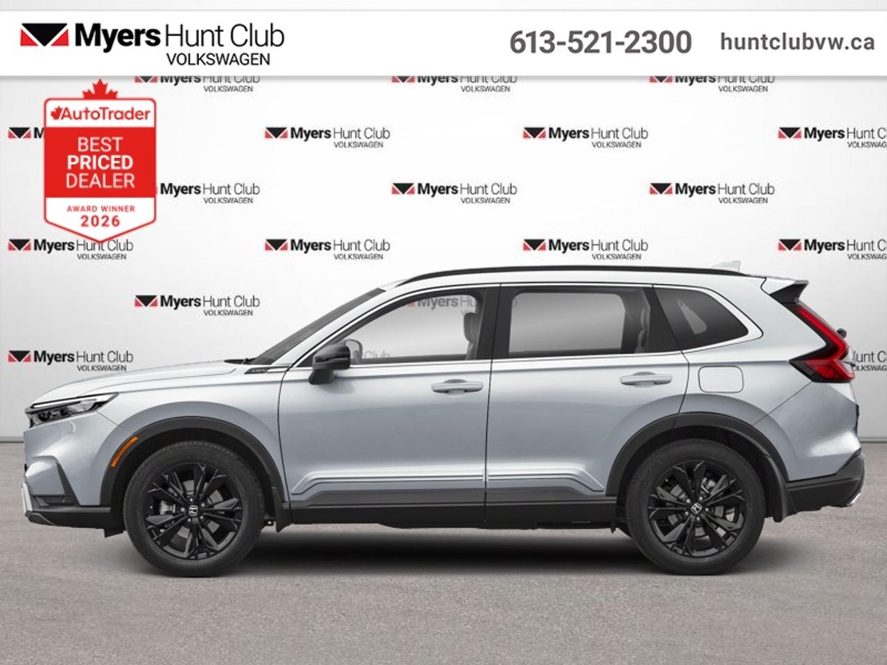 <b>Leather Seats!</b><br> <br> An iconic SUV is reborn for 2023, with a slew of impressive technology and an all-new design! This 2023 Honda CR-V Hybrid is fresh on our lot in Gloucester.<br> <br>A legend returns! For 2023, Honda completely revised the ubiquitous CR-V, with a host of performance, design and technological upgrades to give it an even bigger edge against rivals in the ever-heated crossover SUV segment. With roomy seating, wide-open sightlines, and sporty details throughout, the all-new interior of the 2023 CR-V makes it easy to settle in and enjoy the ride. Upgraded infotainment systems with even more active and passive safety systems ensure a serene and uncompromised ride in this SUV.<br> <br>This SUV has 115,318 km. Its Lunar Silver Metallic in colour. It has an Automatic transmission and is powered by a 204HP 2.0L 4 Cylinder Engine. <br> <br> Our CR-V Hybrids trim level is Touring. This top-of-the-line CR-V Touring features a punchy yet efficient powertrain, and also comes standard with inbuilt navigation, mobile device wireless charging, Wi-Fi tethering, and a premium Bose audio system. This CR-V Touring also features genuine perforated leather upholstery, an express open/close sunroof, a power liftgate for rear cargo access, and a heated leather steering wheel, along with upgraded aluminum wheels. With an all-wheel-drive system, this incredibly versatile and practical SUV features heated front seats, 60-40 folding split-bench rear seats, proximity keyless entry with push button start, adaptive cruise control, dual-zone climate control, remote engine start, and a 9-inch infotainment system with Apple CarPlay, Android Auto and Siri Eyes Free. Safety features include blind spot detection, front and rear collision mitigation, front pedestrian braking, lane keeping assist with lane departure warning, driver monitoring alert, and a rear camera. Additional features include front and rear cupholders, LED headlights with automatic high beams, USB-A/USB-C charging ports, and even more. This vehicle has been upgraded with the following features: Leather Seats.<br> <br>To apply right now for financing use this link: <a href=https://www.huntclubvw.ca/financing-request/ target=_blank>https://www.huntclubvw.ca/financing-request/</a><br> <br/><br>At Myers Hunt Club Volkswagen, our focus is customers like you. Our dedicated service, parts, and sales team are here to make your automotive experience a special one. We are very proud of our achievements and awards over the last 25 years and are committed to providing the same great service to our present and future customers. If youre looking for a vehicle, Myers Hunt Club Volkswagen is your destination for new, used, and certified pre-owned Volkswagen vehicles as well as other makes and models. Whatever your needs, we can help you here at Myers Hunt Club Volkswagen. </br><br> Come by and check out our fleet of 40+ used cars and trucks and 120+ new cars and trucks for sale in Gloucester.  o~o