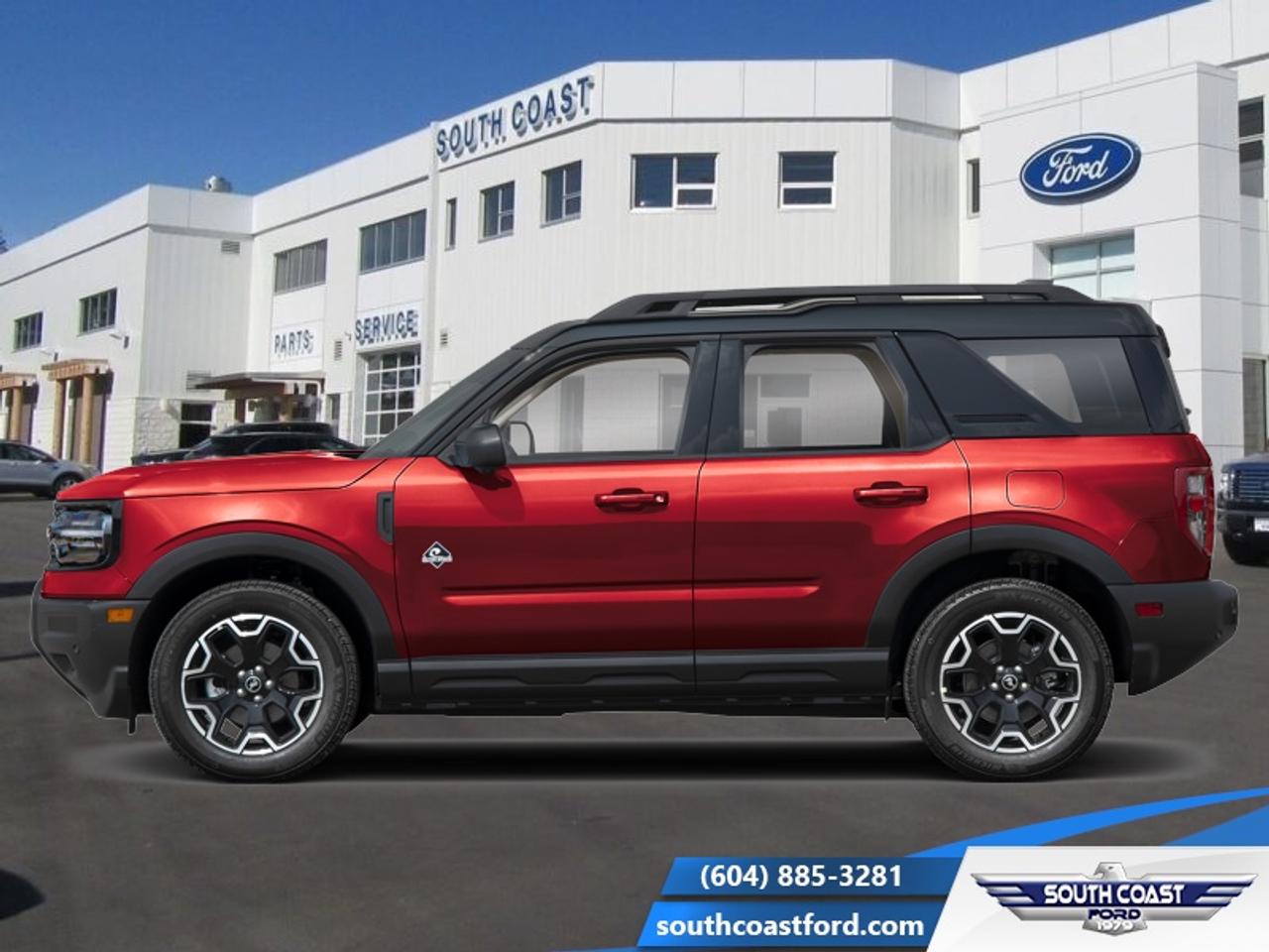 <b>Sunroof, Trailer Tow Package!</b><br> <br> The 2026 Ford Bronco Sport brings together off-road poise, practical scale and trail-inspired character into a compelling compact package.<br> <br>The 2026 Ford Bronco Sport combines rugged styling, modern tech and flexible utility to create a compact SUV that doesnt compromise on spirit. Inside, the cabin features quality materials, intuitive connectivity and thoughtful design to keep passengers comfortable and engaged. With its trail-ready attitude, confident presence and Fords heritage of capability, the Bronco Sport is built to carry your lifestyle forward.<br> <br>This Ruby Red Metallic Tc SUV has a 8 Speed Automatic transmission and is powered by a 181HP 1.5L 3 Cylinder Engine. <br> <br> Our Bronco Sports trim level is Outer Banks. Inside, premium-trimmed heated sport contour seats, a power-adjustable drivers seat with memory, and a heated leatherette steering wheel deliver comfort and control for every journey. The intuitive SYNC 4 infotainment system with a 13.2-inch touchscreen, wireless Apple CarPlay and Android Auto, Alexa integration, and adaptive cruise control with stop-and-go ensure seamless connectivity and convenience on the road. Dual-zone automatic climate control, smart device remote start, and a proximity key with push-button ignition add everyday ease, while thoughtful touches like ambient lighting, premium interior accents, and ample cargo versatility enhance practicality. Outside, 18-inch ebony black-painted aluminum wheels, LED headlights, and black body trim create a bold and athletic presence complemented by off-road-ready features like all-season tires, a Terrain Management System with five G.O.A.T. modes, and part- and full-time four-wheel drive. Safety comes standard with Ford Co-Pilot360 technology, including BLIS with Cross-Traffic Alert, Pre-Collision Assist with Automatic Emergency Braking, Lane Keeping Assist, Rear Cross-Traffic Braking, and a rearview camera, providing confidence and peace of mind whether navigating city streets or taking the scenic route. This vehicle has been upgraded with the following features: Sunroof, Trailer Tow Package.<br><br> View the original window sticker for this vehicle with this url <b><a href=http://www.windowsticker.forddirect.com/windowsticker.pdf?vin=3FMCR9CN6TRF41889 target=_blank>http://www.windowsticker.forddirect.com/windowsticker.pdf?vin=3FMCR9CN6TRF41889</a></b>.<br> <br>To apply right now for financing use this link: <a href=https://www.southcoastford.com/financing/ target=_blank>https://www.southcoastford.com/financing/</a><br> <br/>Total rebate of $4500 is reflected in the price. 5.49% financing for 84 months. <br> Buy this vehicle now for the lowest bi-weekly payment of <b>$353.18</b> with $0 down for 84 months @ 5.49% APR O.A.C. ( taxes included, $695 Administration Fee included / Total Obligation of $58566 ). Incentives expire 2026-08-31. See dealer for details. <br><br>Call South Coast Ford Sales or come visit us in person. Were convenient to Sechelt, BC and located at 5606 Wharf Avenue. and look forward to helping you with your automotive needs. <br><br> Come by and check out our fleet of 30+ used cars and trucks and 90+ new cars and trucks for sale in Sechelt.  o~o