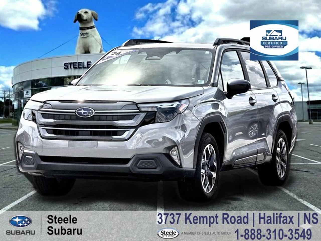 2026 Subaru Forester Touring | Symmetrical AWD | EyeSight Driver Assist | Heated Front Seats | Apple CarPlay & Android AutoSubaru Certified Pre-Owned (CPO) | Rates as low as 3.99%* | CPO Warranty IncludedWhether youre commuting through Halifax or heading out for a weekend drive along the South Shore, the Forester Touring delivers the kind of comfort and confidence that makes every trip enjoyable. Its excellent visibility, spacious cabin, and capable AWD system make it a natural fit for Nova Scotia roads in every season.The Touring trim offers an excellent balance of comfort, technology, and versatility, pairing Subarus proven 2.5L SUBARU BOXER engine with a Lineartronic CVT and Symmetrical All-Wheel Drive. The result is a smooth, predictable driving experience with confident handling and sure-footed traction when conditions change. As a rental buy-back with low mileage, this Forester represents amazing value for buyers looking for a modern SUV with advanced safety technology and everyday practicality. The roomy interior, generous cargo capacity, and comfortable ride quality make it equally suited to family duties, road trips, and daily commuting throughout Atlantic Canada.Performance & Safety* 2.5L SUBARU BOXER 4-cylinder engine* Lineartronic CVT* Symmetrical All-Wheel Drive* X-Mode* EyeSight Driver Assist Technology* Adaptive Cruise Control* Pre-Collision Braking* Lane Centering Assist* Lane Departure Prevention* Blind-Spot Detection* Rear Cross-Traffic Alert* Vehicle Dynamics ControlComfort & Tech* Heated front seats* Heated steering wheel* Heated exterior mirrors* Premium cloth upholstery* 11.6-inch touchscreen infotainment system* Wireless Apple CarPlay* Wireless Android Auto* Keyless Access with push-button start* Dual-zone automatic climate control* Power drivers seat* Panoramic power moonroof* Power rear liftgateContact Steele Subaru in Halifax to schedule a test drive and see if this Forester Touring is the right fit for your lifestyle. Its a versatile AWD SUV thats ready to help you make the most of the Nova Scotia summer while providing comfort and confidence year-round.SUBARU CERTIFIED PRE-OWNEDThis vehicle is Subaru Certified Pre-Owned, having successfully passed a comprehensive 160-Point Inspection completed by Subaru factory-trained technicians to ensure quality and peace of mind. Any needed repair or maintenance is performed before the vehicle is certified, so it meets Subarus standards for safety, security, and performance. Every Subaru CPO vehicle includes a CARFAX® Vehicle History Report for full transparency. Your Subaru CPO also includes a Certified Limited Warranty with coverage based on age and mileage (minimum 3-month/5,000-km), with upgrade options available through Subaru Protection Plan. For added confidence, Subaru 360 C.A.R.E. 24-hour roadside assistance backed by CAA is included across Canada and the U.S., and youll receive a one-time 10-day / 1,000-km exchange privilege with the selling dealer. Buy with confidence knowing this vehicle has been thoroughly checked and prepared to Subarus standards. Trade-ins are always welcome, and were here to help make your next vehicle purchase smooth and worry-free.Ask us about flexible financing or extended warranty options.*Limited time purchase financing offer provided through Subaru Financial Services by TCCI for qualifying Subaru Certified Pre-Owned Vehicles on approved credit. Rates are subject to change without notice. See your participating Subaru dealer for complete details, terms and conditions.