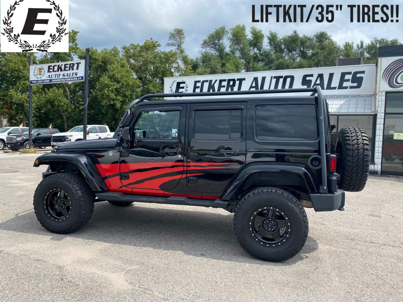 <p>Get ready to conquer any adventure with this exceptional&nbsp;<strong>2015 Jeep Wrangler Sahara</strong> from Eckert Auto Sales! This isnt just any Wrangler; its a meticulously upgraded beast, ready to hit the trails or cruise the city in style. This 4-door Sahara boasts a powerful 3.6L V6 engine paired with a smooth automatic transmission and legendary 4-wheel drive capability. Having travelled just 81,200 km with it stored for the winter, this Jeep is the cleanest most amazing Wrangler you will see!!</p><p>This Wrangler Sahara has been elevated with thousands of dollars in upgrades, transforming it into a truly unique Jeep that no one else has. The upgrades include lift kit, both hard & soft tops, 35 tires, Kargo Master Safari roof rack and the list goes on and on. To see this outstanding Jeep come by Eckert Auto Sales, 192 Essa Road, Barrie and experience it for yourself.&nbsp;</p><p>The price includes our Advantage Package. HST and Licensing extra.</p><p>For more information give us a call today (705)797-1100.</p>