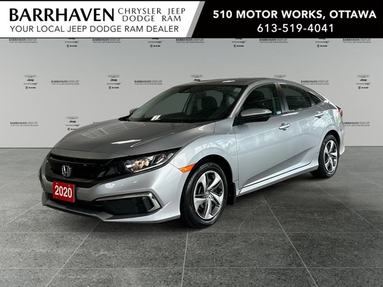 HOTTEST PRE OWNED CAR ON THE MARKET!! 2020 HONDA CIVIC LX SEDAN- SILVER ON BLACK- REAR VISION CAMERA, NON SMOKER, UILTRA LOW KM!!! CARPLAY, HEATED SEATS, AUTO, ***CLEAN CARFAX NO ACCIDENTS, CERTIFIED ** Step inside and enjoy a comfortable ride equipped with air conditioning to keep you cool, along with the added luxury of heated seats for those chilly Canadian days. The Civics interior combines functionality and sleek design, highlighted by its smart device integration, so you can stay connected on the go. Exterior silver accents complement its modern silhouette, ensuring youll turn heads wherever you drive. Safety and technology come together in this Civic, featuring a backup camera for easier parking, lane assist to help keep you on track, and adaptive cruise control for a more relaxed driving experience. The addition of keyless entry and brake assist enhances convenience and safety, making every journey worry-free. Perfectly suited for young professionals and growing families alike, the 2020 Honda Civic Sedan LX provides a reliable, stylish, and feature-packed ride. Reach out to Barrhaven Jeep Dodge Chrysler Ram to learn more about this vehicle and take it for a test drive today! FREE CARFAX, NO ADMIN FEES, NON SMOKER, CERTIFIED PRICE PLUS TAX ONLY!!