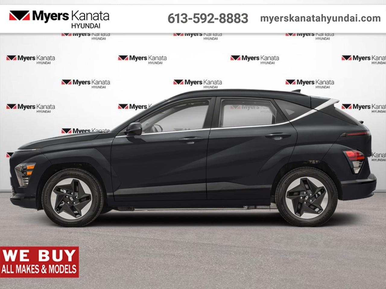 <b>Sunroof,  Navigation,  Heated Seats,  Heated Steering Wheel,  Adaptive Cruise Control!</b><br> <br> The aggressive stance, amazing features, and confident driving dynamics make this 2025 Kona Electric a whole new FEV experience. This 2025 Hyundai Kona Electric is fresh on our lot in Kanata.<br> <br>This 2025 Kona Electric was made to normalize electric cars with an approachable price, impressive range, and conventional styling. But dont mistake this SUV for mundane! With incredible driving dynamics thanks to its true SUV roots and zippy torque from its electric drive motor, this Kona Electric doesnt just make your commute cheaper, it makes it better. If you want an electric SUV that puts driver experience first, then this 2025 Kona Electric is an easy choice.<br> <br>This SUV has 32,002 km. Its Abyss Black in colour and is completely accident free based on the <a href=https://vhr.carfax.ca/?id=l/zaT6uwoahDHD+WAi3ji7BGYTga2MZU target=_blank>CARFAX Report</a>. It has an Automatic transmission and is powered by a smooth engine. <br> <br> Our Kona Electrics trim level is Preferred FWD w/Trend Package. Standard features include a sunroof, heated front seats with a heated steering wheel, adaptive cruise control, dual-zone climate control, smart device remote start, and a 12.3-inch infotainment screen with inbuilt navigation, SiriusXM, Apple CarPlay and Android Auto. Safety features also include blind spot detection, lane keeping assist with lane departure warning, and front and rear collision mitigation. This vehicle has been upgraded with the following features: Sunroof, Navigation, Heated Seats, Heated Steering Wheel, Adaptive Cruise Control, Remote Start, Blind Spot Detection.<br> <br>To apply right now for financing use this link: <a href=https://www.myerskanatahyundai.com/finance/ target=_blank>https://www.myerskanatahyundai.com/finance/</a><br> <br/><br>Smart buyers buy at Myers where all cars come Myers Certified including a 1 year tire and road hazard warranty (some conditions apply, see dealer for full details.)<br> <br>This vehicle is located at Myers Kanata Hyundai 400-2500 Palladium Dr Kanata, Ontario.<br>*LIFETIME ENGINE TRANSMISSION WARRANTY NOT AVAILABLE ON VEHICLES WITH KMS EXCEEDING 140,000KM, VEHICLES 8 YEARS & OLDER, OR HIGHLINE BRAND VEHICLE(eg. BMW, INFINITI. CADILLAC, LEXUS...)<br> Come by and check out our fleet of 40+ used cars and trucks and 170+ new cars and trucks for sale in Kanata.  o~o