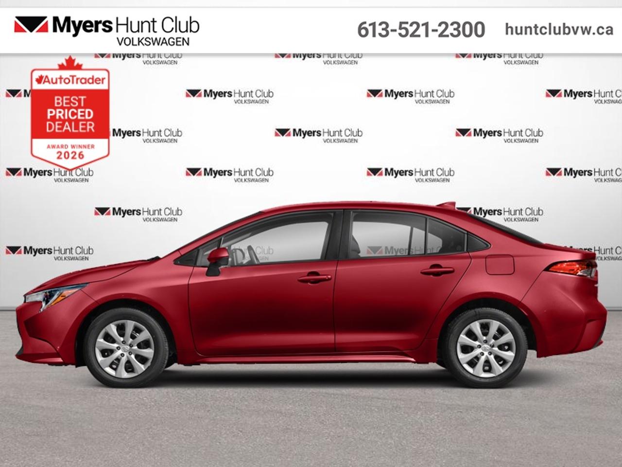 <b>Heated Seats,  Blind Spot Detection,  Lane Keep Assist,  LED Lights,  Apple CarPlay!</b><br> <br> With a sleek design, modern tech and standard Toyota Safety Sense this Toyota Corolla is ready to create something unforgettable. This 2020 Toyota Corolla is fresh on our lot in Gloucester.<br> <br>Loaded with premium safety features, this Toyota Corolla also offers assertive style and performance that thrills. Thanks to its powerful yet efficient engine, this amazing compact sedan yeilds incredible fuel economy in a fun to drive package. With seating for five and a folding rear seat, it comes with plenty of extra space for family, friends or extra cargo when needed. Built with the quality and reliability you expect, this Corolla brings an iconic name into the future with ease.<br> <br>This sedan has 89,005 km. Its Barcelona Red Metallic in colour. It has an Automatic transmission and is powered by a 139HP 1.8L 4 Cylinder Engine. It may have some remaining factory warranty, please check with dealer for details. <br> <br> Our Corollas trim level is LE. Upgrading to this Corolla LE is a great decision as it comes with heated front seats, automatic climate control, sleek Bi-LED headlights, a larger 8 inch touchscreen display featuring Scout GPS Link, Apple CarPlay, advanced voice recognition, 6 speakers, next gen USB 2.0 audio ports, wireless streaming audio, SIRI Eyes Free and a crisp rear view camera. Additional features include blind spot detection, remote keyless entry, Toyota Safety Sense, dynamic radar cruise control, lane departure warning with lane steering assist, power windows, power adjustable heated mirrors and much more. This vehicle has been upgraded with the following features: Heated Seats, Blind Spot Detection, Lane Keep Assist, LED Lights, Apple CarPlay, Adaptive Cruise Control, Streaming Audio.<br> <br>To apply right now for financing use this link: <a href=https://www.huntclubvw.ca/financing-request/ target=_blank>https://www.huntclubvw.ca/financing-request/</a><br> <br/><br>At Myers Hunt Club Volkswagen, our focus is customers like you. Our dedicated service, parts, and sales team are here to make your automotive experience a special one. We are very proud of our achievements and awards over the last 25 years and are committed to providing the same great service to our present and future customers. If youre looking for a vehicle, Myers Hunt Club Volkswagen is your destination for new, used, and certified pre-owned Volkswagen vehicles as well as other makes and models. Whatever your needs, we can help you here at Myers Hunt Club Volkswagen. </br><br> Come by and check out our fleet of 40+ used cars and trucks and 120+ new cars and trucks for sale in Gloucester.  o~o