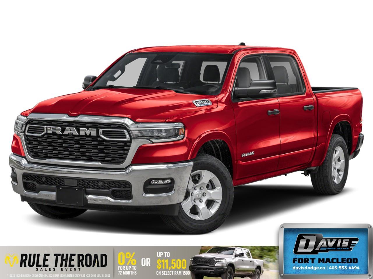 <p>Introducing the New 2027 Ram 1500 Big Horn in a vibrant red hue. This truck features a 4x4 drivetrain, ensuring you're ready to tackle any terrain with ease.</p><p><strong>Interior Features:</strong></p><ul><li>Spacious and comfortable black interior</li><li>Keyless entry for convenience</li><li>Smart device integration with a wi-fi hotspot</li><li>Efficient air conditioning system</li><li>Power windows and remote start for ease of use</li></ul><p><strong>Exterior Features:</strong></p><ul><li>Stylish Crew Cab with a 5'7" Box</li><li>Heated mirrors for colder climates</li><li>Dual rear exhaust with bright tips for a polished look</li></ul><p><strong>Technology & Safety Features:</strong></p><ul><li>Advanced brake assist and Adaptive Cruise Control</li><li>Lane assist and parking sensors for added safety</li><li>Backup camera and Bluetooth connection</li><li>Engine: 3.0L I6 HURRICANE SO TWIN TURBO ESS with auxiliary battery and start-stop dual battery system</li><li>230 Amp alternator and active noise control system for a smooth ride</li></ul><p>This powerful Ram 1500 Big Horn is ideal for those who need a reliable truck with advanced technology and impressive safety features. Contact Davis Dodge Fort Macleod today for more information and to schedule a test drive!</p>