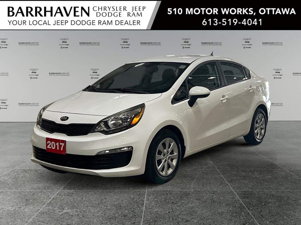 Experience the charm of the 2017 Kia Rio LX+ in a pristine white finish. This sedan is equipped with an efficient automatic transmission and a front-wheel-drive system, ensuring smooth handling and a comfortable drive on any road. The exterior design of the Kia Rio captures a blend of functionality and style, making it an ideal ride for urban environments. Inside, drivers will appreciate the intuitive layout and amenities designed for comfort. The inclusion of power windows adds a touch of convenience, making every drive effortless. For those who value entertainment and connectivity, the satellite radio feature ensures you have access to your favorite stations wherever you go. Safety is also a priority with the inclusion of brake assist, providing added peace of mind during your travels. The 2017 Kia Rio LX+ is perfect for city dwellers and young professionals seeking a reliable and stylish vehicle with ultra low kilometers. Contact Barrhaven Jeep Dodge Chrysler Ram today for more information and to schedule a test drive. Dont miss the opportunity to make this exceptional sedan yours. FREE CARFAX, NO ADMIN FEES, NON SMOKER, CERTIFIED PRICE PLUS TAX ONLY!!