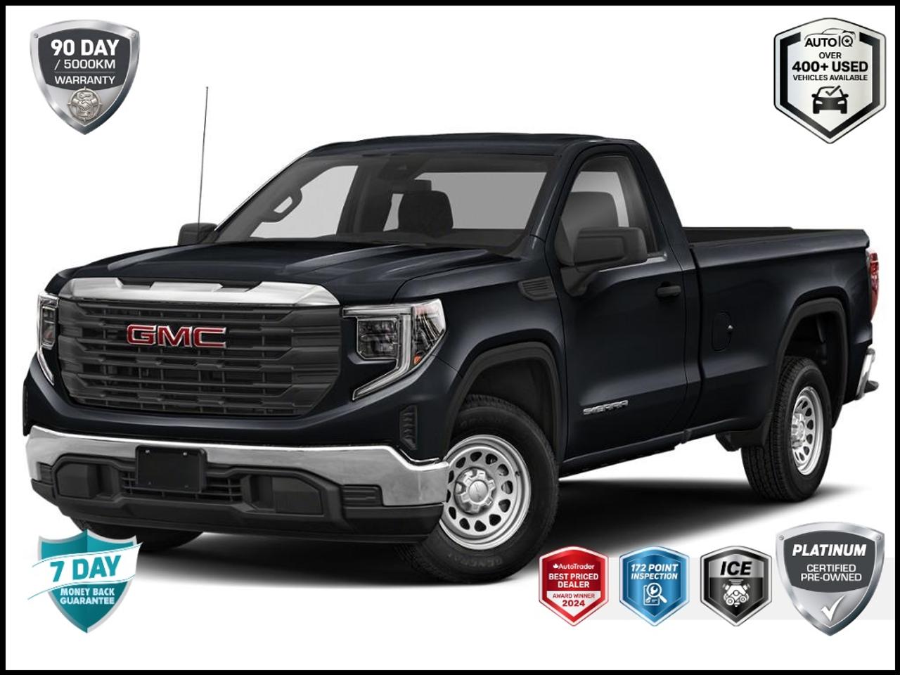 Recent Arrival!<br>CARFAX Canada No Reported Accidents CARFAX Canada One Owner<br>GM CERTIFIED PREOWNED VEHICLE <br>One Owner, | No Accidents, | Apple CarPlay/Android Auto, | Non-Smoker, LOCAL TRADE, NEW TIRES, 8-Speed Automatic, 4WD, Jet Black w/Cloth Seat Trim, 2 Charge/Data USB Ports, 2-Speaker Audio System Feature, 220 Amp Alternator, 3.42 Rear Axle Ratio, 4-Way Manual Driver Seat Adjuster, 4-Way Manual Passenger Seat Adjuster, Apple CarPlay/Android Auto, Auto High-beam Headlights, Auto-Locking Rear Differential, Chrome Header w/Flat Black Grille Insert Bars, Convenience Package, Deep-Tinted Glass, Dual front impact airbags, Dual front side impact airbags, Electric Rear-Window Defogger, EZ Lift Power Lock & Release Tailgate, Following Distance Indicator, Forward Collision Alert, Front 40/20/40 Split-Bench Seat, Front anti-roll bar, Front Frame-Mounted Black Recovery Hooks, Front Pedestrian Braking, Front wheel independent suspension, Fully automatic headlights, GMC Connected Access Capable, HD Rear Vision Camera, Hitch Guidance, Integrated Trailer Brake Controller, Lane Keep Assist w/Lane Departure Warning, LED Cargo Area Lighting, Low tire pressure warning, Not Equipped w/Steering Column Lock, Occupant sensing airbag, OnStar & GMC Connected Services Capable, Overhead airbag, Panic alarm, Power Door Locks, Power Front Windows w/Driver Express Up/Down, Power Front Windows w/Passenger Express Down, Preferred Equipment Group 1SA, Premium audio system: GMC Infotainment System, Pro Value Package, Push Button Start, Radio: GMC Infotainment Audio System, Rear step bumper, Remote Keyless Entry, REV Hard-Folding Tonneau Cover (LPO), SiriusXM, Solar Absorbing Tinted Glass, Spray-On Pickup Bedliner, Standard Suspension Package, Trailering Package, Wheels: 17 x 8 Silver Painted Steel, Wi-Fi Hotspot Capable, Wireless Apple CarPlay/Wireless Android Auto.<br><br>Onyx Black Pro<br>CONVENIENCE PKG | TRAILER PKG | TONNEAU COVER | TRAILER BRAKE CONTROLLER | FRONT COLLISION MITIGATION | LANE DEPARTURE WARNING AND MORE 2024 GMC Sierra 1500 Pro  2.7L I4 Turbocharged DOHC 16V LEV3-SULEV30 310hp<br>8-Speed Automatic<br>4WD<p> </p><p>GM CERTIFIED PRE-OWNED</p><p><strong>Special Financing Available:</strong> Take advantage of exclusive low finance rates OAC*, significantly lower than standard pre-owned rates!</p><p>Backed by GM Certified Pre-Owned standards, which include a thorough inspection and reconditioning process by factory-trained technicians. Plus, this vehicle includes our exclusive <strong>AutoIQ Platinum Standard</strong></p><p><strong>GM Certified Pre-Owned Benefits Include:</strong><br />- 150+ Point inspection by GM factory-trained technicians<br />- 3-month / 5,000-kilometre Limited Warranty*<br />- 24-hour Roadside Assistance<br />- 1-month OnStar Trial<br />- SiriusXM Trial</p><p><strong>AutoIQ Platinum Standard:</strong><br />- 36-point Provincial Safety Inspection<br />- Warranty: 90-days or 5,000 KM on inspected mechanical items, factory extended options eligible for warranty up to 200,000 KM<br />- 3X Provincial safety standard for tire tread depth<br />- 3X Provincial safety standard for brake pad thickness<br />- 7 Day Money Back Guarantee***<br />- Market Value Report provided<br />- Guaranteed 2 keys/key fobs and door code (if equipped)<br />- Equipped vehicles include a complimentary 3 month Sirius satellite radio subscription!<br />- Complimentary full interior detailing and carpet shampoo<br />- Paintless dent repair and/or touch-ups for applicable body panels<br />- Vehicle scanned for open recall notifications from manufacturer</p><p>SPECIAL NOTE: This vehicle is reserved for AutoIQs retail customers only. Please, no dealer calls. Errors & omissions excepted.</p><p>*O.A.C. Limited Warranty coverage of 3 months or 5000km, whichever comes first. Limitations apply. See dealer for details. **As-traded, specialty or high-performance vehicles are excluded from the 7-Day Money Back Guarantee Program (including, but not limited to Ford Shelby, Ford Mustang GT, Ford Raptor, Chevrolet Corvette, Camaro 2SS, Camaro ZL1, V-Series Cadillac, Dodge/Jeep SRT, Hyundai N Line, all electric models)</p>