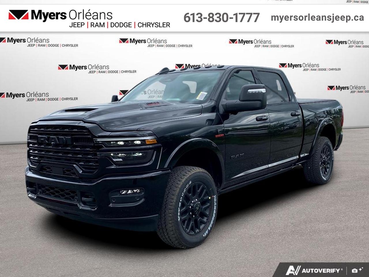 <b>Diesel Engine, Night Edition, Limited Level 1 Equipment Group, Sunroof, Clearance Lamps!</b><br> <br> Thanks for looking. This tough 2027 Ram 2500 Limited is for sale now in Orleans. This Diamond Black Crystal Pearl sought after diesel Crew Cab 4X4 pickup has an Automatic transmission and is powered by a Cummins 430HP 6.7L Straight 6 Cylinder Engine. This vehicle has been upgraded with the following features: Diesel Engine, Night Edition, Limited Level 1 Equipment Group, Sunroof, Clearance Lamps, Rear Auto-levelling Air Suspension.<br><br> View the original window sticker for this vehicle with this url <b><a href=http://www.chrysler.com/hostd/windowsticker/getWindowStickerPdf.do?vin=3C6UR5SL1VG376695 target=_blank>http://www.chrysler.com/hostd/windowsticker/getWindowStickerPdf.do?vin=3C6UR5SL1VG376695</a></b>.<br> <br>To apply right now for financing use this link: <a href=https://www.myersorleansjeep.ca/apply-for-financing/ target=_blank>https://www.myersorleansjeep.ca/apply-for-financing/</a><br> <br/>5.29% financing for 96 months. <br> Buy this vehicle now for the lowest weekly payment of <b>$407.87</b> with $0 down for 96 months @ 5.29% APR O.A.C. ( Plus applicable taxes - **Rebates may not be applicable on all purchase types [cash, lease, or finance]. Eligibility and conditions may vary. Please see dealer for full details and confirmation of eligibility. / Total Obligation of $163293 / Federal Luxury Tax of $6381.00 included.). Incentives expire 2026-08-31. See dealer for details. <br><br>The road to new driving experiences begins in our inventory, where youll find an incredible array of brand-new cars, trucks, minivans, and SUVs, including two of our bestselling models, the Dodge Ram 1500 and the Dodge Grand Caravan. If you want to know what the cutting edge of automotive technology looks like, all you have to do is visit Myers Orleans Jeep! Each model comes loaded with the convenient features and cool technology that help make every trip memorable. Looking for additional everyday luxury at a price thats incredibly wallet-friendly? Choose from our selection of quality pre-owned models! If you can think of a road, our friendly and knowledgeable sales team will help you find the perfect vehicle to drive it.<br><br>We may be a well-established dealership thats been part of the community for many years, but that doesnt mean were stuck in the past! At Myers Orleans Jeep, were proud to provide a fresh, modern approach to car buying. Using our array of online tools, you can browse our extensive inventory, schedule a service appointment, order parts, and even apply for credit from wherever youve got a connection. Our goal is to create relationships that will last, and we know that the best way to do this is by providing a dealership experience thats based on honesty, transparency, trust, and a commitment to customers. Stop by today and discover all the ways we go above and beyond for you.<br><br> Come by and check out our fleet of 40+ used cars and trucks and 70+ new cars and trucks for sale in Orleans.  o~o