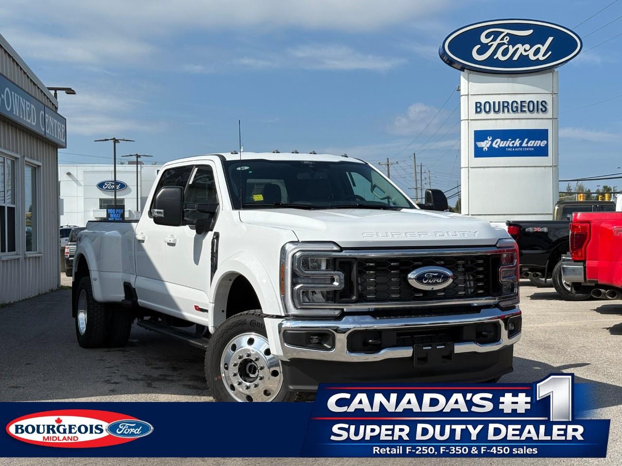 <p>Welcome to Bourgeois Motors Ltd., where you can find the impressive 2026 Ford Super Duty F-450 DRW XLT in a captivating Oxford White. This robust truck boasts a 4x4 drivetrain and is ready to tackle any terrain, offering unmatched performance and handling with the high-output 6.7L Power Stroke V8 Turbo Diesel engine.</p> <p>The exterior of this truck is not only commanding but functional, featuring a spray-in bedliner with tailgate guard, black platform running boards, and rear splash guards. Its practical design is backed by power-folding, telescoping, and heated PowerScope Trailer Tow Mirrors with integrated clearance lights and LED side-mirror spotlights, perfect for those who demand more from their vehicle's capabilities.</p> <p>Inside, the gray interior is packed with modern conveniences such as air conditioning, keyless entry, and a 12" centre display loaded with SYNC 4 for enhanced voice recognition. Stay connected on the go with Apple CarPlay, Android Auto, and a Wi-Fi hotspot. Your drives are more enjoyable with the B&O Sound System by Bang & Olufsen, featuring HD radio and an audio setup that includes eight speakers with a subwoofer.</p> <p>Prioritize safety and confidence with a backup camera, brake assist, and operator-commanded regeneration options. Built for both work and pleasure, this truck is further enhanced with selectable drive modes and a tough transmission for varied terrain and hauling needs.</p> <p>Whether you're a professional needing a reliable work partner or an enthusiast searching for a powerful truck equipped with the latest tech, the 2026 Ford Super Duty F-450 at Bourgeois Motors Ltd. stands ready to meet your demands. Contact us today for more information and to schedule your test drive.</p> <p><span style=color:rgb( 58 , 80 , 95 )>The discount shown on vehicle represents the </span><u>Cash Purchase</u><span style=color:rgb( 58 , 80 , 95 )> discount and is inclusive of all non-stackable and stackable cash purchase discounts from Ford of Canada and Bourgeois Motors Ltd. and is offered in lieu of sub-vented lease or finance rates. To get details on current discounts applicable to this and other vehicles in our inventory for Lease and Finance customer, see a member of our team. All offers for lease or finance are On Approved Credit (OAC).While every effort is made to ensure the accuracy of discounts and programs, programs are subject to change without notice </span><span style=color:rgb( 119 , 119 , 119 )>and may not be accurate or completely current. While every reasonable effort is made to ensure the accuracy of this data, we are not responsible for any errors or omissions contained on these pages.</span></p> <p><strong>Why Choose the Bourgeois Auto Group?</strong></p><p>For 80 years, Bourgeois Auto Group has been delivering exceptional automotive experiences. Our factor trained teams work to ensure you receive the shopping experience you deserve; whether you're looking for a new or new-to-you vehicle.</p><p>Shop 24/7 with our online showroom and chat service, ensuring convenience every step of the way. No hidden fees, full disclosure, and every pre-owned vehicle comes with a Carfax® report for peace of mind.</p><p>We offer a wide selection of pre-owned vehicles, all competitively priced using real-time market data. Get the best deal on your purchase and trade-in with our free Live Market Analysis report.</p><p>Looking to sell your car? We buy any make or modelno purchase required. Our simple to use online trade valuation tool will provide you with a clear, transparent selling experience whether you buy our car or not.</p><p>Backed by hundreds dedicated employees across 4 convenient locations, were here to meet all your automotive needs. Visit us in Midland or Parry Sound and explore our inventory or schedule your next service today.</p> <p><strong>Financing Your Next Vehicle with Bourgeois Motors Ford in Midland:</strong></p><p>At Bourgeois Motors Ford, we make financing your next vehicle simple and stress-free! Our team works with trusted lenders to find flexible options tailored to your budget. Drive away with confidenceapply today!</p><p>Take advantage of our online pre-qualification tool, backed by Equifax and TD Bank to find the payment that works for you. Simply <a href=https://www.bourgeoismotors.com/free-credit-check/ rel=nofollow><strong>CLICK HERE</strong></a><strong> </strong>to use our secure online credit tool with no impact to your credit.</p>
