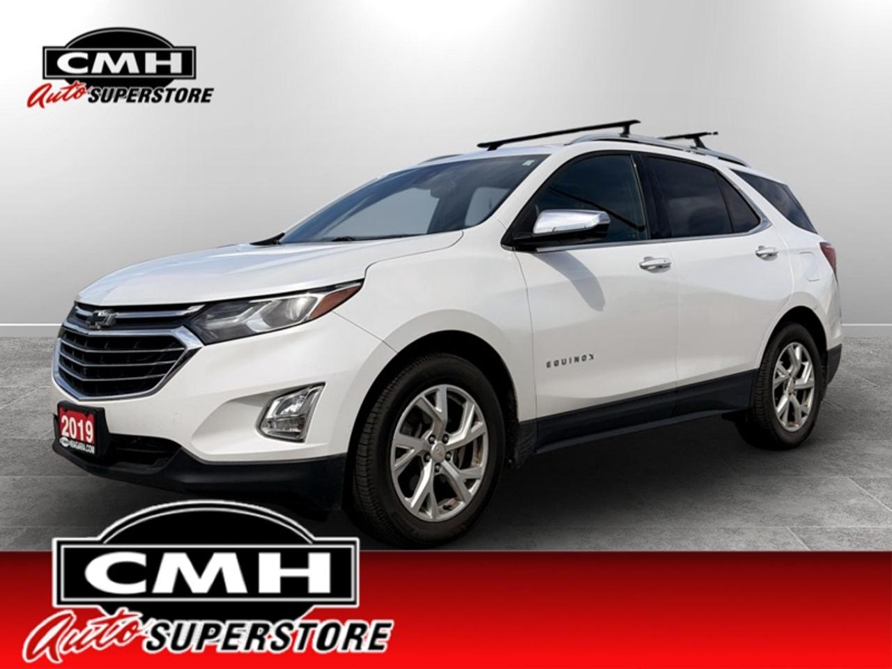 <b>Leather Seats, Power Tailgate, Aluminum Wheels, Apple CarPlay, Android Auto, Remote Start, Heated Seats, Park Assist, Power Seat, Streaming Audio, Rear Cross-Traffic Alert, Blind Spot Detection, 4G WiFi, Teen Driver Technology, Push Button Start, OnStar</b><br> <br> <br>CMH certifies that all vehicles meet DOUBLE the Ministry standards for Brakes and Tires. The advertised price is the promotional financing price. For all other methods of payment, the selling price is $500 higher.<br><br> <br>This 2019 Chevrolet Equinox is for sale today.<br> <br>When Chevrolet designed the Equinox, they got every detail just right. Its the perfect size, roomy without being too big. This compact SUV pairs eye-catching style with a spacious and versatile cabin thats been thoughtfully designed to put you at the centre of attention. This mid size crossover also comes packed with desirable technology and safety features. For a mid sized SUV, its hard to beat this Chevrolet Equinox.<br> <br>This SUV has 112,202 km. Its Iridescent Pearl Tintcoat in colour and is completely accident free based on the <a href=https://vhr.carfax.ca/?id=+wF+NBRTBHWr6aHIxXFsAMuPXLFJEaQ4 target=_blank>CARFAX Report</a>. It has an Automatic transmission and is powered by a 252HP 2.0L 4 Cylinder Engine. <br> <br> Our Equinoxs trim level is Premier. Stepping up to this top of the line Equinox Premier is a wise choice as it comes loaded with luxurious leather seats, a power liftgate, larger aluminum wheels, HID headlights, a larger 8 inch touchscreen display with Apple CarPlay and Android Auto, wireless charging, an 8-way power driver seat with memory settings and dual-zone climate control. It also includes a remote engine start, heated front seats, a rear view camera, 4G WiFi capability, steering wheel with audio and cruise controls, Teen Driver technology, Bluetooth streaming audio, StabiliTrak electronic stability control and a split folding rear seat to make loading and unloading large objects a breeze. The Premier adds increased safety features as well, such as blind spot detection, lane change assist, rear cross traffic alert and rear park assist plus much more.<br> <br>To apply right now for financing use this link: <a href=https://www.cmhniagara.com/financing/ target=_blank>https://www.cmhniagara.com/financing/</a><br> <br/><br>**PLEASE NOTE:** The functionality and condition of any accessories and aftermarket parts are not guaranteed by CMH Auto Superstore. Examples of such items include, but are not limited to: tonneau covers, radios, cameras, remote starts, vent visors, roof racks, winches, light bars, headlights/tail lights, center caps, running boards, etc. If an aftermarket part is safety-related and found to be defective, it will be replaced by a factory option.<br><b>**CMH Auto Superstore reserves the right to choose to repair, modify, or replace all aftermarket parts (example  headlights) or accessories at its sole discretion.**</b><br><br>Trade-ins are welcome! Financing available OAC ! Price INCLUDES a valid safety certificate! Price INCLUDES a 60-day limited warranty on all vehicles except classic or vintage cars. CMH is a Full Disclosure dealer with no hidden fees. We are a family-owned and operated business for over 30 years! o~o
