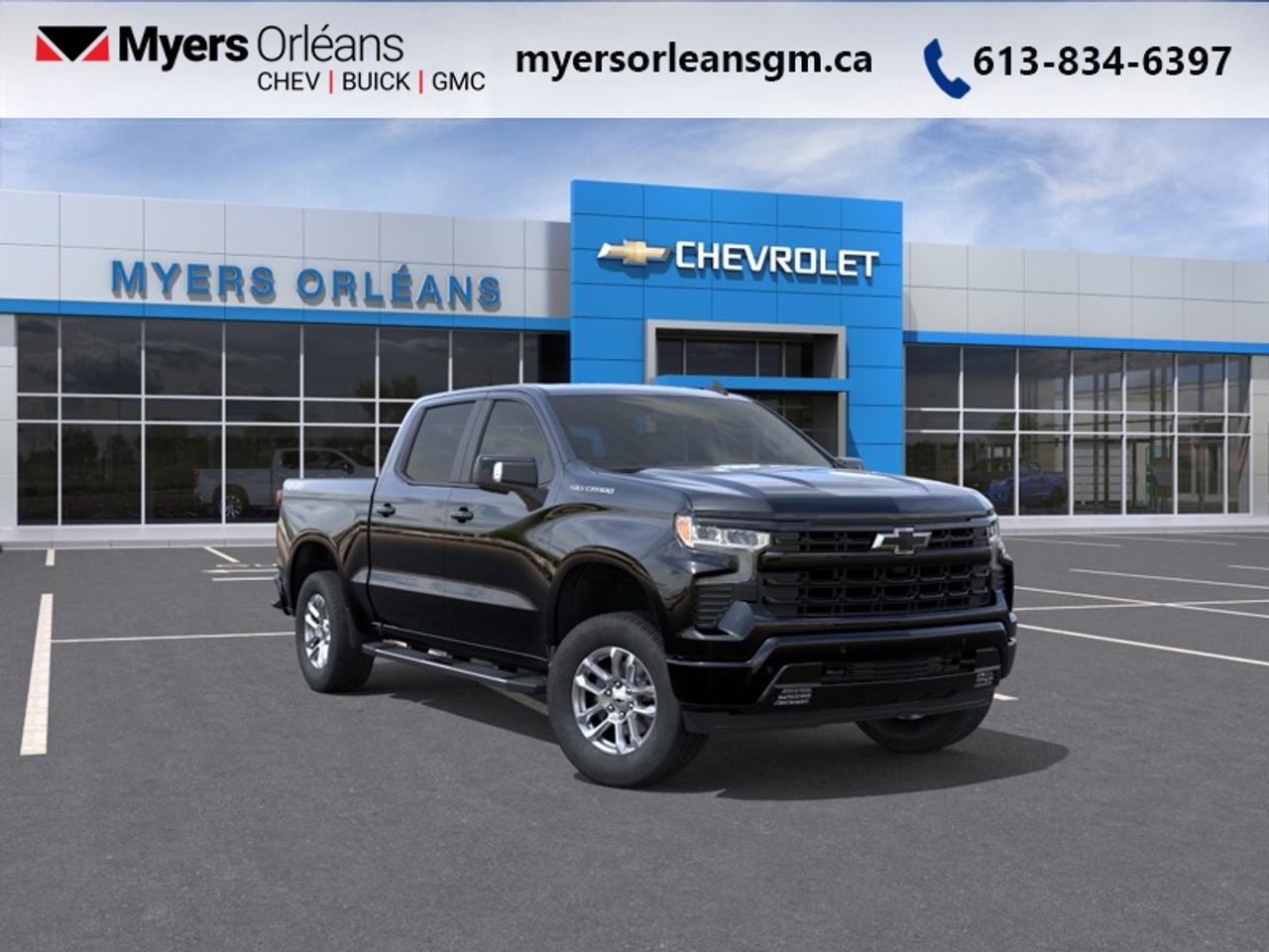 <b>Convenience Package II, 6 inch Chrome Assist Steps!</b><br> <br> For more than 80 years, the Myers Automotive Group has brought exceptional vehicles and world-class service to drivers in the Ottawa area. Myers Orleans Chevrolet Buick GMC is proud to serve Greater Ottawa, and to continue the tradition of excellence that the Myers name is known for. We are your trusted and professional choice since 1942!<br> <br>With refined ride dynamics and available versatility youre equally prepared for job-site duty or weekend getaway duty.<br> <br>The 2026 Chevrolet Silverado 1500 delivers full-size pickup performance with a polished interior and smart technology to meet the demands of both work and play. Inside youll find an interior designed for comfort and connectivity, outfitted with modern amenities and a layout that supports both productivity and leisure. With such versatility, the Silverado 1500 stands ready to take on the tough jobs and the long drives in equal fashion.<br> <br>This Black Crew Cab 4X4 pickup has an Automatic transmission and is powered by a 355HP 5.3L 8 Cylinder Engine. <br> <br> Our Silverado 1500s trim level is RST. This trim steps things up with heated front seats, a heated steering wheel and dual-zone climate control, along with a trailering package, remote start, aluminum wheels, hitch guidance, a power locking EZ lift tailgate, and an upgraded 13.4-inch infotainment display with navigation capability, Apple CarPlay and Android Auto. Safety features also include lane keep assist with lane departure warning, following distance indication, forward collision alert, and automatic emergency braking with front pedestrian braking. This vehicle has been upgraded with the following features: Convenience Package II, 6 inch Chrome Assist Steps.<br><br> <br>To apply right now for financing use this link: <a href=https://www.myersorleansgm.ca/FinancePreQualForm target=_blank>https://www.myersorleansgm.ca/FinancePreQualForm</a><br> <br/>Total rebate of $5500 is reflected in the price. Incentives expire 2026-08-31. See dealer for details. <br><br>At Myers Orleans Chevrolet, youll find an impressive inventory of brand-new Chevrolet, Buick, and GMC vehicles. But we dont stop there! We also offer an amazing array of gently-used cars, trucks, and SUVs from Chevrolet, as well as a selection of alternate-brand used vehicles from some of Canadas favourite auto makers. When you choose to shop with Myers, youre not limited to what you can find on our well-appointed lot. Youve got the resources of an entire automotive group at your fingertips! Our friendly, no-pressure sales team will go through your list of must-haves, and will match you with the vehicle from Myers that checks off all the right boxes.<br> Come by and check out our fleet of 40+ used cars and trucks and 200+ new cars and trucks for sale in Orleans.  o~o