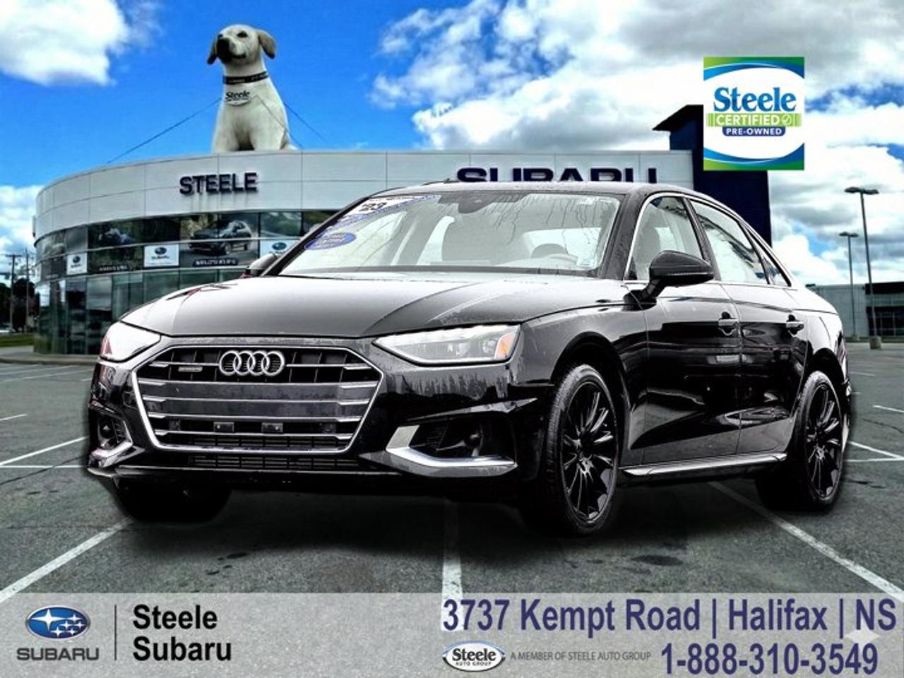 2023 Audi A4 Komfort | quattro AWD | Turbocharged Performance | Heated Front Seats | Apple CarPlayThe Audi A4 feels perfectly suited to life in Nova Scotia, whether youre cruising across the MacKay Bridge on a sunny morning or heading down the South Shore for a weekend getaway. With its refined ride, confident all-weather capability, and premium cabin, it delivers the kind of everyday luxury thats easy to appreciate year-round.The A4 Komfort serves as the foundation of Audis luxury sport sedan lineup, combining premium comfort with sophisticated engineering. Powered by a turbocharged 2.0-litre TFSI engine paired with a smooth automatic transmission and Audis renowned quattro all-wheel drive system, it delivers confident handling, excellent highway composure, and reassuring traction when Maritime weather changes without warning. This one-owner, low-mileage trade-in represents great value for drivers seeking luxury without the cost of buying new. Comfortable enough for daily commuting yet refined enough for longer road trips throughout Atlantic Canada, the A4 strikes an impressive balance between performance, efficiency, and practicality.Performance & Safety* 2.0L turbocharged TFSI 4-cylinder engine* Automatic transmission* quattro all-wheel drive* Audi Pre Sense Front* Lane Departure Warning* Adaptive Cruise Assist* Electronic Stability Control* Traction Control System* Anti-lock Braking System* Rearview cameraComfort & Tech* Heated front seats* Leather seating surfaces* Audi MMI infotainment system* Apple CarPlay & Android Auto* Power drivers seat* Keyless ignition* Three-zone automatic climate control* Heated exterior mirrors* Panoramic sunroof* Bluetooth connectivityContact Steele Subaru in Halifax to schedule a test drive and experience the Audi A4 for yourself. Its a great opportunity to enjoy luxury AWD performance while making the most of Nova Scotias scenic driving season.STEELE CERTIFIEDThis vehicle is Steele Certified, having successfully passed a comprehensive 85-Point Inspection to ensure quality and peace of mind. A current service and Nova Scotia Motor Vehicle Inspection (MVI) has been completed, so its ready for the road. We also provide a Carfax Vehicle History Report for full transparency. Buy with confidence knowing this vehicle has been thoroughly checked by our factory-trained technicians. Trade-ins are always welcome, and were here to help make your next vehicle purchase smooth and worry-free.Ask us about flexible financing or extended warranty options.