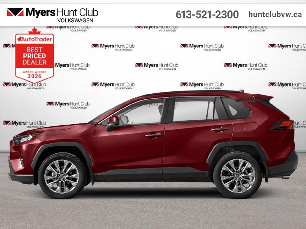 <b>Leather Seats!</b><br> <br> The all-new 2019 RAV4 opens a world of excitement while keeping up with the demands of modern life. This 2019 Toyota RAV4 is fresh on our lot in Gloucester.<br> <br>Introducing the all-new 2019 Toyota RAV4, a radical redesign of a storied legend. While the RAV4 is loaded with modern creature comforts, conveniences, and safety, this SUV is still true to its roots with incredible capability. Make new and exciting memories in this ultra efficient Toyota RAV4!<br> <br>This SUV has 99,800 km. Its Ruby Flare Pearl in colour. It has an Automatic transmission and is powered by a 203HP 2.5L 4 Cylinder Engine. It may have some remaining factory warranty, please check with dealer for details. <br> <br> Our RAV4s trim level is AWD Limited. Stepping up to this top of the line all-wheel drive RAV4 Limited is an excellent choice as it comes fully loaded with SofTex leather heated and cooled seats, a leather heated steering wheel, power sunroof, Toyotas Smart Key system with push button start, a larger 8 inch touchscreen with Entune Audio Premium 3.0, Apple CarPlay, wireless device charging and exclusive aluminum wheels. Additional features include a birds-eye-view camera, a power drivers seat with memory settings, rear heated seats, LED headlights and fog lights, heated power mirrors, hands free power liftgate, Toyota Safety Sense 2.0, dynamic radar cruise control, automatic highbeam assist, blind spot monitoring with rear cross traffic alert, parking assist and lane keep assist with lane departure warning plus so much more. This vehicle has been upgraded with the following features: Leather Seats.<br> <br>To apply right now for financing use this link: <a href=https://www.huntclubvw.ca/financing-request/ target=_blank>https://www.huntclubvw.ca/financing-request/</a><br> <br/><br>At Myers Hunt Club Volkswagen, our focus is customers like you. Our dedicated service, parts, and sales team are here to make your automotive experience a special one. We are very proud of our achievements and awards over the last 25 years and are committed to providing the same great service to our present and future customers. If youre looking for a vehicle, Myers Hunt Club Volkswagen is your destination for new, used, and certified pre-owned Volkswagen vehicles as well as other makes and models. Whatever your needs, we can help you here at Myers Hunt Club Volkswagen. </br><br> Come by and check out our fleet of 40+ used cars and trucks and 120+ new cars and trucks for sale in Gloucester.  o~o