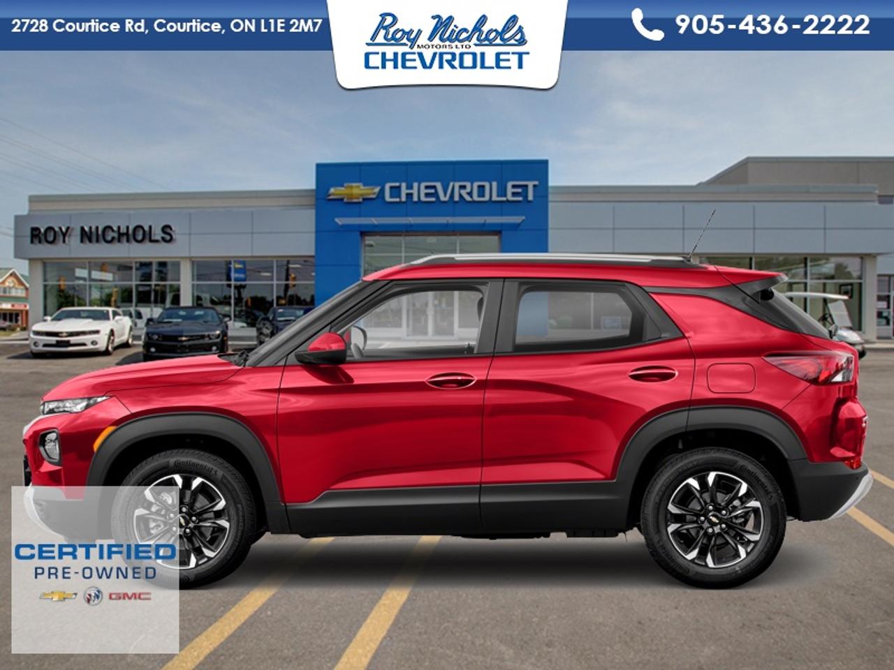 <b>Trade-in, Local, Certified, Low Mileage, Remote Start,  Apple CarPlay,  Android Auto,  Lane Keep Assist,  Aluminum Wheels!</b><br> <br> Whether youre buzzing around town or going completely off the map, the Trailblazer has the efficiency and capability to take you wherever you want. This 2022 Chevrolet Trailblazer is fresh on our lot in Courtice.<br> <br>The 2022 Trailblazer is spacious, bold and has the technology and capability to help you get up and get out there. Whether the trail you blaze is on the pavement or off of it, this incredible Trailblazer is ready to be your partner through it all. Striking style is the first thing youll notice about this SUV. Its sculpted design and bold proportions give it a fresh, modern feel. While its capable chassis and seating for the whole family means this SUV is ready for whats next. The spacious interior features a versatile center console that keeps items within easy reach. Your passengers will stay comfortable with plenty of rear-seat leg room and tons of spots to store their things.<br> <br>This low mileage SUV has just 45,016 km and is a Certified Pre-Owned vehicle. Its Mahogany Red Metallic in colour. It has an Automatic transmission and is powered by a smooth engine. And its got a certified used vehicle warranty for added peace of mind. This vehicle has been upgraded with the following features: Remote Start, Apple CarPlay, Android Auto, Lane Keep Assist, Aluminum Wheels, Park Assist, Blind Spot Detection.<br> <br/>This vehicle has met our highest standard and has been put through the GM certification process by our GM trained technicians. Our GM Certified used vehicles go thru an extensive 150 + point inspection and are reconditioned back to near new condition.  Each vehicle comes with a minimum of a 3 month, 5000 KM warranty or the balance of the factory warranty (whichever is longer) with 24 hour roadside assistance. They also come with satisfaction guaranteed; a 30 day or 2500 km exchange privilege if you are not completely satisfied. And thats standard. If your budget permits, you can extend or upgrade to an even more comprehensive Certified Pre-Owned Vehicle Protection Plan . Youll also appreciate the convenience of being able to transfer any existing warranties to a new owner, should you ever decide to sell your Certified Pre-Owned Vehicle.If you are a student or recently graduated, you may also qualify for an additional $500 discount when a used GM vehicle is purchased.  For more information, please call any of our knowledgeable used vehicle staff at 877-725-5601.<br> <br/><br>Roy Nichols Motors is located in Courtice which is just east of Oshawa and west of Bowmanville. We offer an excellent selection of pre owned vehicles to choose from. To book a test drive or inquire about financing and leasing options, call one of our knowledgeable and professional staff today at (877) 725-5601. <br> Come by and check out our fleet of 30+ used cars and trucks and 180+ new cars and trucks for sale in Courtice.  o~o