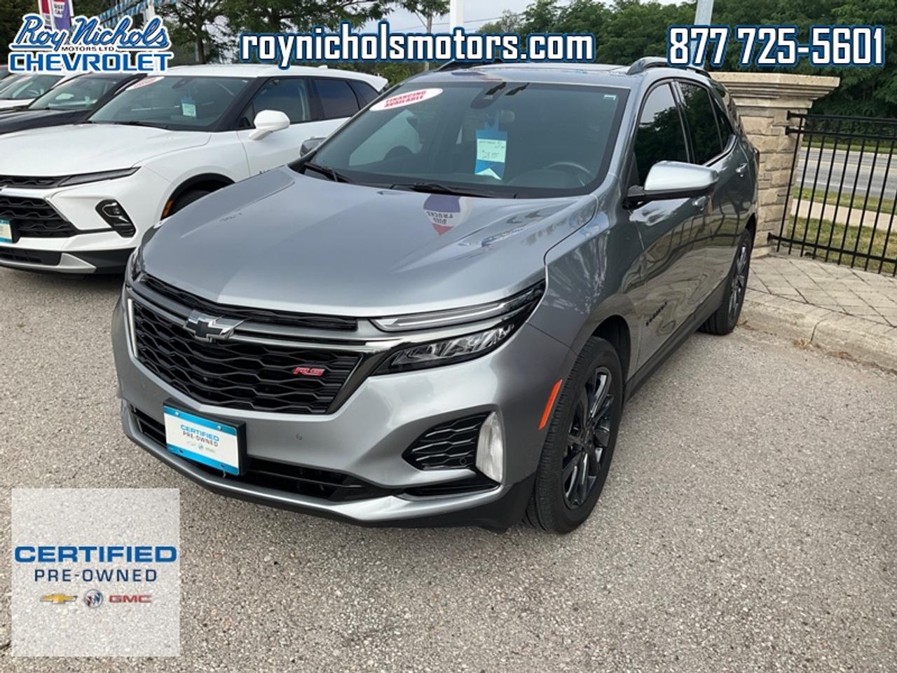 <b>Trade-in, Local, Certified, Heated Seats,  Apple CarPlay,  Android Auto,  Lane Keep Assist,  Lane Departure Warning!</b><br> <br> With plenty of cargo and passenger space, plus all the cool features you expect of a modern family vehicle, this 2023 Chevrolet Equinox is an easy choice for your adventure vehicle. This 2023 Chevrolet Equinox is fresh on our lot in Courtice.<br> <br>When Chevrolet designed this Equinox, they got every detail just right. Its the perfect size - roomy without being too big. This compact SUV pairs eye-catching style with a spacious and versatile cabin thats been thoughtfully designed to put you at the centre of attention. This mid size crossover also comes packed with desirable technology and safety features. This Equinox is more than just a pretty face. Inside, the cabin offers smart features designed to put you at the center of everything. For a mid sized SUV, its hard to beat this Chevrolet Equinox.<br> <br>This SUV has 54,505 km and is a Certified Pre-Owned vehicle. Its Sterling Grey Metallic in colour. It has an Automatic transmission and is powered by a smooth engine. And its got a certified used vehicle warranty for added peace of mind. This vehicle has been upgraded with the following features: Heated Seats, Apple CarPlay, Android Auto, Lane Keep Assist, Lane Departure Warning, Front Pedestrian Braking, Forward Collision Warning.<br> <br/>This vehicle has met our highest standard and has been put through the GM certification process by our GM trained technicians. Our GM Certified used vehicles go thru an extensive 150 + point inspection and are reconditioned back to near new condition.  Each vehicle comes with a minimum of a 3 month, 5000 KM warranty or the balance of the factory warranty (whichever is longer) with 24 hour roadside assistance. They also come with satisfaction guaranteed; a 30 day or 2500 km exchange privilege if you are not completely satisfied. And thats standard. If your budget permits, you can extend or upgrade to an even more comprehensive Certified Pre-Owned Vehicle Protection Plan . Youll also appreciate the convenience of being able to transfer any existing warranties to a new owner, should you ever decide to sell your Certified Pre-Owned Vehicle.If you are a student or recently graduated, you may also qualify for an additional $500 discount when a used GM vehicle is purchased.  For more information, please call any of our knowledgeable used vehicle staff at 877-725-5601.<br> <br/><br>Roy Nichols Motors is located in Courtice which is just east of Oshawa and west of Bowmanville. We offer an excellent selection of pre owned vehicles to choose from. To book a test drive or inquire about financing and leasing options, call one of our knowledgeable and professional staff today at (877) 725-5601. <br> Come by and check out our fleet of 30+ used cars and trucks and 180+ new cars and trucks for sale in Courtice.  o~o