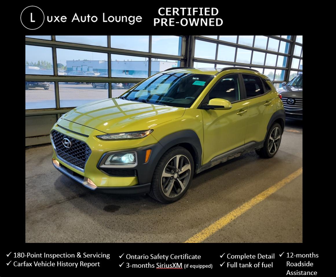<p>STAND OUT FROM THE REST with this beautiful 2020 Hyundai Kona Ultimate in a&nbsp;<strong>Lime Twist&nbsp;</strong>colour! This well-equipped Kona combines sporty styling, practicality, and premium features in one fun-to-drive SUV!&nbsp;The <strong>Ultimate trim</strong> brings a great selection of features, including a panoramic sunroof, leather interior, heated and front seats, heated steering wheel, navigation, premium audio, heads-up display, and MORE!</p><p>This vehicle comes Luxe certified select pre-owned, which includes: 100-point inspection & servicing, oil lube and filter change, Ontario safety certificate,&nbsp;<em><strong>Available</strong></em> Luxe Assurance Package, complete interior and exterior detailing, <em><strong>No-charge first oil change!</strong></em>, Carfax Verified vehicle history report, guaranteed one key (additional keys may be purchased at time of sale) and FREE 90-day SiriusXM satellite radio trial (on factory-equipped vehicles)! Remember, we built our business on quality, trust, service, and we deliver. PERIOD. <strong>**<em>Ask about our U-select Standard Plus Extended Powertrain Warranty Covearge!!**</em> </strong><strong>Proudly </strong><strong>Family Owned and Operated in the Orleans community for over 16 years!</strong></p><p><strong>Priced at ONLY $189 bi-weekly with $1500 down over 72 months at 7.99% (cost of borrowing is $1899 per $10000 financed) OR cash purchase price of $23995 (both prices are plus HST and licensing). Call and book your test drive appointment today!!</strong></p>