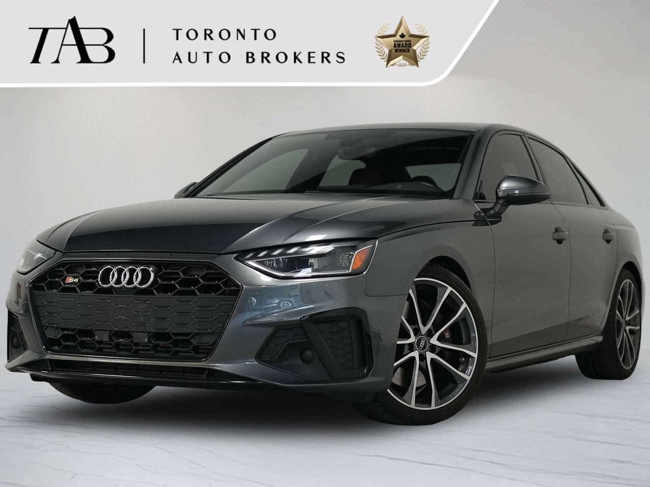 This stunning 2021 Audi S4 3.0T Progressiv is a local Ontario vehicle, offering an impressive combination of exhilarating performance, sophisticated luxury, and everyday practicality. Powered by a 3.0L turbocharged TFSI V6 engine producing 349 horsepower, the S4 delivers strong acceleration and confident handling while maintaining the refined driving experience Audi is known for. Finished with a sleek exterior, a panoramic sunroof, and a striking red leather interior, this S4 combines sporty character with premium comfort and advanced technology. Key features Include: 42X  19" 5-V-Spoke Wheels with 255/35R19 Performance Tires 9ZE  Phonebox Wireless Charging PFV  Black Package * Audi Drive Select * Sport-Tuned S Suspension * S Sport Exterior Styling * Red Leather Interior * Heated Front Sport Seats * Power Front Seats with Driver Memory * Leather-Wrapped S Steering Wheel * Audi Virtual Cockpit Plus * MMI Navigation Plus * Apple CarPlay & Android Auto * Bang & Olufsen&reg; Premium Sound System * Audi Smartphone Interface * Audi Pre Sense&reg; Front * Audi Side Assist * Rearview Camera * Front & Rear Parking Sensors * Tri-Zone Automatic Climate Control * LED Headlights & Taillights * Power-Folding Heated Exterior Mirrors * Keyless Start * Audi Connect * Bluetooth Connectivity NOW OFFERING 3 MONTH DEFERRED FINANCING PAYMENTS ON APPROVED CREDIT.  WE OFFER THE BEST FINANCE RATES, AND DONT CHARGE ANY FINANCING FEE  Looking for a top-rated pre-owned luxury car dealership in the GTA? Look no further than Toronto Auto Brokers (TAB)! Were proud to have won multiple awards, including the 2024 AutoTrader Best Priced Dealer, the 2024 CarGurus Award, the 2025 Top Choice Award, the 2025 Consumer Satisfaction Award, the 2025 Canadian Choice Award, the 2025 Three Best Rated Dealer Award, and many more! With 30 years of experience serving the Greater Toronto Area, TAB is a respected and trusted name in the pre-owned luxury car industry. Our 30,000 sq.Ft indoor showroom is home to a wide range of luxury vehicles from top brands like BMW, Mercedes-Benz, Audi, Porsche, Land Rover, Jaguar, Aston Martin, Bentley, Maserati, and more. And we dont just serve the GTA, were proud to offer our services to all cities in Canada, including Vancouver, Montreal, Calgary, Edmonton, Winnipeg, Saskatchewan, Halifax, and more. At TAB, were committed to providing a no-pressure environment and honest work ethics. As a family-owned and operated business, we treat every customer like family and ensure that every interaction is a positive one. Come experience the TAB Lifestyle at its truest form, luxury car buying has never been more enjoyable and exciting! We offer a variety of services to make your purchase experience as easy and stress-free as possible. From competitive and simple financing and leasing options to extended warranties, aftermarket services, and full history reports on every vehicle, we have everything you need to make an informed decision. We welcome every trade, even if youre just looking to sell your car without buying, and when it comes to financing or leasing, we offer same day approvals, with access to over 50 lenders, including all of the banks in Canada. Feel free to check out your own Equifax credit score without affecting your credit score, simply click on the Equifax tab above and see if you qualify. Call us today or visit our website to learn more about our inventory and services. And remember, all prices exclude applicable taxes and licensing, and vehicles can be certified at an additional cost of $999.