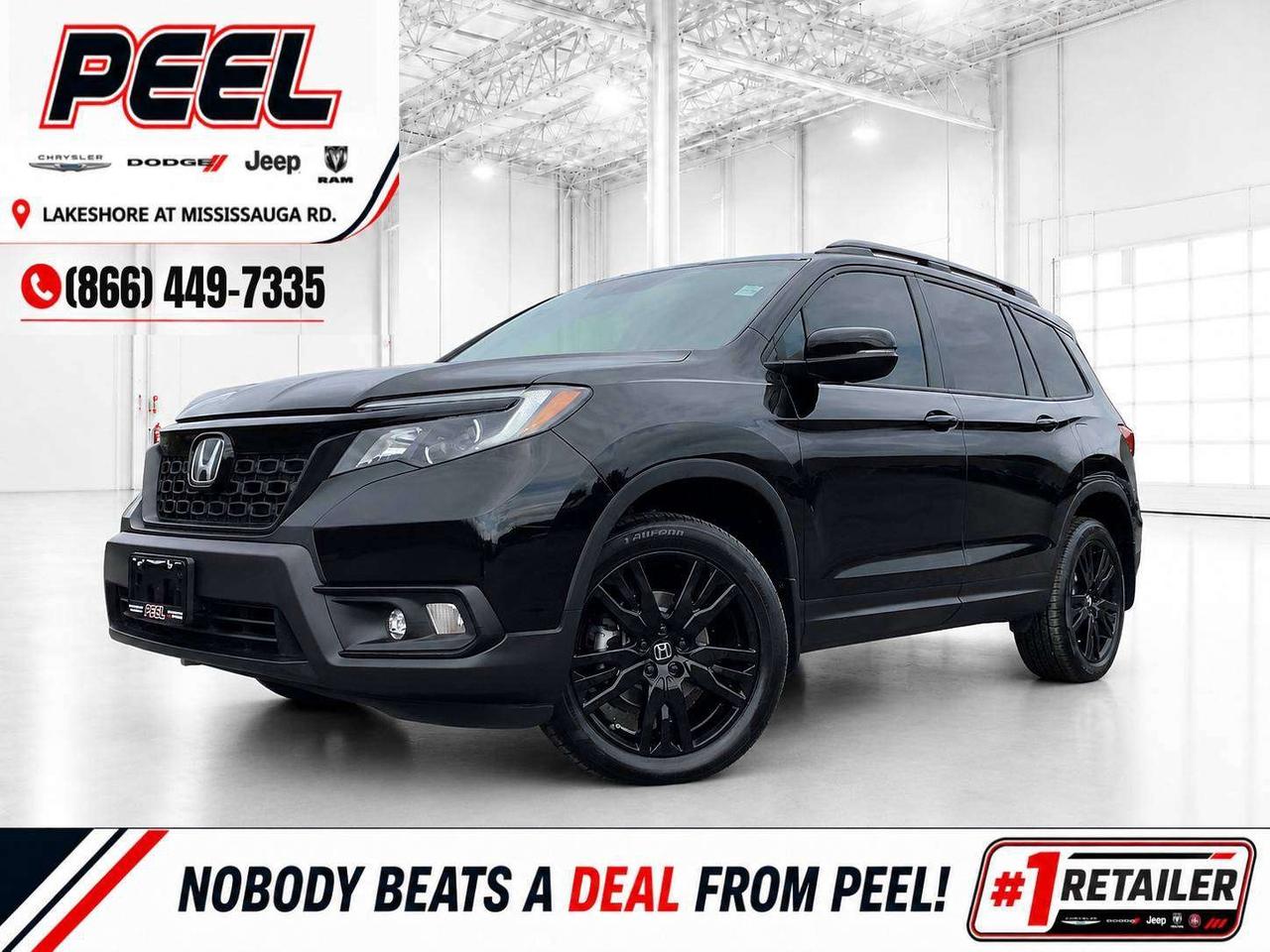 COME SEE WHY NOBODY BEATS A DEAL FROM PEEL! Your Source for ALL make and models used cars and trucks. 2021 Honda Passport Sport AWD | 3.5L i-VTEC V6 | Crystal Black Pearl | Black Leather-Trimmed Heated Front Seats | Power Driver Seat with Lumbar Support | Power Moonroof | Tri-Zone Automatic Climate Control | Remote Engine Start | Proximity Key Entry with Push-Button Start | 8-Inch Display Audio Touchscreen | Apple CarPlay & Android Auto | Bluetooth | 7-Speaker Audio System with Subwoofer | Honda Sensing Safety Suite | Adaptive Cruise Control | Lane Keeping Assist | Collision Mitigation Braking | Forward Collision Warning | Lane Departure Warning | Road Departure Mitigation | Multi-Angle Rear Back-Up Camera | Honda LaneWatch Blind-Spot Display | Power Tailgate | LED Fog Lights | Heated Power Mirrors | 20-Inch Black Alloy Wheels | Roof Rails This 2021 Honda Passport Sport AWD looks exactly how a Passport should in Crystal Black Pearl over black leather, finished with black 20-inch alloy wheels for a clean, aggressive all-black appearance. Its 3.5L i-VTEC V6 delivers 280 horsepower through Hondas intelligent all-wheel-drive system, giving you strong passing power, confident winter traction, and the practical cargo space that makes the Passport such an appealing alternative to a typical midsize SUV. Inside, heated leather-trimmed front seats, a power driver seat, power moonroof, tri-zone automatic climate control, remote start, proximity entry, and push-button start make it comfortable and convenient every day. The 8-inch touchscreen with Apple CarPlay, Android Auto, Bluetooth, and upgraded 7-speaker audio keeps the drive connected, while Honda Sensing adds adaptive cruise control, lane keeping assist, forward collision warning, collision-mitigation braking, and road-departure mitigation. With a power tailgate, roof rails, LED fog lights, rear camera, and Honda LaneWatch blind-spot display, this Passport Sport is a sharp, capable V6 AWD SUV with the right equipment and an especially desirable black-on-black look. ______________________________________________________ FREE CarFax included! Click the CarFax link in the listing to view the report. Our advertised prices are for consumers/end users only and are not intended for dealer, wholesale, exporter, or broker purchases. ______________________________________________________ Peel Chrysler is based in Port Credit, Mississauga, and proudly serves customers across Ontario and Canada, including Toronto, Oakville, North York, Richmond Hill, Ajax, Hamilton, Niagara Falls, Brampton, Scarborough, Vaughan, London, Windsor, Cambridge, Kitchener, Waterloo, Brantford, Sarnia, Pickering, Huntsville, Milton, Woodbridge, Aurora, Newmarket, Orangeville, Georgetown, Markham, North Bay, Sudbury, Barrie, Oshawa, Kingston, Innisfil, and surrounding areas. Browse our selection of used cars, trucks, SUVs, vans, Ram, Jeep, Dodge, Chrysler, FIAT, and all makes and models at peelchrysler.com. ______________________________________________________ Disclaimer: Prices are for consumer/end-user purchases only. Advertised prices are all-in and include all dealer fees and charges, including the $599 loan processing fee where applicable, except HST, Fuel and Licensing, unless otherwise stated. Payments, rates, and terms are subject to approved credit and may change without notice. If a trade-in has an outstanding loan balance and Peel Chrysler is required to facilitate the lien payout, a $349 lien payout fee applies. Most pre-owned vehicles originally come with two keys; however, all Peel Chrysler pre-owned vehicles come standard with one key unless otherwise stated. Vehicle images may be digitally adjusted or enhanced for presentation purposes and may not always reflect the exact appearance of the vehicle. While we make every effort to ensure accuracy, vehicle details, features, options, materials, history, specifications, pricing, availability, and CarFax information should be verified with Peel Chrysler before purchase.