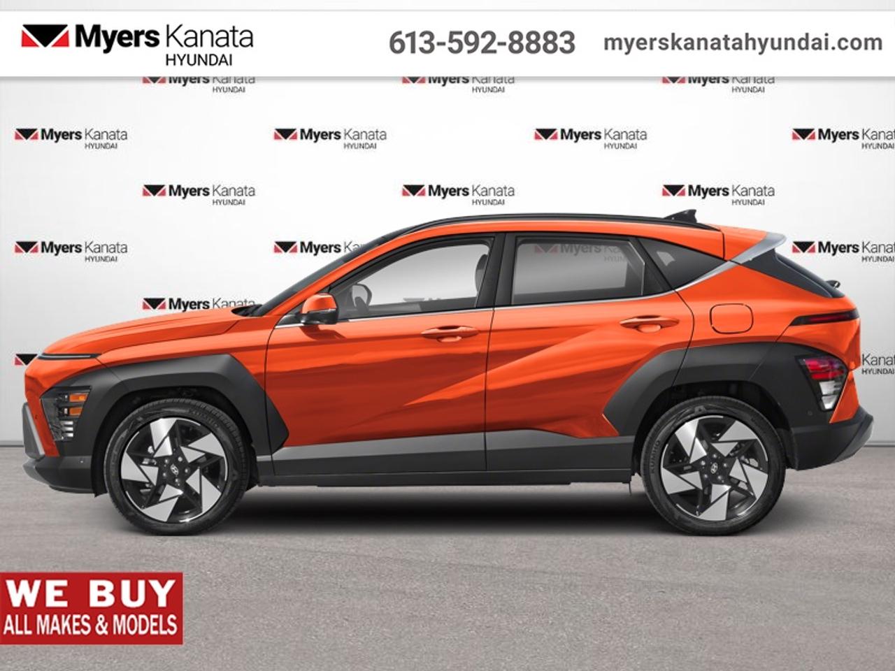 Hello. This multi-purpose 2027 Hyundai Kona Luxury is for sale now in Kanata. This Soultronic Oran SUV has an Automatic transmission. <br> <br> Our Konas trim level is Luxury.<br><br> <br>To apply right now for financing use this link: <a href=https://www.myerskanatahyundai.com/finance/ target=_blank>https://www.myerskanatahyundai.com/finance/</a><br> <br/>5.99% financing for 96 months. <br> Buy this vehicle now for the lowest weekly payment of <b>$136.69</b> with $0 down for 96 months @ 5.99% APR O.A.C. ( Plus applicable taxes - $2596 and licensing fees **Rebates may not be applicable on all purchase types [cash, lease, or finance]. Eligibility and conditions may vary. Please see dealer for full details and confirmation of eligibility. ). Incentives expire 2026-08-31. See dealer for details. <br><br>This vehicle is located at Myers Kanata Hyundai 400-2500 Palladium Dr Kanata, Ontario. <br><br> Come by and check out our fleet of 40+ used cars and trucks and 170+ new cars and trucks for sale in Kanata.  o~o