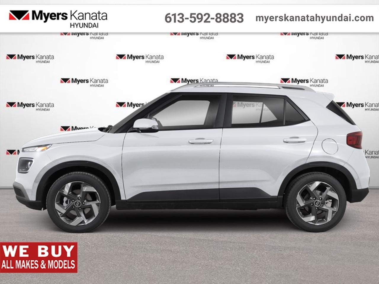 <b>Sunroof,  Heated Seats,  Heated Steering Wheel,  Remote Start,  Blind Spot Monitoring!</b><br> <br> From the first step inside the 2026 Hyundai Venue youll enjoy the features that make the cabin space your favourite place to be.<br> <br>With an amazing, urban sized footprint, plus a massive amount of cargo space, this 2026 Venue can do it all. Whether you need a grocery getter, kid hauler, or an errand runner, this 2026 Venue is ready to turn everything into an adventure. This modern Venue has a bold yet sophisticated SUV profile that radiates road presence and allows you to express your unique sense of style.<br> <br>This Atlas Wht SUV has an Automatic transmission. <br> <br> Our Venues trim level is Ultimate. This cabin emphasizes comfort with heated front bucket seats, a 6-way adjustable drivers seat, a heated leather steering wheel, premium cloth upholstery with leatherette bolsters, and versatile 60/40 rear seating supported by thoughtful storage solutions and a sliding center armrest. A power sliding and tilting sunroof brings natural light into a space enhanced by automatic climate control, illuminated touchpoints, smart key access with push-button start, and well-organized cabin bins. Technology and infotainment are streamlined through an 8-inch touchscreen with wireless Android Auto and Apple CarPlay, Bluetooth voice recognition, streaming audio, six speakers, and a clean digital display cluster with redundant digital speedometer and trip functions. Safety is extensive, providing forward collision-avoidance assist, blind-spot and rear cross-traffic warnings, lane-keeping support, driver-monitoring alert, stability and traction systems, multiple airbags including full-length curtains, tire-pressure monitoring, and a rearview camera. This vehicle has been upgraded with the following features: Sunroof, Heated Seats, Heated Steering Wheel, Remote Start, Blind Spot Monitoring, Lane Keep Assist, Collision Mitigation .<br><br> <br>To apply right now for financing use this link: <a href=https://www.myerskanatahyundai.com/finance/ target=_blank>https://www.myerskanatahyundai.com/finance/</a><br> <br/>This vehicle may qualify for $500 Military Program Bonus. 5.99% financing for 96 months. <br> Buy this vehicle now for the lowest weekly payment of <b>$103.85</b> with $0 down for 96 months @ 5.99% APR O.A.C. ( Plus applicable taxes - $2596 and licensing fees **Rebates may not be applicable on all purchase types [cash, lease, or finance]. Eligibility and conditions may vary. Please see dealer for full details and confirmation of eligibility. ). Incentives expire 2026-08-31. See dealer for details. <br><br>This vehicle is located at Myers Kanata Hyundai 400-2500 Palladium Dr Kanata, Ontario. <br><br> Come by and check out our fleet of 40+ used cars and trucks and 170+ new cars and trucks for sale in Kanata.  o~o