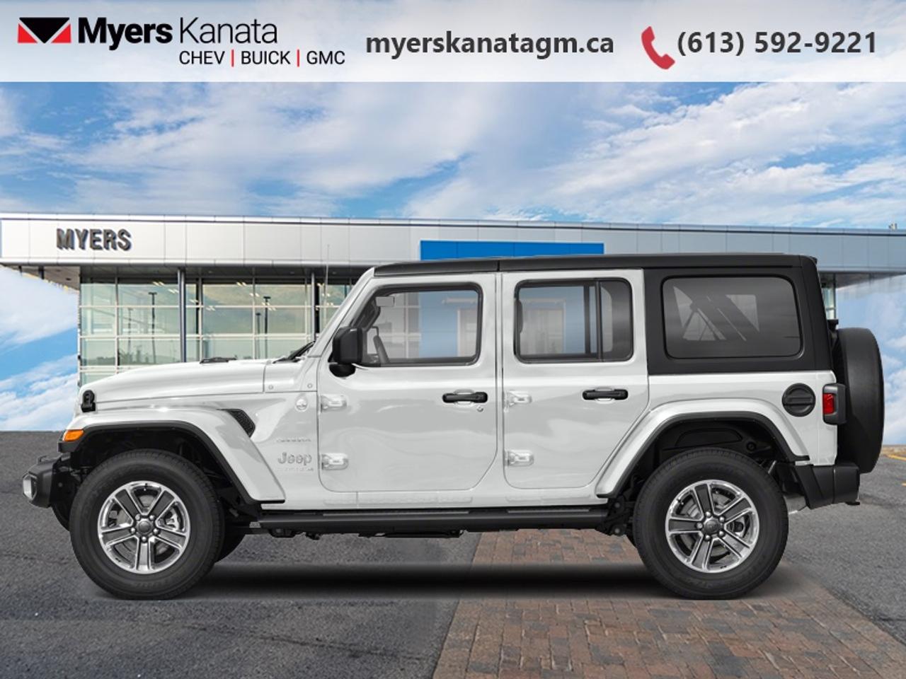 <b>Low Mileage, Navigation,  Premium Audio,  Apple CarPlay,  Android Auto,  4G Wi-Fi!</b><br> <br> This 2023 Jeep Wrangler is fresh on our lot in Kanata.<br> <br>No matter where your next adventure takes you, this Jeep Wrangler is ready for the challenge. With advanced traction and handling capability, sophisticated safety features and ample ground clearance, the Wrangler is designed to climb up and crawl over the toughest terrain. Inside the cabin of this Wrangler offers supportive seats and comes loaded with the technology you expect while staying loyal to the style and design youve come to know and love.<br> <br>This low mileage SUV has just 30,565 km. Its Bright White in colour. It has an Automatic transmission and is powered by a smooth engine. <br> <br> Our Wranglers trim level is Sahara. This Wrangler Sahara is the perfect balance between a family SUV and a weekend toy. With interior features like navigation, interior ambient lighting, Alpine Premium Audio System, Apple CarPlay, Android Auto, and wi-fi, you get to make everyday driving an engaging experience. This Sahara does not slack on the trail, sporting a hardtop, heavy duty suspension, bigger wheels, side steps, skid plates, tow hooks, a sport bar, Dana axles, and a shift-on-the-fly transfer case to ensure you can make it through the harshest terrain while aluminum wheels make sure you do it in style. A rearview camera and fog lamps help you stay safe. This vehicle has been upgraded with the following features: Navigation, Premium Audio, Apple CarPlay, Android Auto, 4G Wi-Fi, Aluminum Wheels, Rear Camera.<br> To view the original window sticker for this vehicle view this <a href=http://www.chrysler.com/hostd/windowsticker/getWindowStickerPdf.do?vin=1C4HJXEN6PW518621 target=_blank>http://www.chrysler.com/hostd/windowsticker/getWindowStickerPdf.do?vin=1C4HJXEN6PW518621</a>. <br/><br> <br>To apply right now for financing use this link: <a href=https://www.myerskanatagm.ca/finance/ target=_blank>https://www.myerskanatagm.ca/finance/</a><br> <br/><br>Price is plus HST and licence only.<br> Book a test drive today at myerskanatagm.ca<br>*LIFETIME ENGINE TRANSMISSION WARRANTY NOT AVAILABLE ON VEHICLES WITH KMS EXCEEDING 140,000KM, VEHICLES 8 YEARS & OLDER, OR HIGHLINE BRAND VEHICLE(eg. BMW, INFINITI. CADILLAC, LEXUS...)<br> Come by and check out our fleet of 50+ used cars and trucks and 140+ new cars and trucks for sale in Kanata.  o~o