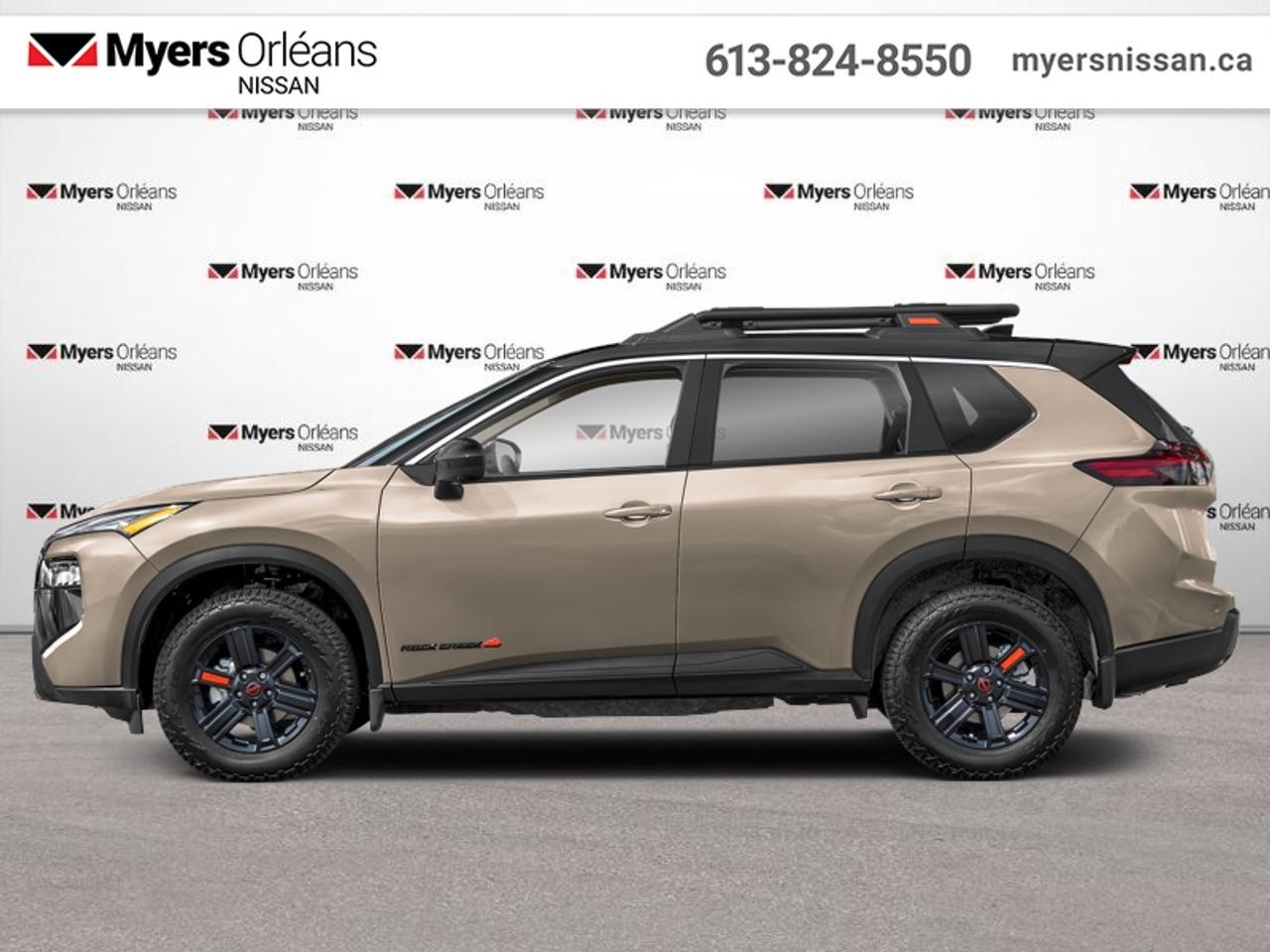 <b>Power Liftgate,  360 Camera,  Intelligent Cruise Control,  Heated Steering Wheel,  Remote Start!</b><br> <br> This stylish SUV combines confident capability with a refined and versatile design that fits every lifestyle.<br> <br>Nissan was out for more than designing a good crossover in this 2026 Rogue. They were designing an experience. Whether your adventure takes you on a winding mountain path or finding the secrets within the city limits, this Rogue is up for it all. Spirited and refined with space for all your cargo and the biggest personalities, this Rogue is an easy choice for your next family vehicle.<br> <br>This 2-tone Baja Storm SUV has an Automatic transmission and is powered by a 201HP 1.5L 3 Cylinder Engine. <br> <br> Our Rogues trim level is Rock Creek. Built for those who crave adventure and refinement in equal measure, this rugged SUV combines bold styling with practical capability. Its commanding exterior features black accents, roof rails and a power liftgate for rear cargo access. Inside, premium leatherette seats with contrast stitching and Rock Creek badging, heated front seats, and dual-zone automatic climate control create a comfortable, upscale atmosphere. The intuitive infotainment system includes an 8-inch touchscreen, Apple CarPlay, Android Auto, Wi-Fi hotspot, and NissanConnect Services for seamless connectivity. Smart features like remote start, Intelligent Cruise Control, and ProPILOT Assist make every drive easier, while advanced safety technologies including the Around View Monitor, Blind Spot Intervention, Intelligent Lane Intervention, and Collision Mitigation help ensure confidence on and off the road. This vehicle has been upgraded with the following features: Power Liftgate, 360 Camera, Intelligent Cruise Control, Heated Steering Wheel, Remote Start, Lane Departure Warning, Blind Spot Warning.<br><br> <br/>Total rebate of $5000 is reflected in the price. Credit includes $5,000 Non-Stackable Dollars for Cash Purchase only, available in lieu of subvented financing rates. Incentives expire 2026-08-31. See dealer for details. <br> <br> <br>LEASING:<br><br>Estimated Lease Payment: $569/m <br>Payment based on 1.9% lease financing for 48 months with $0 down payment on approved credit. Total obligation $27,337. Mileage allowance of 16,000 KM/year. Offer expires 2026-08-31.<br><br><br>We are proud to regularly serve our clients and ready to help you find the right car that fits your needs, your wants, and your budget.And, of course, were always happy to answer any of your questions.Proudly supporting Ottawa, Orleans, Vanier, Barrhaven, Kanata, Nepean, Stittsville, Carp, Dunrobin, Kemptville, Westboro, Cumberland, Rockland, Embrun , Casselman , Limoges, Crysler and beyond! Call us at (613) 824-8550 or use the Get More Info button for more information. Please see dealer for details. The vehicle may not be exactly as shown. The selling price includes all fees, licensing & taxes are extra. OMVIC licensed.Find out why Myers Orleans Nissan is Ottawas number one rated Nissan dealership for customer satisfaction! We take pride in offering our clients exceptional bilingual customer service throughout our sales, service and parts departments. Located just off highway 174 at the Jean DÀrc exit, in the Orleans Auto Mall, we have a huge selection of New vehicles and our professional team will help you find the Nissan that fits both your lifestyle and budget. And if we dont have it here, we will find it or you! Visit or call us today.<br> Come by and check out our fleet of 30+ used cars and trucks and 120+ new cars and trucks for sale in Orleans.  o~o