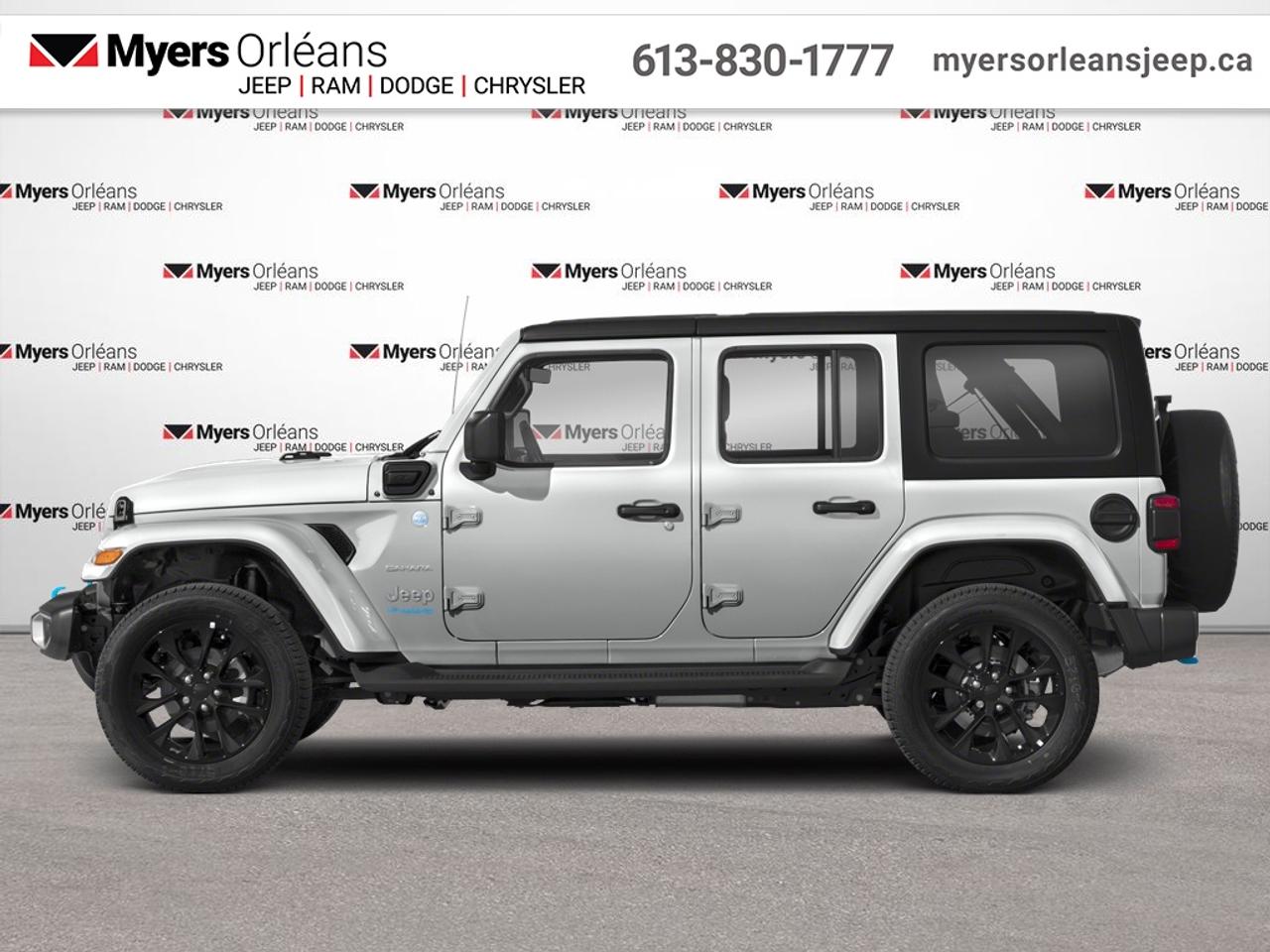 <b>Hybrid,  Fast Charging,  Navigation,  Premium Audio,  4G Wi-Fi!</b><br> <br>  Compare at $36208 -  is just $35498! <br> <br>Forging a new path into the future, this Jeep Wrangler 4xe has all the legendary capability and open-air freedom that the Wrangler is known for. This 2023 Jeep Wrangler 4xe is fresh on our lot in Orleans.<br> <br>No matter where your next adventure takes you, this Jeep Wrangler 4xe is ready for the challenge. With advanced traction and plug-in hybrid technology, sophisticated safety features and ample ground clearance, the Wrangler 4xe is designed to climb up and crawl over the toughest terrain. Inside the cabin of this advanced Wrangler 4xe offers supportive seats and comes loaded with the technology you expect while staying loyal to the style and design youve come to know and love.<br> <br>This SUV has 88,235 km. Its Bright White in colour. It has an Automatic transmission and is powered by a 375HP 2.0L 4 Cylinder Engine. <br> <br> Our Wrangler 4xes trim level is Sahara. This Unlimited Sahara 4xe features a hybrid powertrain with fast charging, along with sport suspension, upgraded aluminum wheels with a full-size spare, a manual convertible targa sunroof with fixed roll-over protection, and a flip-up rear window with a defroster and a wiper washer. Additional features include 3 skid plates for undercarriage protection, towing equipment including trailer sway control, two tow hooks on the front bumper and one on the rear, front fog lamps, and a ParkView back-up camera. Connectivity is handled by an upgraded 8.4-inch screen powered by Uconnect 4C NAV, and features inbuilt navigation, Apple CarPlay, Android Auto, 4G LTE mobile hotspot internet access, and an upgraded 9-speaker Alpine audio system. Comfort and convenience features also include power rear windows, a leatherette-wrapped steering wheel, illuminated front and rear cupholders, a Freedom Panel storage bag, two 12-volt DC and a 120-volt AC power outlets, proximity keyless entry with push button start, voice-activated dual-zone front climate control, front and rear map lights, and all-weather floor mats. This vehicle has been upgraded with the following features: Hybrid, Fast Charging, Navigation, Premium Audio, 4G Wi-Fi, Climate Control, Apple CarPlay.<br> To view the original window sticker for this vehicle view this <a href=http://www.chrysler.com/hostd/windowsticker/getWindowStickerPdf.do?vin=1C4JJXP63PW504814 target=_blank>http://www.chrysler.com/hostd/windowsticker/getWindowStickerPdf.do?vin=1C4JJXP63PW504814</a>. <br/><br> <br>To apply right now for financing use this link: <a href=https://www.myersorleansjeep.ca/apply-for-financing/ target=_blank>https://www.myersorleansjeep.ca/apply-for-financing/</a><br> <br/>Buy this vehicle now for the lowest weekly payment of <b>$107.45</b> with $0 down for 96 months @ 5.99% APR O.A.C. ( Plus applicable taxes - Plus applicable fees / Total Obligation of $44700 ). See dealer for details. <br><br>The road to new driving experiences begins in our inventory, where youll find an incredible array of brand-new cars, trucks, minivans, and SUVs, including two of our bestselling models, the Dodge Ram 1500 and the Dodge Grand Caravan. If you want to know what the cutting edge of automotive technology looks like, all you have to do is visit Myers Orleans Jeep! Each model comes loaded with the convenient features and cool technology that help make every trip memorable. Looking for additional everyday luxury at a price thats incredibly wallet-friendly? Choose from our selection of quality pre-owned models! If you can think of a road, our friendly and knowledgeable sales team will help you find the perfect vehicle to drive it.<br><br>We may be a well-established dealership thats been part of the community for many years, but that doesnt mean were stuck in the past! At Myers Orleans Jeep, were proud to provide a fresh, modern approach to car buying. Using our array of online tools, you can browse our extensive inventory, schedule a service appointment, order parts, and even apply for credit from wherever youve got a connection. Our goal is to create relationships that will last, and we know that the best way to do this is by providing a dealership experience thats based on honesty, transparency, trust, and a commitment to customers. Stop by today and discover all the ways we go above and beyond for you.<br><br> Come by and check out our fleet of 40+ used cars and trucks and 60+ new cars and trucks for sale in Orleans.  o~o
