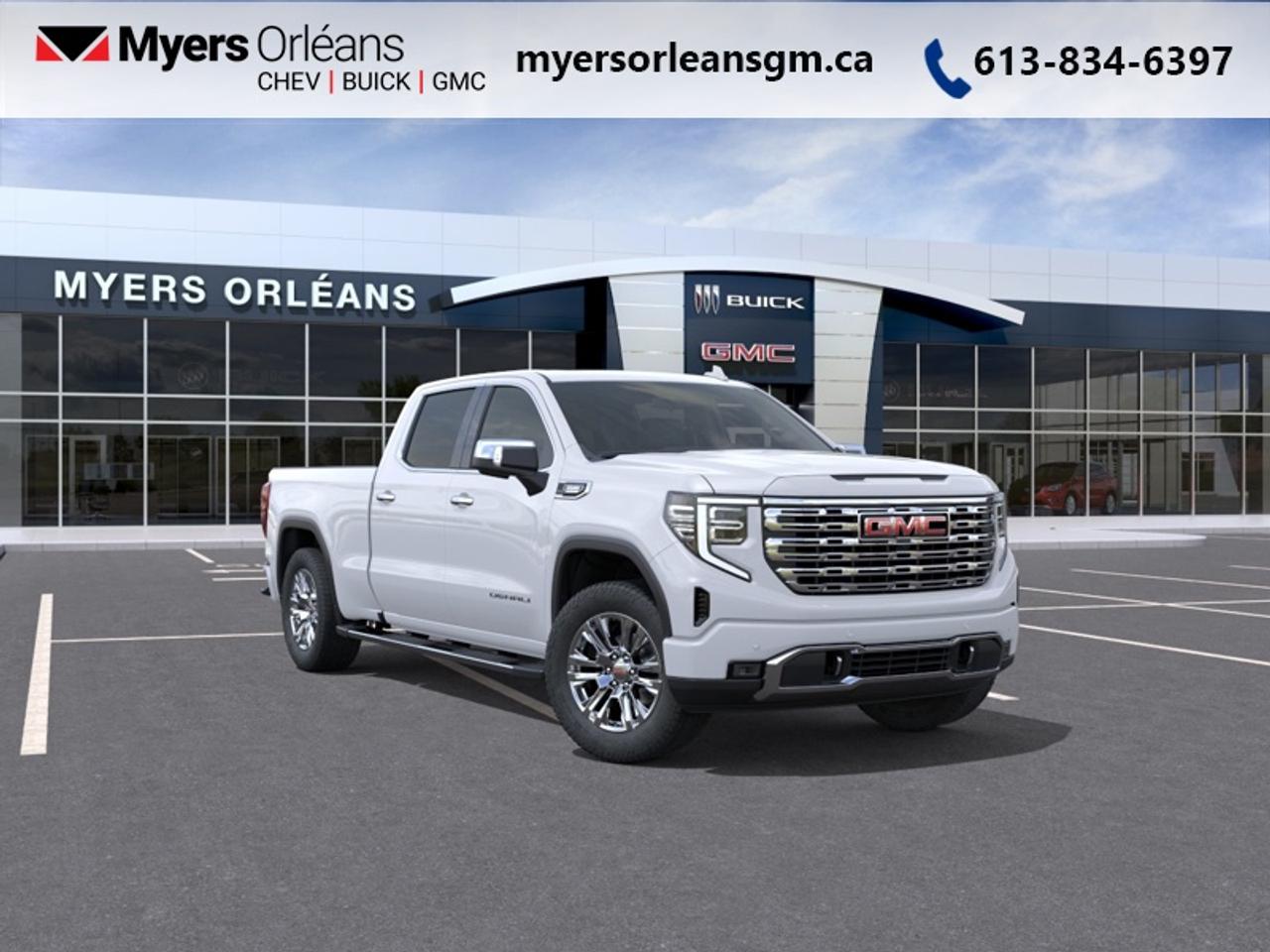 <b>Duramax 3.0L Turbo Diesel Engine, Leather Seats, Sunroof, Denali Preferred Equipment Group, Spray-On Bedliner!</b><br> <br> For more than 80 years, the Myers Automotive Group has brought exceptional vehicles and world-class service to drivers in the Ottawa area. Myers Orleans Chevrolet Buick GMC is proud to serve Greater Ottawa, and to continue the tradition of excellence that the Myers name is known for. We are your trusted and professional choice since 1942!<br> <br>With a bold profile and distinctive stance, this 2026 Sierra turns heads and makes a statement on the jobsite, out in town or wherever life leads you.<br> <br>This 2026 GMC Sierra 1500 stands out in the midsize pickup truck segment, with bold proportions that create a commanding stance on and off road. Next level comfort and technology is paired with its outstanding performance and capability. Inside, the Sierra 1500 supports you through rough terrain with expertly designed seats and robust suspension. This amazing 2026 Sierra 1500 is ready for whatever.<br> <br>This Glacier White Tricoat sought after diesel Crew Cab 4X4 pickup has an Automatic transmission and is powered by a 305HP 3.0L Straight 6 Cylinder Engine. <br> <br> Our Sierra 1500s trim level is Denali. This trim blends premium craftsmanship with cutting-edge technology and everyday capability. A 13.4 GMC Premium Infotainment System with Google built-in, wireless Apple CarPlay and Android Auto, Bose 7-speaker audio, and a 12.3 reconfigurable digital display keep the cabin highly connected, while heated and ventilated leather front seats, heated rear outboard seats, dual-zone climate control, and wireless charging enhance comfort on every drive. GMC Pro Safety with Enhanced Automatic Emergency Braking, HD Surround Vision, Lane Keep Assist, Trailer Side Blind Zone Alert, and Hitch Guidance delivers confidence, while the MultiPro Tailgate, integrated trailer brake controller, and spray-on bedliner ensure practical utility. This vehicle has been upgraded with the following features: Duramax 3.0L Turbo Diesel Engine, Leather Seats, Sunroof, Denali Preferred Equipment Group, Spray-On Bedliner, Technology Package.<br><br> <br>To apply right now for financing use this link: <a href=https://www.myersorleansgm.ca/FinancePreQualForm target=_blank>https://www.myersorleansgm.ca/FinancePreQualForm</a><br> <br/>Total rebate of $5500 is reflected in the price. Incentives expire 2026-08-31. See dealer for details. <br><br>At Myers Orleans Chevrolet, youll find an impressive inventory of brand-new Chevrolet, Buick, and GMC vehicles. But we dont stop there! We also offer an amazing array of gently-used cars, trucks, and SUVs from Chevrolet, as well as a selection of alternate-brand used vehicles from some of Canadas favourite auto makers. When you choose to shop with Myers, youre not limited to what you can find on our well-appointed lot. Youve got the resources of an entire automotive group at your fingertips! Our friendly, no-pressure sales team will go through your list of must-haves, and will match you with the vehicle from Myers that checks off all the right boxes.<br> Come by and check out our fleet of 40+ used cars and trucks and 200+ new cars and trucks for sale in Orleans.  o~o
