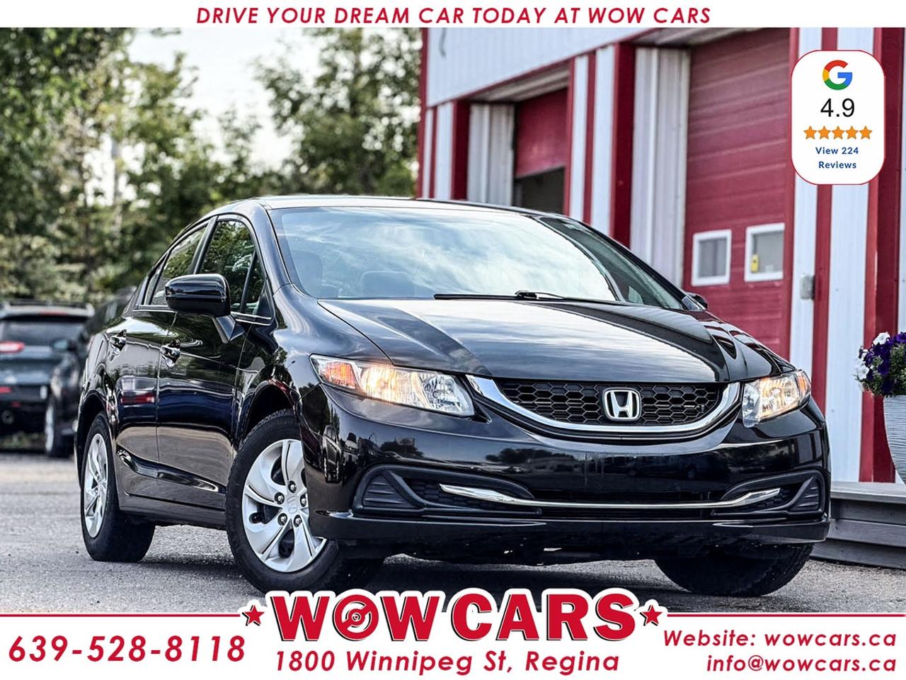 2014 Honda Civic LX :Odometer: 125,496 Km <br/> Sale Price: $16,990+taxes <br/> <br/> <br/> WOW Factors:- -Certified and mechanical inspection <br/> -One Owner <br/> -Dealer Serviced <br/> <br/> Highlight Features:--Power Windows <br/> -Power Locks <br/> -Bluetooth Connectivity <br/> -Heated Seats <br/> -Cruise Control and much more. <br/> <br/> <br/> Driven by Trust, Powered by Family  Your Destination for Quality Pre-Owned Vehicles <br/> At our family-owned dealership, customer satisfaction isnt just a goal  its our promise. We specialize in pre-owned Cars, SUVs, Vans, and Trucks, offering standout value with the WOW factors that set us apart. From exceptional Google reviews to unmatched after-sales service, we go above and beyond to make your experience seamless, transparent, and friendly. <br/> <br/> <br/> Visit WOW CARS Today at 1800 Winnipeg Street Regina, SK S4P1G2, or give us a call at (639) 528-8II8. <br/>
