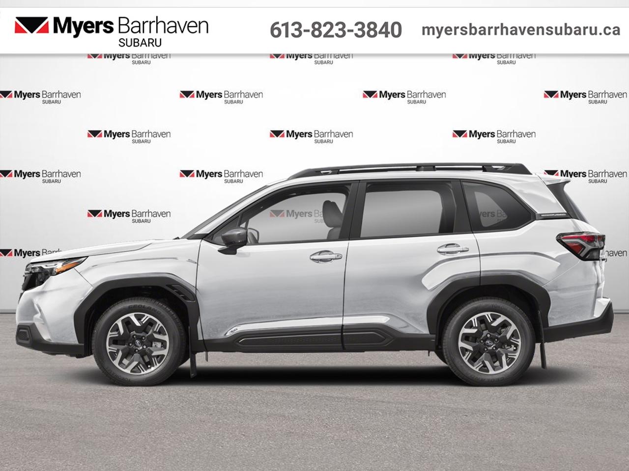 <b>Panoramic Sunroof,  Power Liftgate,  Heated Seats,  Adaptive Cruise Control,  Lane Keep Assist!</b><br> <br> The 2026 Subaru Forester delivers rugged versatility, confident design and standard all-wheel drive for every kind of journey.<br> <br>From the outside, the 2026 Subaru Forester showcases a robust stance, refined bodywork and upscale lighting that highlight its purposeful SUV persona. Inside, the cabin features quality materials, intuitive connectivity and seating designed for comfort, whether youre driving or riding along. With its enduring all-wheel-drive system, smart features and Subarus reputation for dependability, the Forester offers a well-rounded driving experience for both everyday life and adventure.<br> <br>This Crystal White Pearl SUV has an Automatic transmission and is powered by a 180HP 2.5L 4 Cylinder Engine. <br> <br> Our Foresters trim level is Touring. The interior is crafted for everyday comfort and convenience, offering heated front bucket seats with three heat settings, a 10-way power-adjustable drivers seat with lumbar support, and dual-zone automatic climate control for personalized comfort. Premium cloth upholstery, a heated leather steering wheel, and a spacious cabin layout with intuitive controls create a refined yet practical atmosphere. The 11.6-inch tablet-style infotainment system integrates wireless Apple CarPlay, Android Auto, Bluetooth, SiriusXM, and MySubaru Connected Services for seamless connectivity, while multiple USB-A and USB-C ports keep devices charged on the go. Safety is enhanced with Subarus EyeSight suite, including adaptive cruise control, pre-collision braking, lane centering assist, blind spot detection, reverse automatic braking, and Evasion Assist for added confidence on every drive. This vehicle has been upgraded with the following features: Panoramic Sunroof, Power Liftgate, Heated Seats, Adaptive Cruise Control, Lane Keep Assist, Collision Mitigation .<br><br> <br>To apply right now for financing use this link: <a href=https://www.myersbarrhavensubaru.ca/quick-approval/ target=_blank>https://www.myersbarrhavensubaru.ca/quick-approval/</a><br> <br/>3.99% financing for 60 months. <br> Buy this vehicle now for the lowest bi-weekly payment of <b>$364.03</b> with $0 down for 60 months @ 3.99% APR O.A.C. ( Plus applicable taxes - **Rebates may not be applicable on all purchase types [cash, lease, or finance]. Eligibility and conditions may vary. Please see dealer for full details and confirmation of eligibility. ). Incentives expire 2026-08-31. See dealer for details. <br><br><br> The Myers name has been synonymous with first-rate automotive service and products for over 80 years in Ottawa; we are happy to welcome you here to <b> Myers Barrhaven Subaru </b> the unbeatable Subaru dealer in Ottawa and the National Capital Region. Serving drivers as the premier Subaru dealership near Kanata, Orléans, Gatineau, QC and Vanier region, we offer a wide range of new and used offerings from Subaru. If youre in the market for a full range of Subaru cars and Subaru SUVs for sale in Ottawa. </br><br> Come by and check out our fleet of 30+ used cars and trucks and 20+ new cars and trucks for sale in Nepean.  o~o