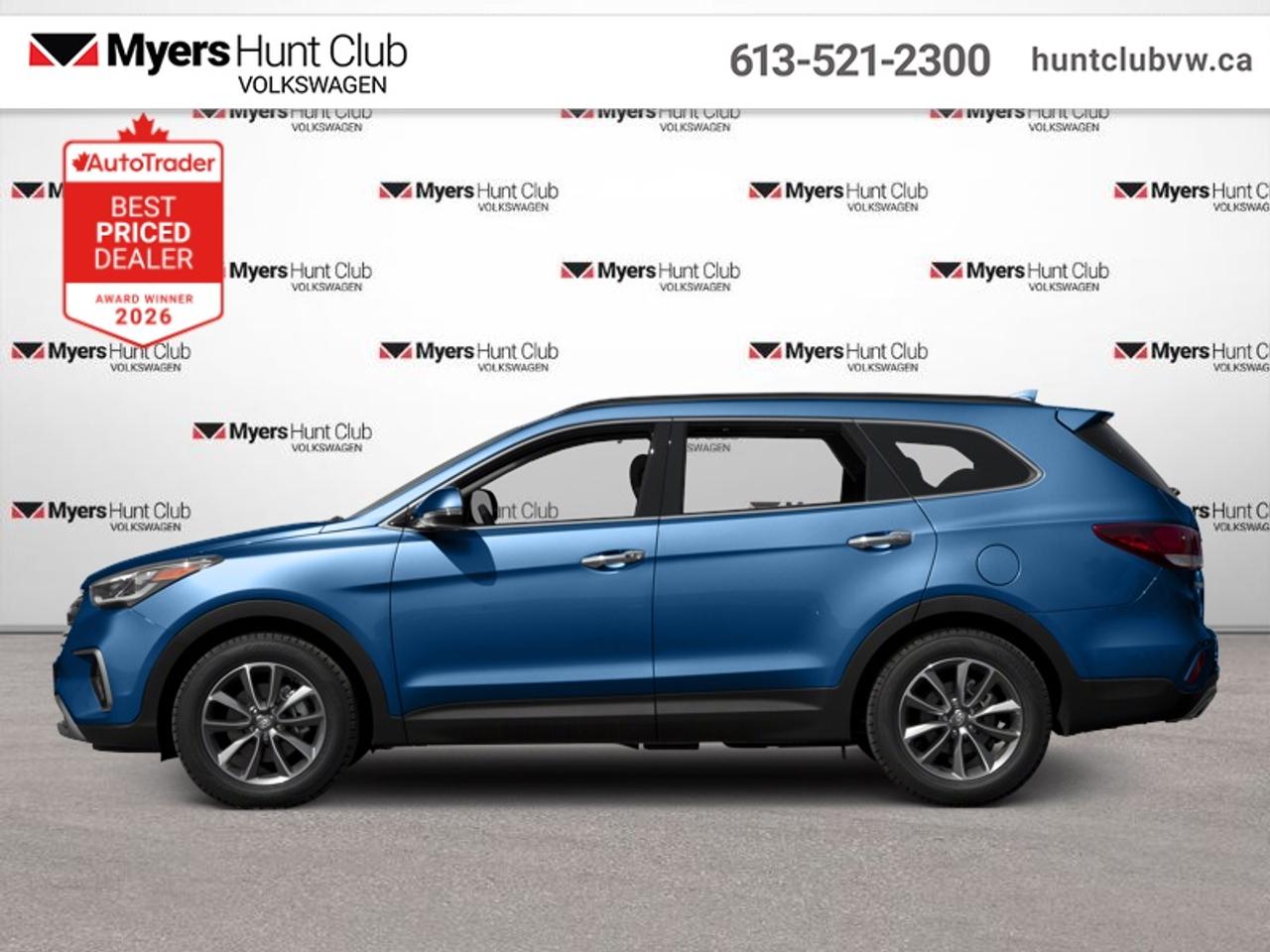 <b>Low Mileage, Leather Seats!</b><br> <br> Dynamic styling and advanced safety technologies make this Hyundai Santa Fe XL the real multi-purpose SUV. This 2017 Hyundai Santa Fe XL is fresh on our lot in Gloucester.<br> <br>Hyundai designed this Sante Fe XL to feed your spirit of adventure with a fine blend of versatility, luxury, safety, and security. It takes a spacious interior and wraps it inside a dynamic shape that turns heads. Under the hood, the engine combines robust power with remarkable fuel efficiency. For one attractive vehicle that does it all, this Hyundai Sante Fe XL is a smart choice.<br> <br>This SUV has 89,500 km. Its Storm Blue in colour. It has an Automatic transmission and is powered by a 290HP 3.3L V6 Cylinder Engine. It may have some remaining factory warranty, please check with dealer for details. <br> <br> Our Santa Fe XLs trim level is Luxury with 7 seats. The Santa Fe XL Luxury was designed to adapt whatever your lifestyle demands. Features include 2nd row captain chairs, LED fog lights, panoramic sunroof, power tailgate, drivers integrated memory system, 12-way power drivers seat with 4-way lumbar support, 4-way power front passengers seat with height adjust, leather seating surfaces, leather-wrapped steering wheel and gear shift knob, electrochromic inside rear view mirror with Home Link and compass, 12-speaker Infinity premium audio system, and an 8-inch touchscreen navigation system. This vehicle has been upgraded with the following features: Leather Seats.<br> <br>To apply right now for financing use this link: <a href=https://www.huntclubvw.ca/financing-request/ target=_blank>https://www.huntclubvw.ca/financing-request/</a><br> <br/><br>At Myers Hunt Club Volkswagen, our focus is customers like you. Our dedicated service, parts, and sales team are here to make your automotive experience a special one. We are very proud of our achievements and awards over the last 25 years and are committed to providing the same great service to our present and future customers. If youre looking for a vehicle, Myers Hunt Club Volkswagen is your destination for new, used, and certified pre-owned Volkswagen vehicles as well as other makes and models. Whatever your needs, we can help you here at Myers Hunt Club Volkswagen. </br><br> Come by and check out our fleet of 40+ used cars and trucks and 110+ new cars and trucks for sale in Gloucester.  o~o