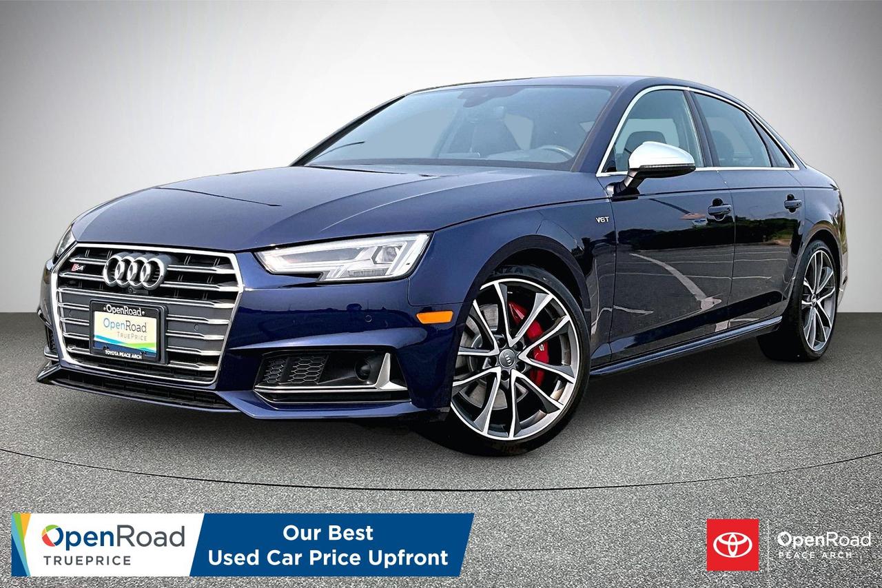 The 2018 Audi S4 Technik combines exhilarating performance with refined luxury and advanced technology. Its 3.0L turbocharged V6 delivers strong power and responsive acceleration, paired with an 8-speed Tiptronic automatic transmission and quattro all-wheel drive for confident handling in all seasons. The Technik trim offers premium leather seating, heated and ventilated front seats, a panoramic sunroof, navigation, Audi virtual cockpit, and a premium Bang & Olufsen sound system. Additional features include Apple CarPlay, Android Auto, Bluetooth, parking sensors, a rearview camera, adaptive cruise control, lane departure warning, and advanced Audi driver-assistance technologies. Sporty styling and exceptional comfort complete this impressive sedan.  Have confidence with your OpenRoad purchase! Every OpenRoad Certified Pre-Owned vehicle comes fully reconditioned and complete with a comprehensive 153 point mechanical inspection, a CarFax history & lien report, a 3-Day Money Back Guarantee, a 30-Day/2,000 kms Exchange Policy, a 90-Day/5,000 kms Powertrain Warranty, guaranteed clear title, and membership to our exclusive Club OpenRoad! As a proud member of the OpenRoad Auto Group, a trusted name since 2000 serving the Lower mainland (including White Rock, Surrey, Langley, Maple Ridge, Delta, Richmond, Mission and beyond) with outstanding Toyota vehicles, Toyota parts, and Toyota service since 1966! OpenRoad Toyota Peace Arch is a &ldquo;True Price&rdquo; dealer, meaning no inflated prices, and no need for back and forth haggling! We use up to the minute technology offering LIVE MARKET VALUE PRICING to ensure you are receiving the most competitive price possible on all of our Pre-Owned vehicles!  All advertised vehicle prices do not include our $699 documentation fee.