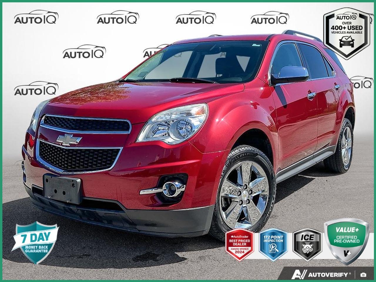 Recent Arrival!<br>CARFAX Canada One Owner Odometer is 8613 kilometers below market average!<br><br>| One Owner, | Non-Smoker, LOCAL TRADE, NEW TIRES, NEW BRAKES, 17 Aluminum Wheels, 8-Way Power Driver Seat Adjuster, Alloy wheels, Auto-dimming Rear-View mirror, Automatic Climate Control, Bluetooth® For Phone, Delay-off headlights, Deluxe Front Bucket Seats, Dual front impact airbags, Dual front side impact airbags, Emergency communication system: OnStar Directions & Connections, Equipment Group 2LT, Exterior Parking Camera Rear, Front anti-roll bar, Front Halogen Fog Lamps, Fully automatic headlights, Heated door mirrors, Heated Driver & Front Passenger Seats, Inside Self-Dimming Rear-View Mirror, Low tire pressure warning, Occupant sensing airbag, Overhead airbag, Panic alarm, Pioneer Premium 8-Speaker System, Premium audio system: Chevrolet MyLink, Radio data system, Radio: Chevrolet MyLink Audio System, Rear anti-roll bar, Remote keyless entry, Remote Vehicle Starter System, Security system, SiriusXM Satellite Radio, Split folding rear seat.<br><br>Crystal Red Tintcoat LT<br>LEATHER INTERIOR | REMOTE START | ONE OWNER | WELL MAINTAINED 2015 Chevrolet Equinox LT  2.4L 4-Cylinder SIDI DOHC VVT<br>6-Speed Automatic with Overdrive<br>FWD<br><br>Awards:<br>  * JD Power Initial Quality Study, JD Power Dependability Study   * JD Power Initial Quality Study   * 2015 IIHS Top Safety Pick   * 2015 KBB.com 10 Best Used Compact SUVs Under $15,000   * 2015 KBB.com 10 Best Used Family Cars Under $15,000<br><br><br>Reviews:<br>  * Premium look inside and out; strong optional V6 engine; quiet interior; comfortable highway ride; spacious and adjustable backseat. Source: Edmunds<br>  * If you haul rear-seat passengers more often than you fill the cargo area in your compact SUV, then you might want to give the 2015 Chevy Equinox a look. The ability to tow 3,500 pounds in V6 models is shoulders above most competitors. Source: KBB.com<p> </p>

<h4>VALUE+ CERTIFIED PRE-OWNED VEHICLE</h4>

<p>
- 36-point Provincial Safety Inspection<br>
- 172-point inspection combined mechanical, aesthetic, functional inspection including a vehicle report card<br>
- Warranty: 30 Days or 1500 KMS on mechanical safety-related items and extended plans are available<br>
- Complimentary CARFAX Vehicle History Report<br>
- 2X Provincial safety standard for tire tread depth<br>
- 2X Provincial safety standard for brake pad thickness<br>
- 7 Day Money Back Guarantee*<br>
- Market Value Report provided<br>
- Complimentary 3 months SIRIUS XM satellite radio subscription on equipped vehicles<br>
- Complimentary wash and vacuum<br>
- Vehicle scanned for open recall notifications from manufacturer
</p>

<p>SPECIAL NOTE: This vehicle is reserved for AutoIQs retail customers only. Please, No dealer calls. Errors & omissions excepted.</p>

<p>*As-traded, specialty or high-performance vehicles are excluded from the 7-Day Money Back Guarantee Program (including, but not limited to Ford Shelby, Ford mustang GT, Ford Raptor, Chevrolet Corvette, Camaro 2SS, Camaro ZL1, V-Series Cadillac, Dodge/Jeep SRT, Hyundai N Line, all electric models)</p>