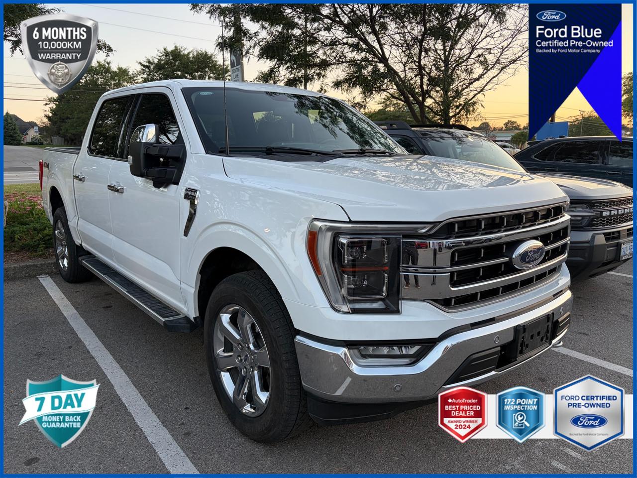 Recent Arrival!<br>CARFAX Canada No Reported Accidents CARFAX Canada One Owner<br><br>4WD, Connected Built-In Navigation, Equipment Group 502A High, Evasive Steering Assist, Ford Co-Pilot360 Assist 2.0, Heated Rear Seats, Intelligent Adaptive Cruise Control w/Stop & Go, Intersection Assist, LED Projector w/Dynamic Bending Headlamps, Power Tilt/Telescoping Steering Column w/Memory, Rain-Sensing Wipers, Speed Sign Recognition, Twin Panel Moonroof, Wheels: 20 Chrome-Like PVD, Wireless Charging Pad.<br><br>Oxford White<br>2023 Ford F-150 Lariat 5.0L V8 | Moonroof | Tow Mirrors 4D SuperCrew<br>5.0L V8 10-Speed Automatic<br>4WD<br><br>Certification Program Details: FORD BLUE CERTIFIED PRE-OWNED Special Financing Available: Take advantage of exclusive low finance rates OAC*, significantly lower than standard pre-owned rates! Backed by the stringent Ford Blue Advantage standards, which include a thorough inspection and reconditioning process by factory-trained technicians. Plus, this vehicle includes our exclusive AutoIQ Platinum Standard Ford Blue Certified Benefits include: - 172-Point inspection by Ford factory-trained technicians - 6-month / 10,000-kilometre* Extended Service Plan ** - 10,000 Ford Rewards Points (Can be used toward scheduled maintenance visits or other rewards**) - 24-hour Roadside Assistance - Complimentary CARFAX Vehicle History Report - Complimentary full tank of fuel AutoIQ Platinum Standard: - 36-point Provincial Safety Inspection - Warranty: 90-days or 5,000 KM on inspected mechanical items, factory extended options eligible for warranty up to 200,000 KM - 3X Provincial safety standard for tire tread depth - 3X Provincial safety standard for brake pad thickness - 7 Day Money Back Guarantee*** - Market Value Report provided - Guaranteed 2 keys/key fobs and door code (if equipped) - Equipped vehicles include a complimentary 3 month Sirius satellite radio subscription! - Complimentary full interior detailing and carpet shampoo - Paintless dent repair and/or touch-ups for applicable body panels - Vehicle scanned for open recall notifications from manufacturer<p> </p>

<h4>FORD BLUE CERTIFIED PRE-OWNED</h4>

<p><strong>Special Financing Available:</strong> Take advantage of exclusive low finance rates OAC*, significantly lower than standard pre-owned rates!</p>

<p>Backed by the stringent Ford Blue Advantage standards, which include a thorough inspection and reconditioning process by factory-trained technicians. Plus, this vehicle includes our exclusive <strong>AutoIQ Platinum Standard</strong></p>

<p>
<strong>Ford Blue Certified Benefits include:</strong><br>
- 172-Point inspection by Ford factory-trained technicians<br>
- 6-month / 10,000-kilometre* Extended Service Plan **<br>
- 10,000 Ford Rewards Points (Can be used toward scheduled maintenance visits or other rewards**)<br>
- 24-hour Roadside Assistance<br>
- Complimentary CARFAX Vehicle History Report<br>
- Complimentary full tank of fuel
</p>

<p>
<strong>AutoIQ Platinum Standard:</strong><br>
- 36-point Provincial Safety Inspection<br>
- Warranty: 90-days or 5,000 KM on inspected mechanical items, factory extended options eligible for warranty up to 200,000 KM<br>
- 3X Provincial safety standard for tire tread depth<br>
- 3X Provincial safety standard for brake pad thickness<br>
- 7 Day Money Back Guarantee***<br>
- Market Value Report provided<br>
- Guaranteed 2 keys/key fobs and door code (if equipped)<br>
- Equipped vehicles include a complimentary 3 month Sirius satellite radio subscription!<br>
- Complimentary full interior detailing and carpet shampoo<br>
- Paintless dent repair and/or touch-ups for applicable body panels<br>
- Vehicle scanned for open recall notifications from manufacturer
</p>

<p>SPECIAL NOTE: This vehicle is reserved for AutoIQs retail customers only. Please, no dealer calls. Errors & omissions excepted.</p>

<p>
As-traded, specialty or high-performance vehicles are excluded from the 7-Day Money Back Guarantee Program (including, but not limited to Ford Shelby, Ford Mustang GT, Ford Raptor, Chevrolet Corvette, Camaro 2SS, Camaro ZL1, V-Series Cadillac, Dodge/Jeep SRT, Hyundai N Line, all electric models)
</p>