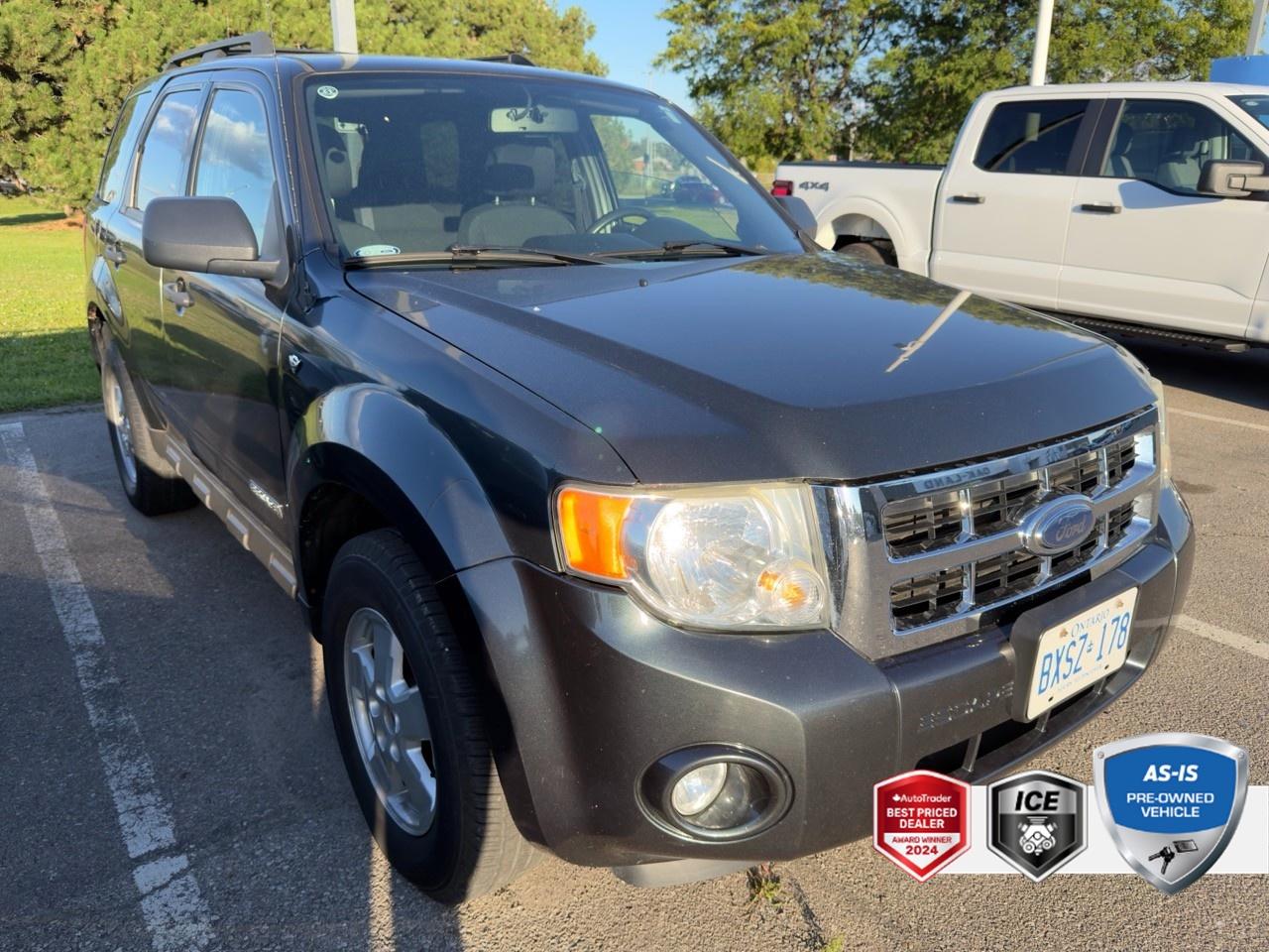 Recent Arrival! CARFAX Canada One Owner<br><br>NON-SMOKER, Duratec 3.0L V6, Delay-off headlights, Electronic Stability Control, Front fog lights, Fully automatic headlights, GVWR: 2,041 kgs (4,500 lb) Payload Package, Illuminated entry, Order Code 310A, Overhead airbag, Premium Cloth Buckets w/60/40 Split Rear Seat, Roof rack.<br><br>Certification Program Details:<br><br>This vehicle is part of our AS-TRADED inventory. Instead of sending this recent trade-in to a dealer auction, we are offering it to our retail customers first. This is a unique opportunity to purchase a vehicle exactly as it arrived.<br><br>The Wholesale Advantage:<br><br>  * Unbeatable Pricing: Priced 30-50% below typical market value because we have not added any reconditioning costs.<br>  * Raw & Uninspected: We have not performed a mechanical inspection. You are purchasing the vehicle in its original, untouched condition.<br>  * Mechanics Special: Ideal for DIY buyers or those with their own service connections who want to handle the work themselves.<br>  * Direct Access: You get the first opportunity to buy this local trade-in before it is offered to wholesalers.<br><br><br>See below for mandatory As-Is disclosure.<br><br><br>2008 Ford Escape XLT 4D Sport Utility Duratec 3.0L V6 4-Speed Automatic with Overdrive FWD<br><br>Awards:<br>  * 2008 KBB.com Brand Image Awards Reviews:<br>  * If youre looking for traditional SUV features, such as high ground clearance and a high seating position, but you want it in a smaller, more fuel-efficient package, the 2008 Ford Escape makes a good choice. Source: KBB.com<p> </p>

<h4>AS-IS PRE-OWNED VEHICLE</h4>

<p>This vehicle is part of our AS-TRADED inventory. Instead of sending this recent trade-in to a dealer auction, we are offering it to our retail customers first. This is a unique opportunity to purchase a vehicle exactly as it arrived.</p>

<p>The Wholesale Advantage:</p>

<p>
- Unbeatable Pricing: Priced 30-50%<strong> </strong>below typical market value because we have not added any reconditioning costs.<br>
- Raw & Uninspected: We have not performed a mechanical inspection. You are purchasing the vehicle in its original, untouched condition.<br>
- Mechanics Special: Ideal for DIY buyers or those with their own service connections who want to handle the work themselves.<br>
- Direct Access: You get the first opportunity to buy this local trade-in before it is offered to wholesalers.
</p>

<p><em>See below for mandatory As-Is disclosure.</em></p>

<p>This vehicle is being sold AS-IS, unfit, not e-tested, and is not represented as being in roadworthy condition, mechanically sound or maintained at any guaranteed level of quality. The vehicle may not be fit for use as a means of transportation and may require substantial repairs at the purchasers expense. It may not be possible to register the vehicle to be driven in its current condition. This vehicle does not qualify for AutoIQs 7-Day Money Back Guarantee</p>

<p>The buyer of this vehicle will be responsible for all costs associated with passing a Ministry of Transportation Safety Inspection, which is needed to license a vehicle in the Province of Ontario. We are offering this vehicle at a reduced price, as the buyer will be responsible for all costs associated with making this vehicle roadworthy. We have not inspected this vehicle mechanically and do not know what repairs/costs are involved in getting it roadworthy. It may or may not have mechanical, cosmetic, safety and/or emissions issues. By allowing you to choose where and how you want the certifications completed, you have an opportunity to save money!</p>

<p>SPECIAL NOTE: This vehicle is reserved for AutoIQs retail customers only. Please, no dealer calls. Errors and omissions excepted.</p>

<p>*As-traded, specialty or high-performance vehicles are excluded from the 7-Day Money Back Guarantee Program (including, but not limited to Ford Shelby, Ford mustang GT, Ford Raptor, Chevrolet Corvette, Camaro 2SS, Camaro ZL1, V-Series Cadillac, Dodge/Jeep SRT, Hyundai N Line, all electric models)</p>