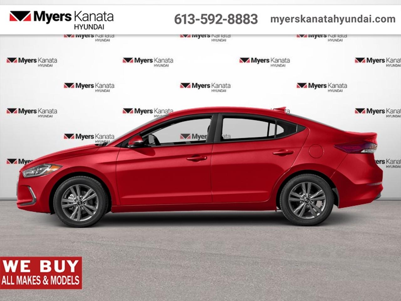 <b>Rear View Camera,  Blind Spot Detection,  Aluminum Wheels,  Heated Steering Wheel!</b><br> <br> The list of new multimedia and safety features is endless in the new 2017 Hyundai Elantra. This 2017 Hyundai Elantra is fresh on our lot in Kanata.<br> <br>The all-new 2017 Elantra is a groundbreaking vehicle, designed to bring new levels of sophistication to compact car customers. Hyundais engineers set out to achieve a new standard for rigidity with a structure heavily composed of our Advanced High Strength Steel also known as the SUPERSTRUCTURE, which delivers a new level of ride comfort with smooth and precise handling and enhanced safety.<br> <br>This sedan has 138,954 km. Its Fiery Red in colour. It has an Automatic transmission and is powered by a smooth engine. <br> <br> Our Elantras trim level is GL. Get ready for more fun with Elantra GL. It offers a wide array of pampering and exciting features like aluminum alloy wheels, heated steering wheel, leather-wrapped steering wheel and gearshift knob, cruise control, automatic headlights, LED daytime running lights, LED side mirror turn signal indicators, power windows with drivers auto up/down and pinch protection, illuminated vanity mirrors with extensions, bluetooth, SiriusXM satellite radio, a 7-in touchscreen display with rearview camera and Android Auto, a 3.5-in Mono TFT LCD instrument panel display, blind spot detection, rear cross-traffic alert, and more. This vehicle has been upgraded with the following features: Rear View Camera, Blind Spot Detection, Aluminum Wheels, Heated Steering Wheel.<br> <br>To apply right now for financing use this link: <a href=https://www.myerskanatahyundai.com/finance/ target=_blank>https://www.myerskanatahyundai.com/finance/</a><br> <br/>Buy this vehicle now for the lowest weekly payment of <b>$41.10</b> with $0 down for 84 months @ 8.99% APR O.A.C. ( Plus applicable taxes - and licensing fees ). See dealer for details. <br><br>Smart buyers buy at Myers where all cars come Myers Certified including a 1 year tire and road hazard warranty (some conditions apply, see dealer for full details.)<br> <br>This vehicle is located at Myers Kanata Hyundai 400-2500 Palladium Dr Kanata, Ontario.<br>*LIFETIME ENGINE TRANSMISSION WARRANTY NOT AVAILABLE ON VEHICLES WITH KMS EXCEEDING 140,000KM, VEHICLES 8 YEARS & OLDER, OR HIGHLINE BRAND VEHICLE(eg. BMW, INFINITI. CADILLAC, LEXUS...)<br> Come by and check out our fleet of 50+ used cars and trucks and 160+ new cars and trucks for sale in Kanata.  o~o