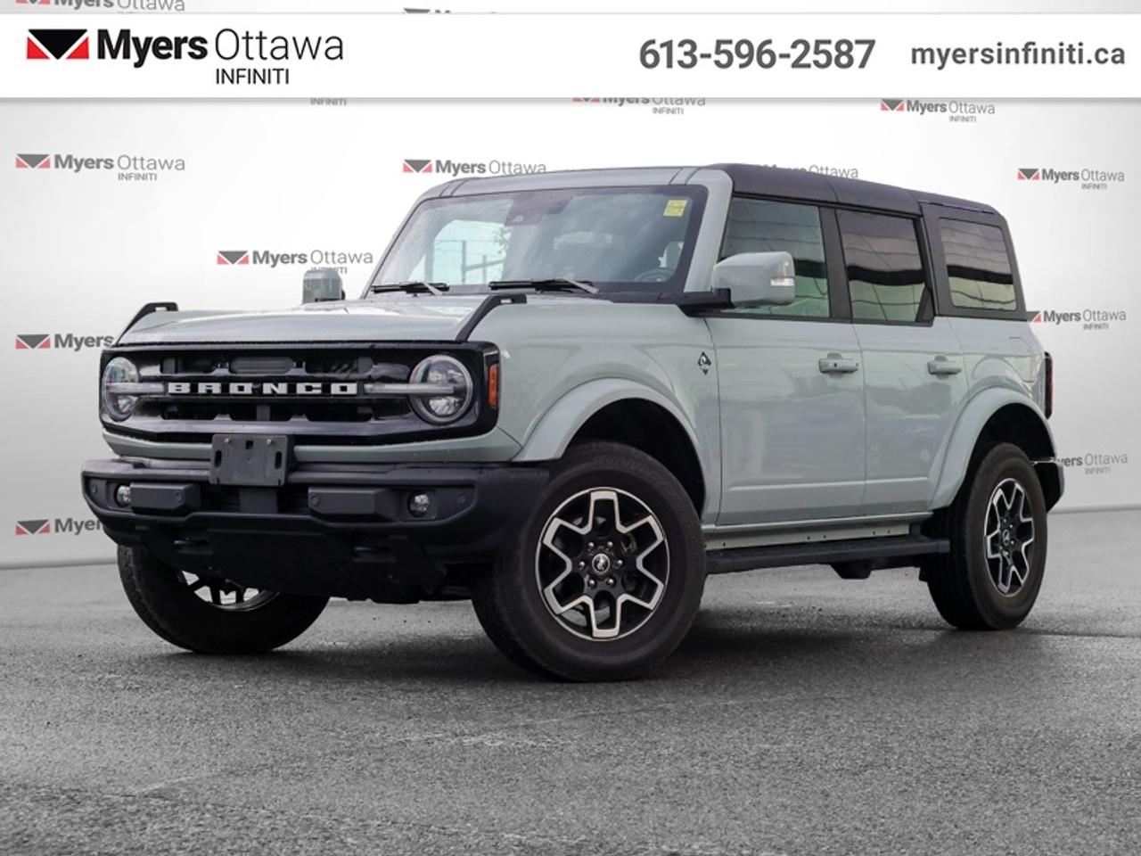 <b>Navigation,  Heated Seats,  Remote Start,  Blind Spot Detection,  Lane Keep Assist!</b><br> <br>  Compare at $53143 - Our Price is just $51595! <br> <br>Not only is this 2024 Ford Bronco a cool and capable off-roader, but its also incredibly satisfying to drive every day. This 2024 Ford Bronco is fresh on our lot in Ottawa.<br> <br>With a nostalgia-inducing design along with remarkable on-road driving manners with supreme off-road capability, this 2024 Ford Bronco is indeed a jack of all trades and masters every one of them. Durable build materials and functional engineering coupled with modern day infotainment and driver assistive features ensure that this iconic vehicle takes on whatever you can throw at it. Want an SUV that can genuinely do it all and look good while at it? Look no further than this 2024 Ford Bronco!<br> <br>This SUV has 51,623 km. Its nice in colour. It has an Automatic transmission and is powered by a 315HP 2.7L V6 Cylinder Engine. <br> <br> Our Broncos trim level is Outer Banks. This Bronco Outer Banks takes things to a whole new level, with polished aluminum wheels, body colored fender flares, door handles and power heated side mirrors, along with LED headlights with high beam assist, front fog lights, and upgraded LED brake lights. This rugged off-roader also treats you with amazing comfort and connectivity features that include heated front seats, remote engine start, dual-zone climate control, front and rear cupholders, and an upgraded infotainment system with Apple CarPlay, Android Auto, SiriusXM and inbuilt navigation, to get you back home from your off-road adventures. Road safety is assured thanks to a suite of systems including blind spot detection, pre-collision assist with pedestrian detection and cross-traffic alert, lane keeping assist with lane departure warning, rear parking sensors, and driver monitoring alert. Additional features include proximity keyless entry with push button start, trail control, trail turn assist, and so much more. This vehicle has been upgraded with the following features: Navigation, Heated Seats, Remote Start, Blind Spot Detection, Lane Keep Assist, Aluminum Wheels, Sunroof.<br> To view the original window sticker for this vehicle view this <a href=http://www.windowsticker.forddirect.com/windowsticker.pdf?vin=1FMEE8BP6RLA13178 target=_blank>http://www.windowsticker.forddirect.com/windowsticker.pdf?vin=1FMEE8BP6RLA13178</a>. <br/><br> <br>To apply right now for financing use this link: <a href=https://www.myersinfiniti.ca/finance/ target=_blank>https://www.myersinfiniti.ca/finance/</a><br> <br/>Buy this vehicle now for the lowest bi-weekly payment of <b>$432.17</b> with $0 down for 84 months @ 8.99% APR O.A.C. ( taxes included, and licensing fees ). See dealer for details. <br><br>*LIFETIME ENGINE TRANSMISSION WARRANTY NOT AVAILABLE ON VEHICLES WITH KMS EXCEEDING 140,000KM, VEHICLES 8 YEARS & OLDER, OR HIGHLINE BRAND VEHICLE(eg. BMW, INFINITI. CADILLAC, LEXUS...)<br> Come by and check out our fleet of 40+ used cars and trucks and 60+ new cars and trucks for sale in Ottawa.  o~o