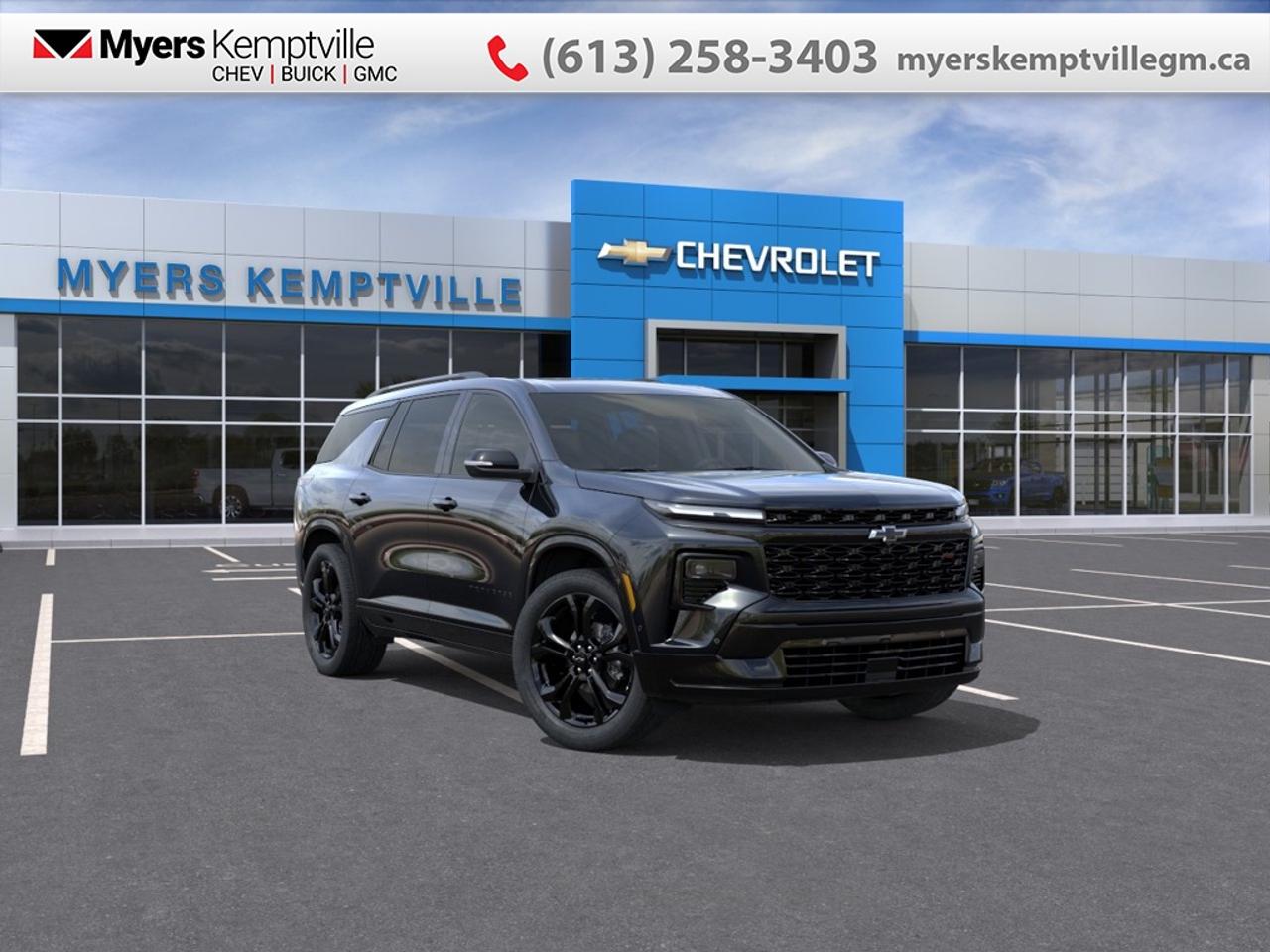 At Myers, we believe in giving our customers the power of choice. When you choose to shop with a Myers Auto Group dealership, you dont just have access to one inventory, youve got the purchasing power of an entire auto group behind you!<br> <br>The 2027 Chevrolet Traverse adapts seamlessly from daily neighborhood school runs to expansive cross-country vacations thanks to its highly flexible layout and accommodating build.<br> <br>From the outside, the 2027 Chevrolet Traverse presents a bold, commanding silhouette, sophisticated lighting signatures, and ruggedly handsome proportions that stand out on any road. Inside, the spacious and airy cabin welcomes you with durable premium materials, user-friendly widescreen displays, and ultra-flexible multi-row seating crafted to keep every passenger relaxed. With its expansive cargo capability, smart safety features, and Chevrolets signature dedication to smooth everyday driving, the Traverse delivers the ultimate family road-trip vehicle for your active lifestyle.<br> <br>This Mosaic Black Metallic SUV has an Automatic transmission. <br> <br> Our Traverses trim level is RS.<br><br> <br>To apply right now for financing use this link: <a href=https://www.myerskemptvillegm.ca/finance/ target=_blank>https://www.myerskemptvillegm.ca/finance/</a><br> <br/><br> Buy this vehicle now for the lowest bi-weekly payment of <b>$474.32</b> with $0 down for 84 months @ 4.99% APR O.A.C. ( Plus applicable taxes - **Rebates may not be applicable on all purchase types [cash, lease, or finance]. Eligibility and conditions may vary. Please see dealer for full details and confirmation of eligibility. ). Incentives expire 2026-08-31. See dealer for details. <br><br>Your journey to better driving experiences begins in our inventory, where youll find a stunning selection of brand-new Chevrolet, Buick, and GMC models. If youre looking to get additional luxuries at a wallet-friendly price, dont just pick pre-owned -- choose from our selection of over 300 Myers Approved used vehicles! Our incredible sales team will match you with the car, truck, or SUV thats got everything youre looking for, and much more. o~o