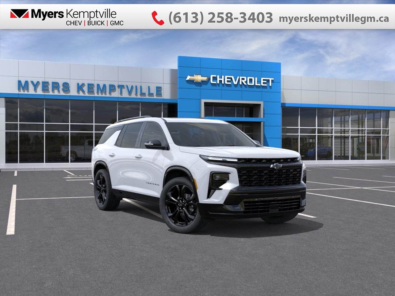 At Myers, we believe in giving our customers the power of choice. When you choose to shop with a Myers Auto Group dealership, you dont just have access to one inventory, youve got the purchasing power of an entire auto group behind you!<br> <br>The 2027 Chevrolet Traverse delivers generous family-sized space, modern style, and a confident driving experience in a versatile crossover your whole family will love.<br> <br>From the outside, the 2027 Chevrolet Traverse presents a bold, commanding silhouette, sophisticated lighting signatures, and ruggedly handsome proportions that stand out on any road. Inside, the spacious and airy cabin welcomes you with durable premium materials, user-friendly widescreen displays, and ultra-flexible multi-row seating crafted to keep every passenger relaxed. With its expansive cargo capability, smart safety features, and Chevrolets signature dedication to smooth everyday driving, the Traverse delivers the ultimate family road-trip vehicle for your active lifestyle.<br> <br>This Polar White Tricoat SUV has an Automatic transmission. <br> <br> Our Traverses trim level is RS.<br><br> <br>To apply right now for financing use this link: <a href=https://www.myerskemptvillegm.ca/finance/ target=_blank>https://www.myerskemptvillegm.ca/finance/</a><br> <br/><br> Buy this vehicle now for the lowest bi-weekly payment of <b>$478.88</b> with $0 down for 84 months @ 4.99% APR O.A.C. ( Plus applicable taxes - **Rebates may not be applicable on all purchase types [cash, lease, or finance]. Eligibility and conditions may vary. Please see dealer for full details and confirmation of eligibility. ). Incentives expire 2026-08-31. See dealer for details. <br><br>Your journey to better driving experiences begins in our inventory, where youll find a stunning selection of brand-new Chevrolet, Buick, and GMC models. If youre looking to get additional luxuries at a wallet-friendly price, dont just pick pre-owned -- choose from our selection of over 300 Myers Approved used vehicles! Our incredible sales team will match you with the car, truck, or SUV thats got everything youre looking for, and much more. o~o