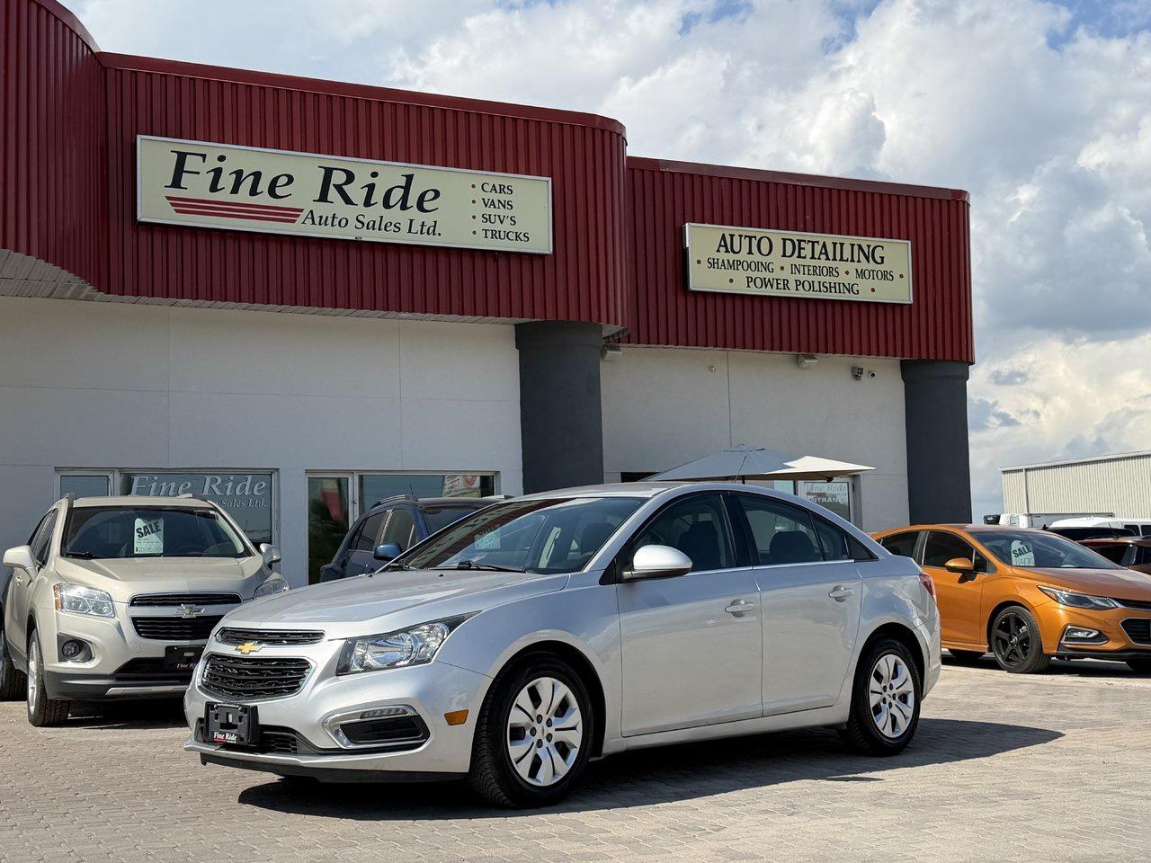<p>2015 Chevrolet Cruze LT Sedan</p><p>1.4LTR 4cyl turbo<br>ONLY 141,000kms!<br>A/C<br>Tilt<br>Cruise<br>Power windows<br>Power locks<br>Power mirrors<br>AM/FM radio<br>MY LINK  /  Bluetooth<br>5 passengers<br>Factory remote start<br>Back up camera<br>BRAND NEW timing chains, guides & tensioners<br>Economical transportation!</p><p>$9,975 Safetied<br>Financing and Warranty Available at Fine Ride Auto Sales Ltd<br>www.FineRideAutoSales.ca</p><p>Call: 204-415-3300 or 1-855-854-3300<br>Text: 204-226-1790<br>View in person at: Unit 3-3000 Main Street</p><p>DLR# 4614<br>**Plus applicable taxes**</p><p></p><p class=has-text-align-center has-medium-font-size wp-block-paragraph style=-webkit-text-stroke-width:0px;background-color:rgb(255, 255, 255);border-color:rgb(221, 222, 223);box-sizing:border-box;color:rgb(26, 26, 26);font-family:Roboto;font-size:20px !important;font-style:normal;font-variant-caps:normal;font-variant-ligatures:normal;font-weight:400;letter-spacing:normal;line-height:27.1328px;margin-block:0px 1.2em;orphans:2;text-align:center;text-decoration-color:initial;text-decoration-style:initial;text-decoration-thickness:initial;text-indent:0px;text-transform:none;white-space:normal;widows:2;word-spacing:0px;><em style=border-color:rgb(221, 222, 223);box-sizing:border-box;><i><strong style=border-color:rgb(221, 222, 223);box-sizing:border-box;>***NEW SUMMER HOURS EFFECTIVE MAY 15, 2026***</strong></i></em></p><p class=has-text-align-center has-medium-font-size wp-block-paragraph style=-webkit-text-stroke-width:0px;background-color:rgb(255, 255, 255);border-color:rgb(221, 222, 223);box-sizing:border-box;color:rgb(26, 26, 26);font-family:Roboto;font-size:20px !important;font-style:normal;font-variant-caps:normal;font-variant-ligatures:normal;font-weight:400;letter-spacing:normal;line-height:27.1328px;margin-block:0px;orphans:2;text-align:center;text-decoration-color:initial;text-decoration-style:initial;text-decoration-thickness:initial;text-indent:0px;text-transform:none;white-space:normal;widows:2;word-spacing:0px;>Monday                9am to 6pm<br>Tuesday               9am to 6pm<br>Wednesday               9am to 8pm<br>Thursday                9am to 6pm<br>Friday                9am to 6pm<br>Saturday                               CLOSED<br>Sunday                                 CLOSED</p>
