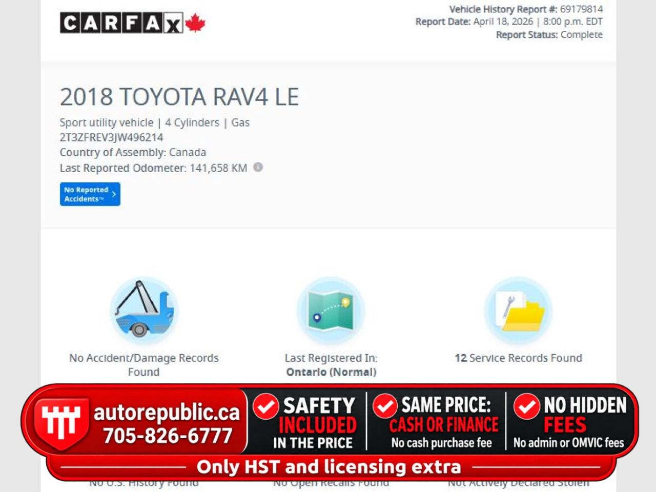 2018 Toyota RAV4 LE Certified One Owner No Accidents Photo